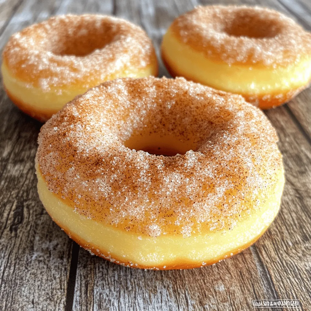 To make these tasty air fryer cinnamon sugar donuts, gather these items: - 1 cup all-purpose flour - 1/2 cup granulated sugar - 2 teaspoons baking powder - 1/2 teaspoon salt - 1/2 teaspoon ground cinnamon (plus extra for coating) - 1/4 cup milk - 1/4 cup unsalted butter, melted - 1 large egg - 1 teaspoon vanilla extract - 1/4 cup granulated sugar (for coating) - 1 tablespoon ground cinnamon (for coating) When measuring, use standard cups and spoons for accuracy. If you need a substitute: - Use whole wheat flour for a healthier option. - Replace granulated sugar with coconut sugar for a lower glycemic index. - Almond milk can work instead of regular milk. These swaps can change the flavor and texture, but they keep the donuts delicious. Fresh ingredients make a big difference. Check these tips: - For flour, choose a brand with a good texture. Look for a fine grind. - Buy fresh baking powder. Old powder may not rise well. - Use unsalted butter for better control of salt levels. - Select pure vanilla extract, which gives great flavor. Avoid imitation. Using quality ingredients ensures your donuts taste amazing. Start by preheating your air fryer to 350°F (175°C). This takes about 5 minutes. Preheating helps the donuts cook evenly. In a medium bowl, whisk together the following dry ingredients: - 1 cup all-purpose flour - 1/2 cup granulated sugar - 2 teaspoons baking powder - 1/2 teaspoon salt - 1/2 teaspoon ground cinnamon Make sure to mix them well. This step adds flavor and structure to your donuts. In another bowl, mix these wet ingredients: - 1/4 cup milk - 1/4 cup unsalted butter, melted - 1 large egg - 1 teaspoon vanilla extract Stir until the mixture is smooth and well combined. This step brings moisture and richness to the donuts. Now, combine the wet and dry ingredients. Pour the wet mixture into the dry bowl. Stir gently until just mixed. Avoid overmixing; a thick, slightly lumpy batter is perfect. Lightly grease your donut molds with non-stick spray. Spoon or pipe the batter into the molds, filling them halfway. This allows room for the donuts to rise. Once your molds are ready, place them in the air fryer basket. Cook for about 5-7 minutes. The donuts should turn golden brown. Use a toothpick to check if they are done. If it comes out clean, they are ready! While the donuts cook, mix up your cinnamon sugar coating. In a small bowl, blend: - 1/4 cup granulated sugar - 1 tablespoon ground cinnamon Set this aside until the donuts are done. This mix will give your donuts that sweet, classic flavor. After the donuts finish cooking, carefully remove them from the molds. Roll each warm donut in the cinnamon sugar mix. Make sure they are well coated for that delicious sweetness. Let the donuts cool slightly before serving. Enjoy them warm for the best taste! They pair wonderfully with coffee or milk. You can also add a drizzle of glaze or some sprinkles for extra fun. To get the best texture, mix your batter gently. Overmixing can make your donuts tough. When combining wet and dry ingredients, stop once you see no dry flour. Your batter should be thick, not runny. Filling the molds halfway is key, too. This allows the donuts to rise without overflowing. One common mistake is not preheating your air fryer. Preheating helps the donuts cook evenly. Make sure to grease your molds well. If you skip this step, the donuts may stick and break. Lastly, remember to check for doneness with a toothpick. If it comes out clean, the donuts are ready! Cook your donuts at 350°F (175°C) for 5-7 minutes. Every air fryer is different, so keep an eye on them. If your donuts are not golden brown after 7 minutes, give them a minute or two more. Always use a toothpick to check if they are fully cooked. Timing is key for that perfect, fluffy donut! {{image_2}} You can change up the flavor of your donuts easily. Try adding cocoa powder for a chocolate twist. A little nutmeg can give a warm spice flavor. If you love fruit, mix in some lemon zest or mashed bananas. For a nutty taste, add ground almonds or hazelnuts. Each option creates a unique and tasty treat. You can make these donuts healthier with simple swaps. Replace all-purpose flour with whole wheat flour or almond flour. Use honey or maple syrup instead of granulated sugar. Greek yogurt can replace butter for moist donuts. You can also use almond or oat milk to lower calories. These swaps keep the flavor while making the donuts better for you. Toppings can take your donuts to the next level. Try a simple icing made from powdered sugar and milk. You can also dip them in melted dark chocolate for a sweet treat. Adding crushed nuts or sprinkles gives a fun crunch. For an extra flavor kick, drizzle honey or caramel sauce on top. Experiment with different toppings to find your favorite! To keep your donuts fresh, place them in an airtight container. This helps maintain their soft texture. You can store the container at room temperature for up to two days. If you want to keep them longer, consider refrigerating them. Just be aware that refrigeration can make them a bit dry. To enjoy your donuts warm again, use the air fryer. Preheat it to 350°F (175°C). Place the donuts in for about 2-3 minutes. This will bring back their fluffy texture. You can also use a microwave for a quick heat-up. Just heat them for about 10-15 seconds, but they may not be as crisp. If you want to freeze your donuts, wrap them individually in plastic wrap. Then, place them in a freezer bag. They can last for up to three months in the freezer. When you’re ready to eat them, thaw the donuts overnight in the fridge. For a warm treat, reheat them in the air fryer as mentioned above. Yes, you can make these donuts in the oven. Preheat your oven to 350°F. Use a donut pan and bake for 10-12 minutes. Watch for a golden color and test with a toothpick. They should be fluffy and delicious. To make gluten-free donuts, swap all-purpose flour for a gluten-free blend. Look for a blend that works well in baking. This will keep the texture light and fluffy. Always check for cross-contamination if you have allergies. These donuts are best fresh. They can last about 1-2 days at room temperature. Store them in an airtight container to keep them soft. If you want to keep them longer, freeze them. Absolutely! You can use almond milk, soy milk, or oat milk. Each milk will change the flavor slightly. Choose one that you enjoy or have on hand. The key is to keep the liquid amount the same. A warm chocolate sauce pairs nicely with these donuts. You can also try a simple vanilla glaze. For a fruity twist, make a berry compote. Each dip adds a fun flavor that complements the cinnamon sugar. Making air fryer cinnamon sugar donuts is simple and fun. We covered key ingredients, their measurements, and how to choose the best quality. The step-by-step guide ensures you achieve the perfect donut texture, avoiding common mistakes. You can explore variations to match your taste and learn how to store leftovers effectively. In the end, you can enjoy delicious donuts without the guilt. Try out these tips and share your creations!