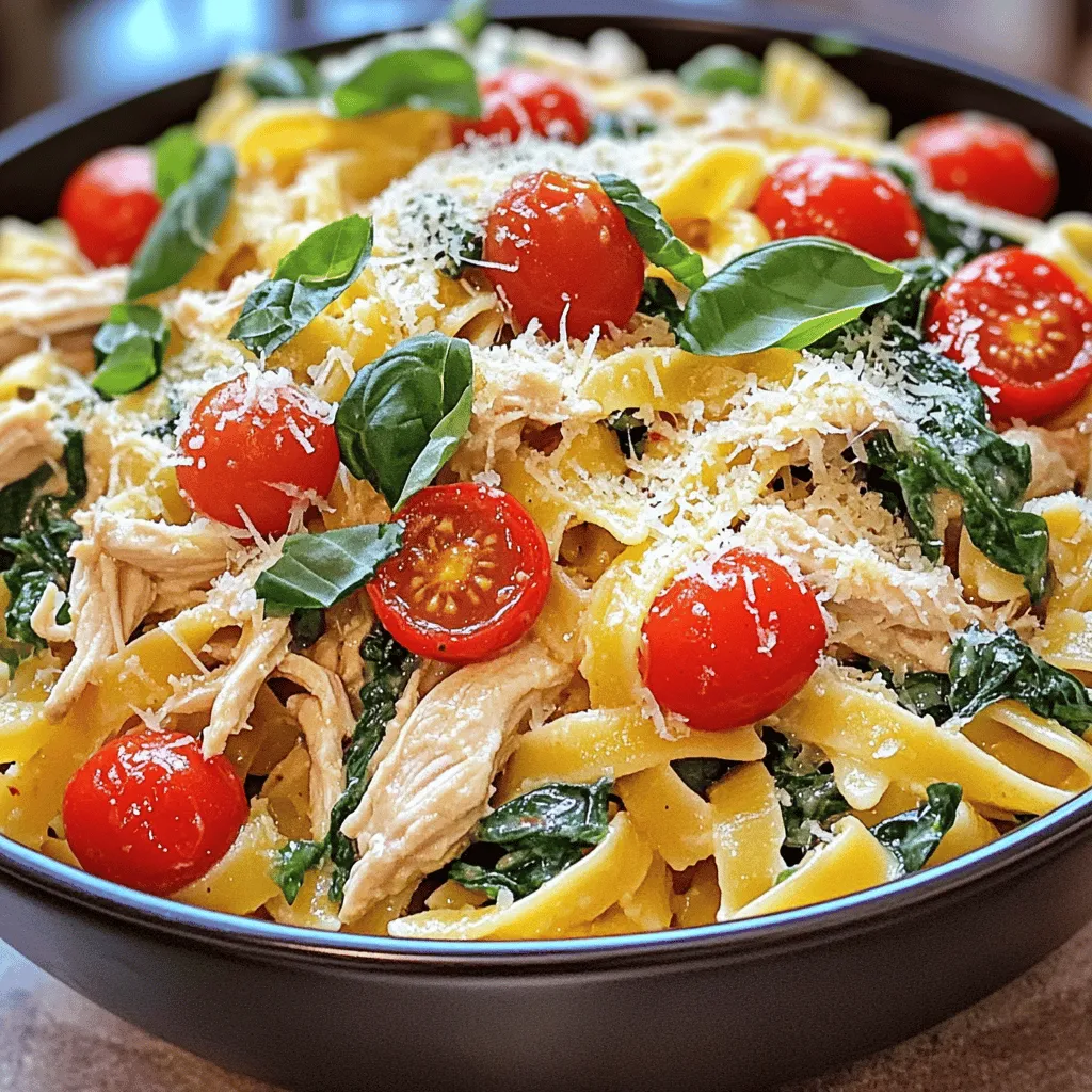 - 4 boneless, skinless chicken breasts - 1 cup cherry tomatoes, halved - 1 cup fresh spinach - 1 cup heavy cream - 1/2 cup chicken broth - 3 cloves garlic, minced - 1 teaspoon Italian seasoning - 1/2 teaspoon red pepper flakes (optional) - Salt and pepper to taste - 12 ounces pasta (penne or rotini) - 1/2 cup grated Parmesan cheese - 2 tablespoons olive oil - Fresh basil for garnish - Additional Parmesan cheese for serving - Slow cooker - Large skillet - Mixing bowl - Measuring cups and spoons - Forks for shredding chicken - Pasta pot for boiling I love using fresh ingredients for this recipe. The chicken, tomatoes, and spinach make a great team. The heavy cream and chicken broth add a nice, rich flavor. If you want a little kick, toss in red pepper flakes. You can also use basil as a garnish. It really makes the dish pop! For cooking tools, a slow cooker is key here. It does most of the work for you. A large skillet helps to sear the chicken. A mixing bowl is great for combining your liquids. Don't forget a pasta pot for cooking your pasta to perfect doneness. Start by seasoning the chicken breasts. Use salt, pepper, and Italian seasoning. Heat two tablespoons of olive oil in a skillet over medium heat. Sear the chicken for about 3 to 4 minutes on each side. This step helps add flavor. Once browned, transfer the chicken to the slow cooker. Next, add fresh ingredients to the slow cooker. Place one cup of halved cherry tomatoes on top of the chicken. Then, add three cloves of minced garlic. Finally, toss in one cup of fresh spinach. These ingredients will bring color and taste to the dish. Now it’s time to mix the liquid ingredients. In a bowl, combine one cup of heavy cream and half a cup of chicken broth. Pour this mixture over the chicken and veggies in the slow cooker. If you like heat, sprinkle in half a teaspoon of red pepper flakes. Cover the slow cooker and cook. Choose either low for 6 hours or high for 3 to 4 hours. The chicken will be fully cooked and tender when done. About 30 minutes before serving, cook 12 ounces of pasta according to the package directions until it is al dente. Drain the pasta and set it aside. Once the chicken is cooked, shred it using two forks right in the slow cooker. Stir to combine everything well. Add the cooked pasta and half a cup of grated Parmesan cheese. Mix until all ingredients are well coated. For the final touches, taste the dish and adjust seasonings if needed. Let it sit for an extra 10 to 15 minutes on low. This helps the flavors meld together for a delicious meal. To get tender chicken, always start with fresh, boneless breasts. Season them well with salt, pepper, and Italian seasoning. Searing adds great flavor. Just cook them for about 3-4 minutes on each side until browned. This step locks in moisture. When you transfer the chicken to the slow cooker, it will stay juicy. For a punch of flavor, use fresh ingredients. Cherry tomatoes burst with sweetness, while spinach adds color and nutrients. Adding garlic gives the dish a nice aroma. Mixing heavy cream with chicken broth makes a rich sauce. Don’t forget the red pepper flakes if you want some heat! Let the dish cook slowly to let all the flavors blend. Serve the pasta in a large bowl for a family-style meal. Top with extra grated Parmesan cheese for a creamy touch. A sprinkle of fresh basil adds color and freshness. It looks beautiful and tastes amazing. If you want, add a side salad to complete your meal. Enjoy your delicious creation! {{image_2}} You can easily swap ingredients in this dish. Here are some ideas: - Use chicken thighs instead of breasts for more flavor. - Swap heavy cream with half-and-half for a lighter option. - Replace cherry tomatoes with diced canned tomatoes for convenience. - Use vegetable broth instead of chicken broth for a different taste. You can make this dish vegetarian or vegan with a few changes: - Replace chicken with firm tofu or tempeh for protein. - Use coconut cream instead of heavy cream for a vegan twist. - Add more vegetables like zucchini, mushrooms, or bell peppers. - Use nutritional yeast instead of Parmesan cheese for a cheesy flavor. Switching up your pasta can change the dish’s texture and taste: - Use whole wheat pasta for more fiber and nutrients. - Try gluten-free pasta if you have dietary needs. - Choose shapes like fusilli or farfalle for a fun presentation. - Experiment with spaghetti or linguine for a different experience. To keep your Tuscan chicken pasta fresh, let it cool first. Place it in an airtight container. Store it in the fridge for up to three days. Make sure it is sealed tight to avoid any odors. Reheating your pasta is easy. You can use a microwave or a stovetop. If using the microwave, heat in short bursts. Stir in between to ensure even heating. On the stovetop, add a splash of broth or cream to avoid dryness. Heat over low until warm. If you want to save some for later, freezing is a great option. Portion the pasta into freezer-safe bags. Squeeze out as much air as possible before sealing. It can last up to three months in the freezer. When you're ready to eat, thaw it in the fridge overnight. Reheat as mentioned above for the best taste. Yes, you can use a pot on the stove. Start by searing the chicken as you do in the slow cooker. Then, add all the ingredients to the pot. Simmer on low heat for about 30-40 minutes, stirring often. This way, you get the same great flavors without a slow cooker. Penne or rotini pasta works best for this dish. These shapes hold the sauce well, so each bite is full of flavor. You can also use fusilli or farfalle if you like. Just make sure to cook the pasta until it's al dente for the best texture. To add heat, include red pepper flakes in the slow cooker. Start with half a teaspoon. If you like it spicier, add more to taste. You can also add sliced jalapeños or a dash of hot sauce for an extra kick. Yes, you can use frozen chicken. Just add it straight to the slow cooker without thawing. Increase the cooking time to about 7 hours on low or 4-5 hours on high. Make sure the chicken reaches 165°F for safety. A fresh salad pairs nicely with this dish. You can also serve garlic bread or roasted vegetables on the side. These sides complement the creamy pasta and add a nice crunch or flavor contrast. This blog post covered everything you need for making Tuscan Chicken Pasta. You learned about key ingredients, tools, and step-by-step cooking. We explored tips for a tasty dish and variations to fit your diet. Finally, I shared storage tips and answered common questions. Remember, cooking should be fun. Experiment with flavors and enjoy your meals. With practice, you’ll make this dish your own!