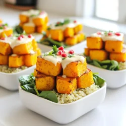 - 1 medium butternut squash, peeled and cubed - 1 cup quinoa, rinsed - 2 cups vegetable broth - 1 tablespoon olive oil - 1 teaspoon cumin - 1 teaspoon smoked paprika - Salt and pepper to taste - 1 cup baby spinach - 1/4 cup tahini - 2 tablespoons lemon juice - 2 tablespoons water - 2 tablespoons maple syrup or honey - 1/4 cup pomegranate seeds (for garnish) - Fresh herbs (e.g., parsley or cilantro) for garnish Gather these ingredients to create a flavorful butternut squash quinoa bowl. When you have these items ready, you set the stage for a tasty dish. Butternut squash adds a sweet, nutty flavor. Quinoa provides a hearty base full of protein. Vegetable broth gives depth and richness. Olive oil helps with roasting and adds healthy fats. The spices, cumin and smoked paprika, give warmth and smokiness. Salt and pepper enhance all the flavors. Baby spinach adds a fresh crunch. Tahini dressing brings a creamy, nutty element. Lemon juice brightens the dish. Maple syrup or honey adds a touch of sweetness. Pomegranate seeds offer a juicy burst and lovely color. Fresh herbs bring a hint of earthiness and vibrancy. Each ingredient plays its part in making this bowl a delight! 1. Preheat your oven to 400°F (200°C). This high heat helps caramelize the squash. 2. In a large bowl, mix the cubed butternut squash with olive oil, cumin, smoked paprika, salt, and pepper. Make sure each piece is coated well. 3. Spread the seasoned squash in a single layer on a baking sheet. This helps it roast evenly. 4. Roast the squash for 25-30 minutes, turning it halfway. Look for a tender and golden finish. 1. In a medium pot, bring 2 cups of vegetable broth to a boil. This adds flavor to the quinoa. 2. Once boiling, add 1 cup of rinsed quinoa. Lower the heat, cover, and let it simmer for about 15 minutes. 3. After the liquid absorbs, fluff the quinoa with a fork. This makes it light and fluffy. 1. In a small bowl, whisk 1/4 cup tahini, 2 tablespoons lemon juice, and 2 tablespoons water. 2. Add 2 tablespoons maple syrup or honey for sweetness. Mix until smooth. 3. If the dressing is too thick, add a bit more water to reach your desired consistency. 1. In serving bowls, start by layering the cooked quinoa. 2. Next, add the roasted butternut squash on top. 3. Then, place a handful of baby spinach over the squash. 4. Finally, drizzle the tahini dressing generously over each bowl. 5. For a pop of color, garnish with pomegranate seeds and fresh herbs. To make sure your butternut squash cooks evenly, follow these tips: - Cut the squash into uniform cubes. This helps them roast at the same rate. - Use a large baking sheet. Crowding the pan can lead to steaming, not roasting. - Flip the squash halfway through. This ensures all sides get that nice golden color. To achieve that perfect golden hue: - Roast at a high temperature, around 400°F (200°C). - Lightly coat the squash with olive oil. This helps with browning and flavor. - Keep an eye on the squash. Ovens vary, so check for doneness around 25 minutes. You can modify tahini dressing for a unique twist: - Add garlic for a punchy flavor. Just one clove can make a big difference. - Include a dash of soy sauce for umami. It adds depth to the dressing. - Spice it up with red pepper flakes. A little heat balances the creamy tahini. Using herbs and spices can boost your dish: - Fresh parsley or cilantro adds brightness. Sprinkle them on right before serving. - A pinch of smoked paprika in the dressing gives a nice smoky flavor. - Try adding lemon zest for extra citrus notes. It lifts the entire dish. Pair your butternut squash quinoa bowls with these ideas: - Serve with a side of roasted chickpeas. They add protein and crunch. - A dollop of yogurt can add creaminess. It balances the flavors well. - Top with crushed nuts for added texture. Walnuts or almonds work nicely. For portion sizes, aim for about one cup of quinoa and half a cup of squash per bowl. For presentation: - Use a deep bowl to show off the layers. - Drizzle tahini dressing in a zig-zag pattern for visual appeal. - Finish with pomegranate seeds for a pop of color. They also add sweetness. {{image_2}} You can make this dish fit many diets. For gluten-free options, use certified gluten-free quinoa. Quinoa is naturally gluten-free, so it works well here. If you want to keep it vegan, ensure your maple syrup is pure and not mixed with honey. This simple swap keeps your bowl plant-based and tasty. Feel free to get creative with veggies. Swap butternut squash for sweet potatoes or carrots. These will add a nice sweetness. You can also try kale or arugula instead of baby spinach for a different green. If tahini is not your thing, you can use sunflower seed butter or almond butter. These alternatives still give a rich, creamy texture. Spices can change the whole dish. Try adding turmeric or coriander for a new twist. You can also mix in some red pepper flakes for heat. Want more protein? Add chickpeas or grilled chicken on top. This makes the meal more filling and gives it a great taste. Don’t be afraid to experiment; this bowl is your canvas! To keep your butternut squash quinoa bowls fresh, store them in an airtight container. This helps prevent moisture loss and keeps flavors intact. Place the leftover bowls in the fridge. They stay good for about three to four days. If you want to keep them longer, consider freezing. Use freezer-safe containers or bags to store portions. Frozen bowls can last up to three months. When it's time to enjoy your leftovers, you have two great options: microwave or oven. - Microwave: Place your bowl in the microwave. Heat for about 1-2 minutes. Stir halfway to heat evenly. - Oven: Preheat your oven to 350°F (175°C). Place the bowl in an oven-safe dish and cover with foil. Heat for about 10-15 minutes. This method helps keep the texture and flavor. No matter which method you choose, your bowls will taste almost as good as when you first made them! Enjoy your delicious meal. Yes, you can use frozen butternut squash. Just thaw it first. Frozen squash may roast quicker than fresh. Keep an eye on it to avoid mushiness. The squash is done when it is tender and golden. You can poke it with a fork. If it goes in easily, it is ready. Roasting usually takes about 25-30 minutes. You can swap quinoa with rice or farro. Both options add good texture. If you want a low-carb choice, try cauliflower rice. Yes, tahini is healthy. It is rich in healthy fats, vitamins, and minerals. It also adds a nutty flavor to dishes. Enjoy it in moderation as part of a balanced diet. Yes, you can prepare this dish ahead of time. Cook the squash and quinoa in advance. Store them in the fridge. Assemble the bowls just before serving. This keeps everything fresh and tasty. This blog post guides you through a delicious butternut squash quinoa bowl. We covered key ingredients, simple steps, and ways to add flavor. You can make it your own with variations and tips. Enjoying healthy food should be easy and fun. With these ideas, you can create a tasty meal. Make it fresh and full of flavor. This dish will inspire you to explore even more in the kitchen. Happy cooking!
