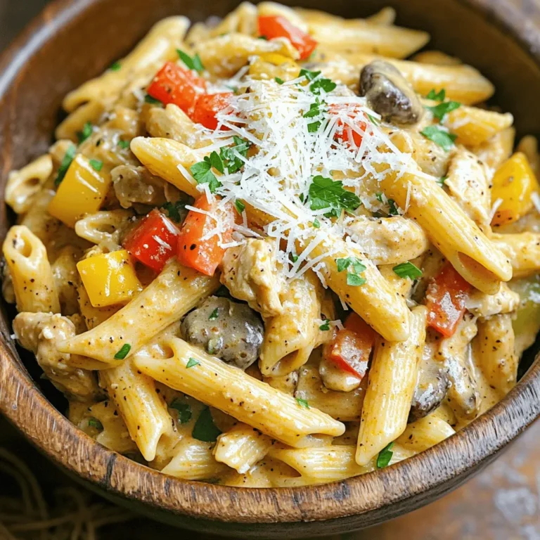 - 1.5 lbs boneless, skinless chicken breasts - 1 tablespoon Cajun seasoning - 1 teaspoon garlic powder - 1 teaspoon onion powder - 1 can (10.5 oz) cream of chicken soup - 1 cup chicken broth - 1 cup heavy cream - 8 oz penne pasta - 1 cup diced bell peppers (red, green, and yellow) - 1 cup sliced mushrooms - 1 cup shredded Parmesan cheese - Salt and pepper to taste - Fresh parsley for garnish To make this creamy Cajun chicken pasta, you need a slow cooker. A cutting board and knife are helpful for chopping the bell peppers and mushrooms. Use a measuring cup for liquids and measuring spoons for spices. You'll also need two forks to shred the chicken once it's cooked. Using fresh chicken breasts makes a big difference. Choose bright, firm chicken with no spots. For the Cajun seasoning, find a good brand with strong flavors. Fresh bell peppers add color and crunch. When picking mushrooms, look for ones that are firm and dry. Finally, use real Parmesan cheese for the best taste. Grate it yourself if you can. To start, place the boneless, skinless chicken breasts at the bottom of your slow cooker. This step is key, as the chicken needs to soak up all the flavors. In a small bowl, mix together Cajun seasoning, garlic powder, onion powder, salt, and pepper. Sprinkle this blend evenly over the chicken to give it a nice kick. Next, pour the cream of chicken soup and chicken broth over the seasoned chicken. This will create a rich base for your dish. Finally, add the diced bell peppers and sliced mushrooms on top. These veggies will add color and texture. Now it's time to cook! Cover your slow cooker and set it to low for 6 hours or high for 3 hours. The chicken should be fully cooked and tender when you check. After cooking, carefully remove the chicken from the slow cooker. Use two forks to shred the chicken into bite-sized pieces. This makes it easy to mix into your pasta later. After shredding the chicken, return it to the slow cooker. Stir in the heavy cream and uncooked penne pasta. Make sure the pasta is fully submerged in the sauce for even cooking. Cover the slow cooker again and cook on high for an additional 30-45 minutes. This is when the pasta will cook to that perfect al dente texture. Once the pasta is ready, stir in the shredded Parmesan cheese until it melts and blends well. Taste your dish and adjust the seasoning if needed. For a lovely presentation, serve the creamy Cajun chicken pasta in bowls. Garnish with freshly chopped parsley and an extra sprinkle of Parmesan cheese. Enjoy your delicious meal! To boost the taste of your creamy Cajun chicken pasta, use fresh herbs. Fresh parsley adds a nice touch. You can also try adding a squeeze of lemon juice. This will brighten the dish. Consider using smoked paprika for a deeper flavor. It pairs well with Cajun seasoning. One common mistake is overcooking the chicken. Make sure you follow the time given in the recipe. If you cook it too long, the chicken can become dry. Another mistake is not tasting the dish before serving. Always check if it needs more salt or spice. Lastly, don’t skip the heavy cream. It makes the sauce rich and creamy. If you want a milder dish, use less Cajun seasoning. You can also add more cream to tone it down. For more heat, add extra Cajun spice or some cayenne pepper. Start with a little and taste as you go. This way, you get the perfect level for you. Always remember that flavors develop as the dish sits. {{image_2}} You can easily make this dish vegetarian. Instead of chicken, use firm tofu or chickpeas. Both options add protein and texture. For sauce, keep the cream of chicken soup, or use a vegetable version. This keeps the creaminess you love while making it meat-free. Penne pasta works great, but feel free to switch it up. Try rotini, farfalle, or even whole wheat pasta. Each pasta shape brings a unique twist. Just make sure to adjust the cooking time based on the type of pasta you choose. If you have dietary needs, adjust the recipe easily. For gluten-free diets, use gluten-free pasta. You can swap heavy cream with coconut milk for a dairy-free version. Use vegetable broth instead of chicken broth. These swaps keep the dish tasty while meeting your needs. After enjoying your meal, let the creamy Cajun chicken pasta cool. Transfer it to an airtight container. Make sure to store it in the fridge. This will keep your leftovers fresh for about 3 to 4 days. If you have a large batch, divide it into smaller portions. This makes it easy to grab a quick meal later. When you're ready to enjoy the leftovers, you can reheat them easily. The best way is to use the stovetop. Place the pasta in a pot over low heat. Add a splash of chicken broth or cream to keep it creamy. Stir often until it's hot. Alternatively, you can use a microwave. Heat in short bursts, stirring in between, until warm. If you want to save some for later, freezing is a great option. Let the pasta cool completely before freezing. Use a freezer-safe container and leave some space at the top. The pasta will expand when frozen. It’s best to use it within 2 to 3 months for the best taste. When ready to eat, thaw it overnight in the fridge and reheat as mentioned above. Yes, you can use frozen chicken breasts. Just add an extra hour to your cooking time. This ensures the chicken cooks all the way through. If you use frozen chicken, make sure it's fully cooked before shredding. You can use homemade cream soup or a can of cream of mushroom soup. If you want a lighter option, mix sour cream and chicken broth. This gives you a nice creamy texture without losing flavor. To make this dish spicier, add more Cajun seasoning. You can also include red pepper flakes or hot sauce. Start with a little and taste as you go. This way, you can control the heat level to your liking. In this blog post, we covered key ingredients and essential tools for your dish. We provided step-by-step instructions for cooking and tips to enhance flavors. I shared variations, storage tips, and common questions. Remember, quality ingredients make a big difference in taste. Avoid common mistakes to achieve the best results. No matter how you customize it, enjoy your cooking journey and have fun in the kitchen!