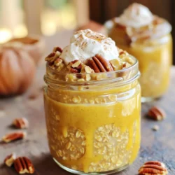 - 1 cup rolled oats - 1 cup unsweetened almond milk - ½ cup pure pumpkin puree - 2 tablespoons maple syrup - 1 teaspoon pumpkin pie spice - ¼ teaspoon salt - ½ teaspoon vanilla extract - ⅓ cup chopped pecans (toasted for extra flavor) These key ingredients make this dish special. Rolled oats provide a hearty base. Almond milk adds creaminess without dairy. Pumpkin puree gives a rich, autumn flavor. Maple syrup brings sweetness, while pumpkin pie spice adds warmth. Salt enhances the taste, and vanilla extract gives a hint of sweetness. Finally, pecans add a nice crunch! - Whipped coconut cream - Additional pecans - A sprinkle of cinnamon You can customize your oats with these toppings. Whipped coconut cream adds a light, fluffy texture. Extra pecans boost the crunch factor. A sprinkle of cinnamon deepens the flavor and adds warmth. You can mix and match these toppings to suit your taste. Each serving contains about: - Calories: 350 - Protein: 8 grams - Carbohydrates: 45 grams - Fiber: 7 grams - Sugar: 10 grams - Fat: 15 grams This dish is not only tasty but also healthy. It's a good source of fiber and protein. The healthy fats from pecans keep you full longer. Enjoying Pumpkin Pecan Pie Overnight Oats is a smart choice for breakfast! To make the oat mixture, start with a medium bowl. Add 1 cup of rolled oats and 1 cup of unsweetened almond milk. Next, mix in ½ cup of pure pumpkin puree. Then, add 2 tablespoons of maple syrup for sweetness. Sprinkle in 1 teaspoon of pumpkin pie spice. Don’t forget a ¼ teaspoon of salt and ½ teaspoon of vanilla extract. Stir everything together. Make sure the oats are well coated with the wet mix. Finally, fold in ⅓ cup of chopped pecans. This adds a nice crunch. Once you prepare the oat mixture, divide it into two jars. Use airtight containers for easy storage. Seal the jars tightly. Place them in the fridge overnight. This allows the oats to soak up the liquid. It also helps the flavors blend well. If you plan to eat them later, store them for up to five days in the fridge. For the best overnight oats, use fresh ingredients. Make sure your pumpkin puree is pure and not a mix. Adjust the maple syrup to suit your taste. If you want a thicker texture, add more oats. For a creamier texture, use more almond milk. In the morning, stir the oats well. Add a splash of almond milk if they are too thick. Top with whipped coconut cream and extra pecans. A sprinkle of cinnamon adds a nice touch. Enjoy your delicious pumpkin pecan pie overnight oats! To boost the flavor, consider toasting the pecans before adding them. This small step adds a nice crunch and a warm flavor. You can also add a dash of nutmeg for a deeper spice profile. If you want a creamier texture, mix in a little more almond milk in the morning. This makes the oats softer and more enjoyable to eat. One common mistake is not mixing the ingredients well. If you skip this step, some oats may not absorb the flavors. Be sure to stir until everything is combined. Another mistake is not letting the oats soak long enough. They need at least four hours, but overnight is best. This allows the oats to soften and absorb all the goodness. When it's time to serve, give the oats a good stir. This helps to mix in any settled ingredients. Top with whipped coconut cream for a sweet touch. You can also add more chopped pecans or a sprinkle of cinnamon. This adds flavor and makes your dish look great. Serve it in a clear jar to show off those lovely layers. {{image_2}} You can easily make this recipe dairy-free and vegan. Just use almond milk, as I listed. It already fits the bill. You can also swap maple syrup for agave syrup for a different sweet taste. If you want a creamier texture, try adding coconut cream instead of dairy cream. This keeps it vegan and rich! Want to change up the flavor? You can add things like cocoa powder or even peanut butter for a twist. If you love spices, add a pinch of nutmeg or a dash of ginger. You can also mix in dried fruits like cranberries or raisins. These swaps make your oats unique and fun every time! If you want to try different grains, use quinoa or buckwheat instead of oats. Both add a nice texture. For nut options, swap pecans for walnuts or almonds. Toast them for extra crunch and flavor. This way, you keep the dish exciting and customize it to your taste! Overnight oats can last up to five days in the fridge. Keep them in airtight containers. This way, they stay fresh and tasty. After a few days, the oats may lose some texture. If you notice any off smells, it’s best to toss them. You can freeze overnight oats for up to three months. To freeze, use freezer-safe containers. Leave some space at the top for expansion. When you’re ready to eat, move them to the fridge overnight. This helps them thaw gently for the next day. If you prefer warm oats, you can reheat them. Place the oats in a bowl. Add a splash of almond milk for moisture. Microwave them for about 30 seconds. Stir and check the temperature. Heat more if needed, but don’t overcook. Enjoy your warm pumpkin pecan pie oats! Yes, you can use quick oats. They will make the oats softer and creamier. Quick oats absorb liquid faster than rolled oats. This change may alter the texture slightly. If you prefer a thicker mix, stick with rolled oats. To make this recipe gluten-free, choose certified gluten-free oats. Regular oats may have gluten due to cross-contamination. Check the labels when buying your ingredients. All other ingredients in this recipe are naturally gluten-free. You can serve these oats both ways. They taste great cold after refrigeration. If you prefer them warm, just heat them up in the microwave. Add a splash of almond milk for extra creaminess if needed. Enjoy them however you like! In this post, we explored how to make pumpkin pecan pie overnight oats. We covered key ingredients and tasty toppings. I provided clear steps to prepare and store your oats. You learned tips to enhance flavor and avoid common mistakes. Options for dairy-free and vegan diets were also shared. Lastly, I discussed how to store and reheat your oats. These oats are easy, delicious, and great for any day. Enjoy making them!