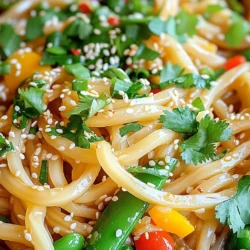To make these tasty sesame garlic noodles, gather these key ingredients: - 8 oz (225 g) noodles (preferably udon or spaghetti) - 3 tablespoons sesame oil - 4 cloves garlic, minced - 1 tablespoon fresh ginger, grated - 1/4 cup soy sauce (low sodium if preferred) - 2 tablespoons rice vinegar - 1 tablespoon honey or maple syrup - 1 teaspoon chili flakes (adjust to taste) - 2 green onions, finely chopped - 1 tablespoon sesame seeds (toasted for extra flavor) - Fresh cilantro leaves, for garnish You can elevate your dish with these optional ingredients: - 1 cup mixed vegetables (bell peppers, broccoli, or snap peas) Adding vegetables not only boosts flavor but also adds color and nutrients. If you have dietary needs, consider these substitutions: - Swap regular soy sauce with tamari for gluten-free noodles. - Use agave syrup instead of honey for a vegan option. - Try zucchini noodles for a low-carb version. These swaps help you enjoy the dish while keeping it aligned with your dietary choices. Start by boiling a big pot of water. Add a pinch of salt to the water to enhance flavor. Once the water bubbles, add 8 oz of noodles. You can use udon or spaghetti. Cook them according to the package directions. You want them to be al dente, which means firm but tender. When done, drain the noodles and set them aside. Next, grab a small bowl. In this bowl, whisk together the soy sauce, rice vinegar, honey, grated ginger, and chili flakes. Mix well until everything is blended. This sauce gives the noodles a rich flavor. Set the bowl aside for now; you will use it soon. Now, heat 3 tablespoons of sesame oil in a large pan or wok over medium heat. Add 4 cloves of minced garlic. Stir it for 1-2 minutes until it smells great. Be careful not to let it burn. If you want to add veggies, toss in 1 cup of mixed vegetables at this point. Stir-fry them for 3-4 minutes until they are just tender. Add the drained noodles to the pan. Toss the noodles well to coat them with the garlic and oil. This step is key for flavor. Pour the prepared sauce over the noodles. Stir quickly to coat them evenly. Cook everything together for another 2-3 minutes until it is hot and the flavors mix well. Take the pan off the heat. Sprinkle chopped green onions and toasted sesame seeds on top. You can also add fresh cilantro leaves for extra flavor. Give it a light toss to mix everything. Now your noodles are ready to serve! To make great noodles, choose udon or spaghetti. These noodles hold the sauce well. Cook them until they are al dente. This means they should be firm but not hard. Drain them and rinse with cold water to stop cooking. You can boost the flavor of your dish easily. Add more garlic for a stronger taste. If you like heat, increase the chili flakes. For a tangy twist, try adding lime juice. Mixing in some fresh veggies like bell peppers or broccoli will add color and crunch. Do not overcook your noodles; they will become mushy. Avoid burning the garlic when sautéing. It can turn bitter if cooked too long. Remember to toss the noodles well with the sauce to coat evenly. Lastly, skip the garnish and your dish may look plain. Always add those finishing touches! {{image_2}} You can easily make Sesame Garlic Noodles vegetarian or vegan. Use vegetable broth instead of chicken broth. Replace honey with maple syrup for a vegan option. Add more veggies like carrots or spinach. These extra ingredients boost flavor and nutrition. For added protein, try tofu or chicken. If using tofu, press it first to remove moisture. Cut it into cubes, then sauté until golden. For chicken, slice it thin and cook it until no longer pink. Add protein to the pan after sautéing garlic for a tasty meal. Want to spice things up? Add more chili flakes or a dash of sriracha. For a citrus twist, squeeze fresh lime or lemon juice over the noodles before serving. You can also add a splash of orange juice for a sweet and tangy flavor. These changes can make the dish more exciting. After you enjoy your sesame garlic noodles, store leftovers in an airtight container. Let them cool to room temperature first. This prevents condensation, keeping the noodles fresh. Place the container in the fridge. These noodles stay good for about three to four days. To reheat, use a skillet for the best taste. Add a splash of water or sesame oil to the pan. Heat over medium until warmed through. Stir often to avoid sticking. You can also use the microwave. Place noodles in a bowl with a little water. Cover with a damp paper towel and heat in short bursts, stirring in between. You can freeze sesame garlic noodles for longer storage. Place cooled noodles in a freezer-safe bag or container. Remove as much air as possible. They can last up to three months. When you're ready to eat, thaw them overnight in the fridge. Reheat as described above. Yes, you can use many types of noodles. Udon and spaghetti work well. You can also try rice noodles or soba if you prefer. Just cook them according to package directions. To make this dish gluten-free, use gluten-free noodles. Look for rice noodles or gluten-free pasta. Use tamari instead of soy sauce. This keeps the flavor and makes it safe for gluten-free diets. These noodles pair well with many dishes. Try serving them with grilled chicken, tofu, or shrimp. You can also add a side salad or steamed vegetables for a balanced meal. Yes, you can prepare this dish ahead. Cook the noodles and sauce, then store them separately. When ready to eat, heat them together in a pan. This keeps the noodles fresh and tasty. To adjust the heat, change the chili flakes. Add more for a spicy kick, or use less for a mild flavor. You can also add fresh chili or hot sauce if you want. Adjust to suit your taste! Sesame garlic noodles are simple yet packed with flavor. We covered key ingredients and various substitutions to fit your needs. I shared step-by-step instructions to help you cook perfect noodles every time. Helpful tips let you avoid common mistakes. Plus, I included tasty variations for everyone. These noodles are not just a meal; they’re a canvas for your creativity. Enjoy making this dish your own!