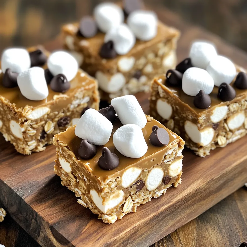 - 1 cup rolled oats - 1 cup protein powder (vanilla flavor) - 1/2 cup nut butter (almond or peanut butter) - 1/4 cup honey or maple syrup - 1/4 cup mini marshmallows - 1/4 cup chocolate chips - 1/4 cup crushed graham crackers - 1/2 teaspoon vanilla extract - A pinch of salt Gather these ingredients, and you will be ready to make a tasty treat. Rolled oats form the base of the bars. They add texture and fiber, keeping you full. Protein powder boosts the protein content. Choose vanilla flavor for a sweet taste. Nut butter adds healthy fats and creaminess. Almond or peanut butter works well here. Next, you need honey or maple syrup. This will sweeten the bars and help bind everything together. Mini marshmallows bring that classic s'mores vibe, while chocolate chips add sweetness and richness. Crushed graham crackers give a nice crunch and that familiar s'mores flavor. Finally, you will need vanilla extract and a pinch of salt. The vanilla enhances the flavor, and salt balances the sweetness. Now that you know the ingredients, you're one step closer to enjoying homemade No-Bake S’mores Protein Bars! First, grab a large mixing bowl. Combine 1 cup of rolled oats and 1 cup of protein powder. Mix them well so they blend together. In a separate bowl, mix 1/2 cup of nut butter with 1/4 cup of honey or maple syrup. Add 1/2 teaspoon of vanilla extract and a pinch of salt. Stir until smooth. Now, pour the nut butter mixture over the oats and protein powder. Stir gently until it is fully mixed. Next, fold in 1/4 cup of mini marshmallows, 1/4 cup of chocolate chips, and 1/4 cup of crushed graham crackers. Be careful not to mash the marshmallows. Take an 8x8 inch baking dish and line it with parchment paper. Leave some paper hanging over the sides for easy lifting. Transfer the mix into the dish. Press it down firmly to create an even layer. Cover the dish with plastic wrap and refrigerate for at least 1 hour. This helps the bars to set nicely. Once set, lift them out using the parchment paper. Finally, cut into squares or bars. Enjoy your tasty snack! To get the right texture in your No-Bake S'mores Protein Bars, focus on mixing well. Start with the oats and protein powder. Make sure they blend evenly. This helps with the final result. When you mix the nut butter and sweetener, aim for a smooth blend. This ensures all flavors come together nicely. To ensure even distribution of ingredients, fold gently. Add the mini marshmallows and chocolate chips slowly. This way, they spread throughout the mix. You want bits of sweet in every bite. Don’t rush this step; it makes a big difference. For serving, think about how to make your bars look great. You can place them on a rustic wooden board. This adds a nice touch. Top them with extra mini marshmallows and chocolate chips. This makes them more appealing. You can also wrap each bar in parchment paper. This makes for a fun grab-and-go snack. It’s a great way to keep them fresh, too. When you serve them, everyone will want to try a bite. You can change up flavors to suit your taste. Try adding peanut butter chocolate chips for a twist. You can also swap out the nut butter. Almond butter gives a nice change. Adjusting sweetness is easy as well. If you want less sugar, use less honey. Maple syrup is a great alternative too. You can make these bars just how you like them! {{image_2}} You can switch up the flavor of these bars. Try adding peanut butter chocolate chips for a creamy twist. This adds richness and pairs well with the marshmallows. You can also use different nut butters. Almond butter gives a nice nutty taste, while sunflower seed butter is great for those with nut allergies. Want to make these bars vegan-friendly? Simply use maple syrup instead of honey and select a plant-based protein powder. This way, everyone can enjoy them! For gluten-free options, ensure your rolled oats and graham crackers are certified gluten-free. To boost nutrition, add superfoods like chia seeds or flaxseed. These tiny seeds pack a punch of fiber and omega-3s. You can also mix in dried fruits like cranberries or nuts such as walnuts or almonds. These add flavor and crunch, making your bars even more exciting! Store your No-Bake S'mores Protein Bars in the fridge. Use an airtight container for best freshness. If you don’t have one, wrap them in plastic wrap. This keeps them from drying out. Remember to stack them with parchment paper in between. This prevents sticking. You can freeze these bars for later. Cut them into squares or bars first. Wrap each one in plastic wrap. Then, place them in a freezer-safe bag or container. When you’re ready to eat, just take one out. Let it thaw at room temperature for about 20 minutes. That way, it will be soft and tasty again. These bars can last about a week in the fridge. If frozen, they can stay good for up to three months. Check for signs of spoilage like a strange smell or color change. If they look or smell off, it’s best to throw them away. Enjoy your tasty snack while it’s fresh! Yes, you can make these protein bars ahead of time. They are great for meal prep. Just store them in the fridge after they set. This way, you have a tasty snack ready when you need it. These protein bars last for about one week in the fridge. Keep them in an airtight container. If you want them to last longer, you can freeze them. You can easily substitute ingredients. Use any nut butter you like. If you want a vegan option, replace honey with maple syrup. You can also swap chocolate chips for dark chocolate or carob chips. The best way to cut these bars is to use a sharp knife. First, let them chill for an hour. Then, lift them out using the parchment paper. Cut them into squares or rectangles for even pieces. Yes, these protein bars are great for kids. They are tasty and packed with protein. Just keep an eye on the sugar content if you use chocolate chips or marshmallows. Kids will love the sweet, s'mores flavor! These No-Bake S'mores Protein Bars combine simple ingredients for a tasty treat. You mix rolled oats, protein powder, nut butter, and sweeteners to create a solid base. Then, you add fun extras like marshmallows and chocolate chips to boost flavor. Follow the step-by-step guide to make and store these bars easily. Remember, you can customize the flavors to fit your taste. Experiment with different nut butters or add in some superfoods. Enjoy your healthy snack three ways: fresh, in the fridge, or frozen. You’ll love how quick and easy these bars are to make!