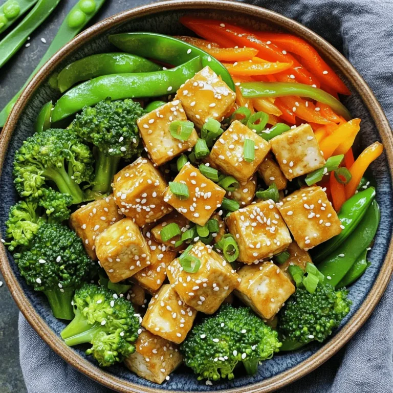 - 14 oz firm tofu, pressed and cubed - 2 tablespoons cornstarch - 3 tablespoons sesame oil - 1 bell pepper (any color), sliced - 1 cup broccoli florets - 1 carrot, julienned - 1 cup sugar snap peas - 3 green onions, chopped - 3 cloves garlic, minced - 1 tablespoon fresh ginger, minced - 2 tablespoons soy sauce (or tamari for gluten-free) - 1 tablespoon toasted sesame seeds - Salt and pepper to taste A serving of this dish has about 300 calories. It provides 15 grams of protein, 30 grams of carbohydrates, and 18 grams of fat. This makes it a balanced meal, packed with nutrients and flavor. You enjoy protein from tofu and fiber from vegetables. This stir fry is also low in calories, making it a great option for a healthy meal. To start, you need to press the tofu. This helps to remove extra water. Wrap the tofu in a clean towel and place a weight on top. Let it sit for about 15-20 minutes. This step is key for crispy tofu. Next, cut the pressed tofu into 1-inch cubes. Take the cubed tofu and toss it with cornstarch. Make sure all sides are coated. This cornstarch layer will give the tofu a great crunch. Now, heat 2 tablespoons of sesame oil in a non-stick skillet over medium-high heat. Wait until the oil is hot, then add the tofu cubes. Spread them in a single layer. Don’t overcrowd the pan. Fry the tofu for 3-4 minutes on each side. You want it golden and crispy. Once the tofu is cooked, remove it from the skillet and set it aside. In the same skillet, add the last tablespoon of sesame oil. Toss in the sliced bell pepper, broccoli florets, julienned carrot, and sugar snap peas. Stir-fry these veggies for 5-7 minutes. You want them tender but still crisp. After the veggies are ready, add minced garlic and ginger to the skillet. Stir-fry for one more minute. This will fill your kitchen with a lovely aroma. Now, return the crispy tofu to the skillet. Pour in the soy sauce and gently toss everything to mix. Cook for another 2 minutes to heat the tofu through. At this point, season with salt and pepper to taste. Garnish with chopped green onions and toasted sesame seeds. This adds flavor and makes your dish look great. For presentation, serve the stir-fry in a shallow bowl or on a plate. Add extra green onions and sesame seeds on top. Pair it with steamed jasmine rice or quinoa for a well-rounded meal. Enjoy your tasty, healthy dish! To get crispy tofu, first, you must press it. Pressing removes water. This step helps the tofu become crispy when cooked. Wrap the tofu in a clean kitchen towel. Place a weight on top for about 15 to 20 minutes. This simple trick makes a big difference. For frying, sesame oil is the best choice. It has a rich flavor and high smoke point. Use it to fry your tofu until it’s golden and crunchy. You can also mix it with a little vegetable oil if you want. Heat settings matter when stir-frying. Start with medium-high heat for the best results. This helps to cook your food quickly while keeping it crisp. If the heat is too low, the tofu and veggies may become soggy. Keep your vegetables crisp by not overcrowding the pan. Stir-fry in batches if needed. This gives each piece space to cook evenly. Stir-fry the veggies just until tender but still bright in color—about 5 to 7 minutes. To boost flavor, try adding extra seasonings. A dash of chili flakes can add heat. You can also use sesame seeds for more texture. If you like a sweet touch, a splash of honey or maple syrup works well. Pair your stir-fry with steamed jasmine rice or quinoa. These options balance the rich flavors of the dish. You can also serve it with a side of fresh salad to add crunch and freshness. {{image_2}} You can swap tofu for other proteins. Chicken works great here. Just cut it into bite-sized pieces and cook it until it’s golden. Beef is also a tasty choice. Use thin strips for quick cooking. Shrimp adds a light touch. Just make sure they turn pink and opaque. Each option brings a new taste while keeping the dish healthy. Feel free to change up the veggies. Zucchini or bell peppers add color and crunch. Cauliflower can replace broccoli for a different texture. Snow peas are a sweet alternative to sugar snap peas. You can also use bok choy for a crisp bite. Mix and match your favorites to make it your own. Switching sauces can change the whole dish. Try adding a spicy chili sauce for heat. A sweet and sour sauce can give it a tangy twist. You can also mix in nuts for crunch. Cashews or peanuts add a nice bite. Experiment with these flavors to keep things exciting! Store your crispy sesame tofu stir fry in an airtight container. Make sure it is cool before sealing. Place it in the fridge for up to three days. This keeps the flavors fresh and safe to eat. If you want to keep it longer, consider freezing it. To reheat, use a skillet on medium heat. Add a splash of water or oil to keep the tofu moist. Heat it for about five minutes, stirring gently. This method helps keep the tofu crispy. You can also use a microwave, but it may make the tofu less crunchy. Yes, you can freeze this dish! Make sure to let it cool completely first. Portion it into freezer-safe bags. Remove as much air as you can before sealing. It will stay good for up to three months. When you're ready to eat, thaw it in the fridge overnight before reheating. To make this dish gluten-free, swap the soy sauce for tamari. Tamari has a similar taste but is gluten-free. You can also check the cornstarch brand to ensure it’s gluten-free. For added flavor, consider using coconut aminos. This gives a nice sweet taste without gluten. Yes, you can prep parts of this dish ahead of time. Press and cube the tofu a day before. Store it in an airtight container in the fridge. Chop the vegetables too. Keep them in separate containers. This way, you can stir-fry quickly when you're ready to cook. This dish pairs well with steamed jasmine rice or fluffy quinoa. Both add a nice base to the meal. You can also serve it with a side of fresh salad. A light cucumber salad works great. If you're feeling adventurous, try it with some spring rolls. This blog post covered making a delicious Crispy Sesame Tofu Stir Fry. You learned about key ingredients, the cooking steps, and how to achieve the perfect texture. I shared tips to enhance flavor and provided variations to fit your taste. Storing leftovers and reheating techniques also help keep your dish fresh. In conclusion, enjoy this recipe any way you like. It’s simple, healthy, and satisfying. Experiment with your ingredients to make it your own!