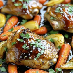 - 4 boneless, skinless chicken thighs - 2 cups baby carrots - 1 red bell pepper, sliced - 1 medium red onion, cut into wedges - 1/4 cup balsamic vinegar - 3 tablespoons honey - 2 tablespoons olive oil - 2 cloves garlic, minced - 1 teaspoon dried oregano - Salt and pepper to taste - Fresh parsley, chopped Gather these ingredients to create a simple yet flavorful meal. The chicken thighs bring protein, while the baby carrots, red bell pepper, and onion add color and nutrition. The balsamic vinegar provides a tangy sweetness that pairs perfectly with honey. Olive oil, garlic, and oregano round out the marinade, enhancing the dish's taste. Don't forget the fresh parsley for a bright finish! Each ingredient plays a key role in making this sheet pan dinner a hit. 1. Preheat your oven to 425°F (220°C). This step warms the oven, helping the chicken cook evenly. 2. In a large bowl, whisk together the balsamic vinegar, honey, olive oil, minced garlic, dried oregano, salt, and pepper. This mixture will become your marinade, adding rich flavor to the chicken. 3. Take the chicken thighs and coat them well with the marinade. Make sure every piece is covered for the best taste. 4. Allow the chicken to marinate for at least 15 minutes. This step is key; it helps the flavors soak in and makes the chicken juicy. 5. In another bowl, toss the baby carrots, sliced red bell pepper, and onion wedges with olive oil, salt, and pepper. This mix will bring out the natural sweetness of the veggies. 6. On a large sheet pan, arrange the marinated chicken in the center. Surround it with the seasoned vegetables. This layout allows the chicken and veggies to cook together and absorb the flavors. 7. Pour any remaining marinade over the chicken and vegetables. This adds more depth to the dish. 8. Bake in the preheated oven for 25-30 minutes. Your chicken should be cooked through, with an internal temperature of 165°F (75°C), and the vegetables should be tender. For the best flavor, marinate the chicken for at least 15 minutes. This short time allows the chicken to soak in the balsamic mix. You can marinate for up to two hours for even more taste. Use a zip-top bag for easy coating. Make sure every piece is well-covered in the marinade. To ensure the chicken is tender, check that it reaches an internal temperature of 165°F. Use a meat thermometer for accuracy. Avoid overcrowding the sheet pan. This helps the chicken and veggies cook evenly. If too close, they can steam instead of roast, leading to a soggy meal. Pair the balsamic chicken with fluffy rice or creamy mashed potatoes. A fresh green salad adds a nice crunch. You can also serve it with crusty bread to soak up the tasty juices. Enjoy the colorful plate for a feast for the eyes and palate. {{image_2}} You can switch up the veggies in this dish. Try using: - Zucchini - Broccoli - Sweet potatoes - Brussels sprouts Seasonal vegetables work great here too. In fall, add butternut squash. In spring, use asparagus. This keeps your meal fresh and exciting. Balsamic vinegar is tasty, but other vinegars can add flair. Consider: - Apple cider vinegar - Red wine vinegar - White wine vinegar Each will change the flavor and make it unique. Experiment to find your favorite! Want to mix up the protein? You can use: - Tofu for a vegetarian option - Pork tenderloin for a different meat flavor - Salmon for a healthy fish option These proteins work well with the marinade and keep the dish fun and varied. To store leftover chicken and vegetables, let them cool first. Place them in an airtight container. This keeps them fresh for up to three days. Make sure to separate the chicken from the veggies if possible. This helps maintain their textures. To reheat, use an oven or skillet. Preheat your oven to 350°F (175°C). Place the chicken and vegetables on a baking sheet. Heat for about 15 minutes or until warm. If using a skillet, heat on medium for about 5-7 minutes. This keeps the flavors and textures nice. For longer storage, you can freeze the chicken and veggies. Place them in a freezer-safe bag or container. Remove as much air as you can. This prevents freezer burn. They can last up to three months in the freezer. When ready to eat, thaw in the fridge overnight before reheating. Making this dish is quick and easy. It takes about 15 minutes to prep and 30 minutes to cook. In total, you’ll spend around 45 minutes from start to finish. This makes it a great option for busy weeknights. Yes, you can use bone-in chicken thighs. They add flavor but take longer to cook. If you choose bone-in, bake for about 35 to 40 minutes. Make sure the chicken is cooked through by checking the juices run clear. This way, you will enjoy tender and tasty chicken. The safe internal temperature for chicken is 165°F (75°C). Use a meat thermometer to check. Insert it into the thickest part of the thigh without touching the bone. Always ensure your chicken reaches this temperature for safe eating. This step keeps you and your family safe while enjoying your meal. This recipe for Sheet Pan Balsamic Chicken with vegetables is easy and tasty. You learned about the main ingredients, marinade, and how to prep and bake. Plus, I shared helpful tips for marinating and serving. Don’t hesitate to try different veggies or proteins. You can store leftovers or freeze them for later. Enjoy your cooking!