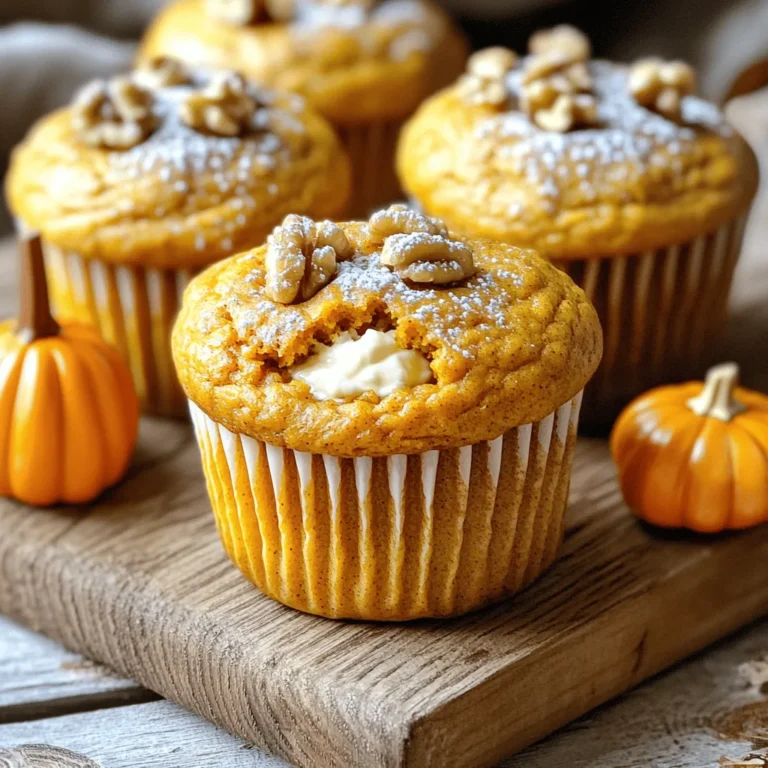 - 1 cup all-purpose flour - 1/2 cup whole wheat flour - 1 teaspoon baking powder - 1/2 teaspoon baking soda - 1/2 teaspoon salt - 1 teaspoon ground cinnamon - 1/2 teaspoon ground nutmeg - 1/4 teaspoon ground ginger - 1 cup canned pumpkin puree - 1/2 cup granulated sugar - 1/2 cup brown sugar - 1/3 cup vegetable oil - 2 large eggs - 1 teaspoon vanilla extract - 4 oz cream cheese, softened - 1 tablespoon honey - Chopped walnuts or pecans for topping These ingredients come together to make the best pumpkin cream cheese muffins. You will love how simple they are. The dry ingredients give structure, while the wet ones add moisture and flavor. I often use canned pumpkin puree. It saves time and tastes great. For more flavor, try adding honey to the cream cheese. It creates a sweet surprise in every bite. If you like crunch, add walnuts or pecans on top. It adds lovely texture and taste. Gather everything before you start. It makes the process smooth and fun. First, preheat your oven to 350°F (175°C). This step is key for even baking. Line your muffin tin with paper liners or spray it with cooking spray. This helps the muffins pop out easily after baking. In a large bowl, whisk together the following dry ingredients: - 1 cup all-purpose flour - 1/2 cup whole wheat flour - 1 teaspoon baking powder - 1/2 teaspoon baking soda - 1/2 teaspoon salt - 1 teaspoon ground cinnamon - 1/2 teaspoon ground nutmeg - 1/4 teaspoon ground ginger Make sure everything is well combined. This ensures that your muffins rise evenly and taste great. In another bowl, combine these wet ingredients: - 1 cup canned pumpkin puree - 1/2 cup granulated sugar - 1/2 cup brown sugar - 1/3 cup vegetable oil - 2 large eggs - 1 teaspoon vanilla extract Mix until the mixture is smooth. This helps blend the flavors together perfectly. Now, pour the wet mixture into the dry ingredients. Gently fold them together. Be careful not to overmix; a few lumps are just fine. Overmixing can make your muffins tough. In a small bowl, mix together: - 4 oz cream cheese, softened - 1 tablespoon honey (optional) Blend until smooth. This creamy filling will add a delightful surprise to each muffin. Spoon a tablespoon of muffin batter into each muffin cup. Add a dollop of the cream cheese mixture in the center. Then, cover it with another tablespoon of muffin batter. This layering creates a delicious cream cheese core. If you like, sprinkle a few chopped walnuts or pecans on top of each muffin. This adds extra crunch and flavor. The nuts also make the muffins look beautiful. Bake the muffins in the preheated oven for 20-25 minutes. Check if they are done by inserting a toothpick into the center. If it comes out clean, they are ready! Let them cool in the pan for 5 minutes before moving them to a wire rack. This helps them maintain their shape. To make great muffins, you must mix carefully. Overmixing can lead to tough muffins. When combining wet and dry ingredients, fold gently. Mix until just combined. A few lumps are okay. This keeps your muffins soft and fluffy. To create the best cream cheese filling, start with room temperature cream cheese. This makes it easier to mix. If you want added sweetness, mix in honey. Use a small scoop to place the filling in the center of the batter. Don’t worry if it looks messy. The cream cheese will spread while baking. Serving your muffins well makes them even more appealing. For a cozy display, use a wooden board. Place muffins in a neat row. Dust them with powdered sugar for a touch of sweetness. Add a small pumpkin or fall decoration nearby. This enhances the seasonal vibe and makes your muffins shine. {{image_2}} You can make a few easy swaps to boost nutrition. Use whole wheat flour instead of all-purpose flour. This adds fiber and nutrients. You might also try applesauce instead of oil. This cuts fat and adds moisture. If you want less sugar, reduce the granulated and brown sugar by half. For a vegan version, replace eggs with flaxseed or chia seeds mixed with water. Want to change the flavor? Add chocolate chips for a sweet twist. You can also mix in dried fruits like cranberries or raisins. These add sweetness and texture. For a nutty touch, fold in chopped walnuts or pecans. A pinch of cardamom or cloves can give your muffins a warm, spiced flavor. You can adjust the recipe with seasonal ingredients. In winter, consider adding cranberries or pears. For spring, try lemon zest for a fresh taste. During summer, swap pumpkin for ripe bananas or zucchini. This keeps your muffins exciting and fun all year round! You can store your pumpkin cream cheese muffins at room temperature. Place them in an airtight container. Keep them away from direct sunlight. They will stay fresh for up to three days. If you see any signs of mold, toss them out right away. Freezing muffins is a great way to save them for later. First, let them cool completely. Wrap each muffin in plastic wrap tightly. Then, place them in a freezer-safe bag or container. Label the bag with the date. You can freeze them for up to three months. When you’re ready to eat, just thaw them in the fridge overnight. Reheating pumpkin cream cheese muffins is easy and quick. You can use a microwave or an oven. For the microwave, heat one muffin for about 15-20 seconds. If you use the oven, preheat it to 350°F (175°C). Place the muffins on a baking sheet and heat for about 5-10 minutes. Enjoy them warm for the best flavor! Yes, you can make these muffins gluten-free. Use a gluten-free all-purpose flour blend instead of regular flour. Ensure the blend has a good mix of starches and proteins for the best results. You may need to adjust the baking time slightly, so keep an eye on them while they bake. If you want a substitute for cream cheese, try using ricotta or Greek yogurt. Both will add a creamy texture and mild flavor. You can also use vegan cream cheese if you prefer a dairy-free option. Each will change the taste slightly but still create a delicious muffin. These muffins stay fresh for about 3 days when stored at room temperature. Keep them in an airtight container to maintain moisture. If you want to keep them longer, consider freezing them for up to 3 months. Just thaw them before enjoying again. Absolutely! Adding chocolate chips will give your muffins a sweet twist. You can fold in about 1/2 cup of chocolate chips into the batter before filling the muffin tin. This addition pairs well with the pumpkin flavor and cream cheese. Serve these muffins warm or at room temperature. Dust them with powdered sugar for a nice touch, and place them on a rustic wooden board for a pretty display. Adding a small pumpkin or a fall-themed decoration next to them enhances the seasonal vibe. You learned how to make tasty pumpkin cream cheese muffins. We covered the right dry and wet ingredients and explored optional flavors. I shared tips to mix well and avoid overmixing. You can also try fun variations and ways to store your muffins. These muffins are easy to make. Plus, you can change them up based on what you like. Enjoy baking and sharing this tasty treat with friends and family!