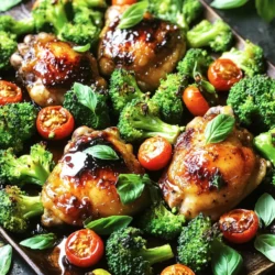 - 4 boneless, skinless chicken thighs - 1 pound broccoli florets - 1/4 cup balsamic vinegar - 2 tablespoons honey - 3 tablespoons olive oil - 4 garlic cloves, minced - 1 teaspoon dried oregano - Salt and pepper to taste - 1/4 cup cherry tomatoes, halved - Fresh basil leaves Gathering these ingredients is simple. First, you need the chicken thighs. They stay juicy and tender. Next, the broccoli adds color and crunch. The marinade is a game-changer. Balsamic vinegar gives depth. Honey adds sweetness. Olive oil keeps everything moist. Garlic adds a punch, while oregano gives a fragrant touch. You can adjust salt and pepper to fit your taste. For garnishing, halved cherry tomatoes bring a pop of color. Fresh basil leaves add freshness and flavor. Together, these ingredients create a delightful dish that pleases the senses. Ready to start cooking? Gather these items and let’s make something delicious! Start by whisking your marinade ingredients together in a large bowl. Use 1/4 cup of balsamic vinegar, 2 tablespoons of honey, 3 tablespoons of olive oil, 4 minced garlic cloves, and 1 teaspoon of dried oregano. Add salt and pepper to taste. Whisk until smooth, and the flavors blend well. Next, add the boneless, skinless chicken thighs to the bowl. Make sure each thigh gets coated in the marinade. Let them sit for at least 15 minutes. If you have time, put them in the fridge for up to an hour. This will boost the flavor. While the chicken marinates, preheat your oven to 425°F (220°C). This high heat helps the chicken get crispy while cooking. Line a large sheet pan with parchment paper. This step makes cleanup easy and helps prevent sticking. After marinating, take the chicken thighs and lay them on one side of the sheet pan. On the other side, arrange 1 pound of broccoli florets. Drizzle the broccoli with a little olive oil, salt, and pepper. Toss them gently to coat every floret evenly. Now, it's time to cook. Place the sheet pan in the preheated oven and roast everything for 20 to 25 minutes. The chicken should reach an internal temperature of 165°F. The broccoli should also be tender but slightly crispy. Five minutes before you finish cooking, scatter the halved cherry tomatoes over the broccoli. This adds color and a burst of flavor. Once the cooking time is up, take the pan out of the oven and let it cool for a few minutes before serving. Marinating your chicken makes it taste better. For this recipe, I suggest marinating for at least 15 minutes. If you have time, let it sit for one hour. This extra time helps the flavors soak in well. You can make the marinade ahead of time and store it in the fridge. This saves time on busy days. To cook the chicken just right, check the temperature. It should reach 165°F for safety. Use a meat thermometer for accuracy. For the broccoli, aim for a tender yet crisp texture. Toss it in olive oil and season well. This helps it roast nicely without getting too soft. Keep an eye on it while it cooks. For a rustic look, serve the chicken and broccoli straight from the sheet pan. It feels warm and homey. If you want a gourmet touch, plate each serving. Drizzle extra balsamic glaze over the top for flair. Pair this dish with a light salad or rice for a complete meal. You can also add some crusty bread to soak up all the flavors. {{image_2}} You can swap chicken thighs for chicken breasts. Chicken breasts are leaner and cook faster. Just watch the cooking time; they may need less time in the oven. If you want a vegetarian option, try tofu or tempeh. Both soak up flavors well. Cut the tofu into cubes and marinate like the chicken. You’ll get a tasty and healthy meal. Adding different herbs and spices can change the taste. Try thyme or rosemary for a fresh twist. You can also add a pinch of red pepper flakes for heat. Using flavored balsamic vinegar is a great idea too. There are many options like fig or garlic balsamic. Each brings its own unique flavor to the dish. You can use other vegetables with this recipe. Carrots, bell peppers, or zucchini all work well. Just cut them into similar-sized pieces for even cooking. Seasonal vegetables also add freshness. In spring, use asparagus or snap peas. In fall, try Brussels sprouts or sweet potatoes. Each season offers tasty options to keep the dish exciting. To keep your sheet-pan balsamic roasted chicken and broccoli fresh, store leftovers in an airtight container. Place the chicken and broccoli in the fridge within two hours of cooking. This step helps reduce bacteria growth and keeps your meal tasty. Use the leftovers within three to four days for the best flavor. For safe handling, always wash your hands before and after touching raw chicken. Clean surfaces and utensils well to avoid cross-contamination. You can freeze the chicken and broccoli for longer storage. Ensure they cool completely before placing them in a freezer-safe bag or container. Remove as much air as possible to prevent freezer burn. This dish can last up to three months in the freezer. When you’re ready to eat, thaw it overnight in the fridge. Reheat in the oven at 350°F (175°C) until warmed through. This method keeps the chicken juicy and the broccoli crisp. This dish stays fresh for about four days in the fridge. After that time, the quality may decline. Check for any off smells or changes in texture. If the chicken looks dry or the broccoli turns brown, it’s best to toss it. Always trust your senses when it comes to food safety! The best way to check chicken doneness is with a meat thermometer. Insert it into the thickest part of the chicken. The temperature should reach 165°F. This ensures it is safe to eat. You can also look for visual cues. The chicken should be no longer pink in the middle. The juices should run clear when you cut into it. This helps you know it is ready. Yes, you can marinate the chicken ahead of time. This adds great flavor. Marinate it for at least 15 minutes, or up to 1 hour. If you want, you can do this overnight in the fridge. After marinating, you can cook the chicken and broccoli. If you have leftovers, reheating is easy. Just warm it in the oven at 350°F until heated through. For sides, try serving with rice or quinoa. They soak up the balsamic flavor well. You could also add a fresh salad to balance the meal. For drinks, a light white wine pairs nicely. If you prefer something non-alcoholic, try sparkling water with lemon. This keeps your meal fresh and fun! Balsamic roasted chicken offers a tasty meal with simple steps. We covered the key ingredients, from chicken thighs to fresh basil. I shared tips for marinating and cooking chicken to perfection. You can adjust the recipe with different proteins and vegetables for variety. Storing leftovers is easy, whether in the fridge or freezer. By following this guide, you can make a delicious dish that suits your taste. Enjoy your cooking adventure and impress everyone at the table!