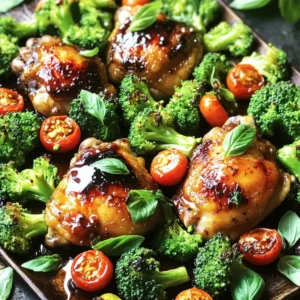 - 4 boneless, skinless chicken thighs - 1 pound broccoli florets - 1/4 cup balsamic vinegar - 2 tablespoons honey - 3 tablespoons olive oil - 4 garlic cloves, minced - 1 teaspoon dried oregano - Salt and pepper to taste - 1/4 cup cherry tomatoes, halved - Fresh basil leaves Gathering these ingredients is simple. First, you need the chicken thighs. They stay juicy and tender. Next, the broccoli adds color and crunch. The marinade is a game-changer. Balsamic vinegar gives depth. Honey adds sweetness. Olive oil keeps everything moist. Garlic adds a punch, while oregano gives a fragrant touch. You can adjust salt and pepper to fit your taste. For garnishing, halved cherry tomatoes bring a pop of color. Fresh basil leaves add freshness and flavor. Together, these ingredients create a delightful dish that pleases the senses. Ready to start cooking? Gather these items and let’s make something delicious! Start by whisking your marinade ingredients together in a large bowl. Use 1/4 cup of balsamic vinegar, 2 tablespoons of honey, 3 tablespoons of olive oil, 4 minced garlic cloves, and 1 teaspoon of dried oregano. Add salt and pepper to taste. Whisk until smooth, and the flavors blend well. Next, add the boneless, skinless chicken thighs to the bowl. Make sure each thigh gets coated in the marinade. Let them sit for at least 15 minutes. If you have time, put them in the fridge for up to an hour. This will boost the flavor. While the chicken marinates, preheat your oven to 425°F (220°C). This high heat helps the chicken get crispy while cooking. Line a large sheet pan with parchment paper. This step makes cleanup easy and helps prevent sticking. After marinating, take the chicken thighs and lay them on one side of the sheet pan. On the other side, arrange 1 pound of broccoli florets. Drizzle the broccoli with a little olive oil, salt, and pepper. Toss them gently to coat every floret evenly. Now, it's time to cook. Place the sheet pan in the preheated oven and roast everything for 20 to 25 minutes. The chicken should reach an internal temperature of 165°F. The broccoli should also be tender but slightly crispy. Five minutes before you finish cooking, scatter the halved cherry tomatoes over the broccoli. This adds color and a burst of flavor. Once the cooking time is up, take the pan out of the oven and let it cool for a few minutes before serving. Marinating your chicken makes it taste better. For this recipe, I suggest marinating for at least 15 minutes. If you have time, let it sit for one hour. This extra time helps the flavors soak in well. You can make the marinade ahead of time and store it in the fridge. This saves time on busy days. To cook the chicken just right, check the temperature. It should reach 165°F for safety. Use a meat thermometer for accuracy. For the broccoli, aim for a tender yet crisp texture. Toss it in olive oil and season well. This helps it roast nicely without getting too soft. Keep an eye on it while it cooks. For a rustic look, serve the chicken and broccoli straight from the sheet pan. It feels warm and homey. If you want a gourmet touch, plate each serving. Drizzle extra balsamic glaze over the top for flair. Pair this dish with a light salad or rice for a complete meal. You can also add some crusty bread to soak up all the flavors. {{image_2}} You can swap chicken thighs for chicken breasts. Chicken breasts are leaner and cook faster. Just watch the cooking time; they may need less time in the oven. If you want a vegetarian option, try tofu or tempeh. Both soak up flavors well. Cut the tofu into cubes and marinate like the chicken. You’ll get a tasty and healthy meal. Adding different herbs and spices can change the taste. Try thyme or rosemary for a fresh twist. You can also add a pinch of red pepper flakes for heat. Using flavored balsamic vinegar is a great idea too. There are many options like fig or garlic balsamic. Each brings its own unique flavor to the dish. You can use other vegetables with this recipe. Carrots, bell peppers, or zucchini all work well. Just cut them into similar-sized pieces for even cooking. Seasonal vegetables also add freshness. In spring, use asparagus or snap peas. In fall, try Brussels sprouts or sweet potatoes. Each season offers tasty options to keep the dish exciting. To keep your sheet-pan balsamic roasted chicken and broccoli fresh, store leftovers in an airtight container. Place the chicken and broccoli in the fridge within two hours of cooking. This step helps reduce bacteria growth and keeps your meal tasty. Use the leftovers within three to four days for the best flavor. For safe handling, always wash your hands before and after touching raw chicken. Clean surfaces and utensils well to avoid cross-contamination. You can freeze the chicken and broccoli for longer storage. Ensure they cool completely before placing them in a freezer-safe bag or container. Remove as much air as possible to prevent freezer burn. This dish can last up to three months in the freezer. When you’re ready to eat, thaw it overnight in the fridge. Reheat in the oven at 350°F (175°C) until warmed through. This method keeps the chicken juicy and the broccoli crisp. This dish stays fresh for about four days in the fridge. After that time, the quality may decline. Check for any off smells or changes in texture. If the chicken looks dry or the broccoli turns brown, it’s best to toss it. Always trust your senses when it comes to food safety! The best way to check chicken doneness is with a meat thermometer. Insert it into the thickest part of the chicken. The temperature should reach 165°F. This ensures it is safe to eat. You can also look for visual cues. The chicken should be no longer pink in the middle. The juices should run clear when you cut into it. This helps you know it is ready. Yes, you can marinate the chicken ahead of time. This adds great flavor. Marinate it for at least 15 minutes, or up to 1 hour. If you want, you can do this overnight in the fridge. After marinating, you can cook the chicken and broccoli. If you have leftovers, reheating is easy. Just warm it in the oven at 350°F until heated through. For sides, try serving with rice or quinoa. They soak up the balsamic flavor well. You could also add a fresh salad to balance the meal. For drinks, a light white wine pairs nicely. If you prefer something non-alcoholic, try sparkling water with lemon. This keeps your meal fresh and fun! Balsamic roasted chicken offers a tasty meal with simple steps. We covered the key ingredients, from chicken thighs to fresh basil. I shared tips for marinating and cooking chicken to perfection. You can adjust the recipe with different proteins and vegetables for variety. Storing leftovers is easy, whether in the fridge or freezer. By following this guide, you can make a delicious dish that suits your taste. Enjoy your cooking adventure and impress everyone at the table!