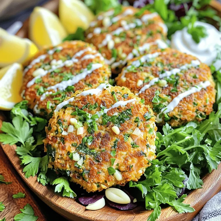 - 1 lb fresh salmon fillet, skinless and boneless - 1/4 cup fresh parsley, finely chopped - 2 cloves garlic, minced - 1/4 cup green onions, finely chopped - 1 large egg - 1 tablespoon lemon juice Using fresh salmon gives the best taste. The parsley adds a bright flavor. Garlic brings a nice kick. Green onions add a mild sweetness. The egg helps bind everything together. Lemon juice adds a zesty touch and keeps the salmon fresh. - 1/2 cup breadcrumbs (preferably whole wheat) - 1 tablespoon Dijon mustard - 1 teaspoon dried dill - Salt and pepper to taste - Olive oil, for frying Breadcrumbs give the patties a crispy crust. Whole wheat is a healthier option. Dijon mustard adds a tangy flavor that pairs well with salmon. Dried dill is a classic herb that enhances the taste. Salt and pepper are key for seasoning. Olive oil is perfect for frying, as it adds flavor and keeps the patties from sticking. If you don’t have fresh salmon, you can use canned salmon. Just drain it well before mixing. For gluten-free options, try using gluten-free breadcrumbs. You can swap parsley with cilantro or basil for different flavors. If you want a lighter option, use Greek yogurt instead of mayonnaise as a topping. Adjust the spices based on what you enjoy. Don't be afraid to experiment! Start with a fresh salmon fillet. Use a sharp knife to finely chop the salmon into small pieces. You can also use a food processor, but be careful not to puree it. The texture should be chunky. This gives the patties a nice bite. Make sure to remove any bones or skin before chopping. In a large bowl, combine the salmon with other ingredients. Add 1/2 cup of breadcrumbs, 1/4 cup of chopped parsley, and 2 minced garlic cloves. Toss in 1/4 cup of chopped green onions, 1 large egg, 1 tablespoon of Dijon mustard, and 1 tablespoon of lemon juice. Don't forget 1 teaspoon of dried dill, plus salt and pepper to taste. Mix everything well. I find using my hands works best here. It helps to blend the flavors. Form the mixture into patties. Aim for about 2-3 inches wide and 1 inch thick. You should make 6-8 patties. Heat a skillet on medium with a couple of tablespoons of olive oil. Once the oil is shimmering, carefully place the patties in the skillet. Cook each side for about 4-5 minutes until golden brown. If your skillet is small, cook in batches. When done, place the patties on a paper towel to absorb extra oil. Enjoy the crispy, tasty result! To cook salmon patties just right, heat your skillet over medium heat. Add olive oil until it shimmers. Place the patties in the skillet without crowding them. This helps them cook evenly. Cook for 4-5 minutes until they turn golden brown. Flip them gently and cook for another 4-5 minutes. They should be cooked through inside and crispy outside. To keep your patties from falling apart, make sure to mix the ingredients well. Use your hands to combine everything. The egg acts as a binder, so don’t skip it. If your mix feels too wet, add a bit more breadcrumbs. Form the patties tightly, but don’t overwork them. This keeps them from crumbling when you cook them. These salmon patties taste great with many sides. Serve them with fresh lemon wedges for a zesty touch. A light yogurt sauce or tzatziki adds a creamy element. Mixed greens make a lovely side salad. You can also pair them with roasted veggies or rice for a hearty meal. The options are endless, so feel free to get creative! {{image_2}} You can change the flavor of your salmon patties by adding different herbs and spices. For a fresh taste, try adding dill or basil. If you like some heat, a pinch of cayenne pepper works well. You can also add a teaspoon of smoked paprika for a lovely smoky flavor. Experiment with herbs like cilantro or thyme for new twists. Each herb brings its own taste, making your dish unique every time. Feel free to swap out some ingredients for new flavors. For instance, use almond flour instead of breadcrumbs for a nutty twist. You can also replace the Dijon mustard with spicy brown mustard for extra zing. If you want a richer taste, try adding some crumbled feta cheese into the mix. These simple swaps can add new layers of flavor to your salmon patties. If you're looking for gluten-free options, use gluten-free breadcrumbs or almond flour. For a low-carb version, skip the breadcrumbs altogether. Instead, add grated zucchini to keep the patties moist. This adds a veggie boost and keeps the dish healthy. These variations let anyone enjoy delicious salmon patties, no matter their diet. To keep your leftover salmon patties fresh, place them in an airtight container. Make sure to cool them first. You can store them in the fridge for up to three days. This method helps retain their flavor and texture. If you want to avoid sogginess, place a paper towel at the bottom of the container. It absorbs extra moisture. If you want to save your salmon patties for later, freezing is a great option. Start by letting them cool completely. Then, wrap each patty in plastic wrap. After that, place them in a freezer bag or container. You can freeze them for up to three months. When you're ready to eat, you can thaw them in the fridge overnight. Reheating salmon patties is simple. You can use the oven, skillet, or microwave. For the oven, preheat to 350°F (175°C). Place patties on a baking sheet and heat for about 10-15 minutes. If using a skillet, add a small amount of oil and heat over medium. Cook for about 3-4 minutes on each side. For the microwave, heat patties for 30 seconds to 1 minute. This method may not keep them crispy, though. You can serve these salmon patties with many sides. A fresh salad adds crunch and color. Try mixed greens with lemon vinaigrette for a light touch. You can pair it with roasted veggies for a warm side. If you want some carbs, serve with rice or quinoa. Adding a yogurt sauce or tzatziki can enhance the flavor too. You can also serve them with fresh lemon wedges for a zesty kick. Yes, you can use canned salmon. Canned salmon is a great time-saver. Just make sure to drain it well. It’s best if you break it up into smaller pieces. This helps blend it into your mix better. Canned salmon has a different texture, but it still tastes good. You may need to adjust the breadcrumbs since canned salmon can be moister. You can prepare the patties in advance. Form the patties and place them on a tray. Cover them with plastic wrap and store them in the fridge. They can stay fresh for up to a day. If you want to make them even earlier, freeze them. Just ensure they are in a single layer to avoid sticking. When you’re ready, thaw them in the fridge overnight before cooking. This saves time on busy days! In this post, we explored how to make delicious garlic herb salmon patties. We covered fresh ingredients, pantry staples, and even substitutes. You learned step-by-step instructions for preparation, mixing, and cooking. Tips and tricks helped you perfect your patties and suggested great pairings. We also delved into tasty variations for different diets and proper storage methods. In conclusion, these salmon patties are fun to make and healthy to eat. Enjoy experimenting with flavors and storing leftovers for easy meals. Happy cooking!
