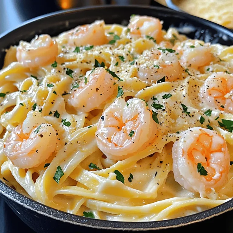 - 8 oz fettuccine pasta - 1 lb large shrimp, peeled and deveined - 4 cloves garlic, minced - 1 cup heavy cream - 1 cup grated Parmesan cheese - 2 tablespoons unsalted butter - 1 tablespoon olive oil - Salt and pepper, to taste - Fresh parsley, chopped (for garnish) The key to a great Creamy Garlic Shrimp Alfredo lies in using fresh and high-quality ingredients. The fettuccine pasta provides a perfect base for the rich and creamy sauce, while the shrimp adds a delightful sea flavor. I always opt for large shrimp for a satisfying bite. Garlic is the star here, giving the dish its signature taste. The heavy cream and Parmesan cheese create a rich, smooth sauce. This combination makes every bite a delight. I love adding unsalted butter to enhance the flavor and texture of the sauce. For seasoning, a touch of salt and pepper brings everything together. Fresh parsley adds color and brightness at the end. It’s simple, yet each ingredient plays a crucial role. You’ll notice how the flavors blend beautifully, creating a dish that feels gourmet, yet is easy to prepare. 1. Start by filling a large pot with water. Add a generous amount of salt. 2. Bring the water to a rolling boil. This step is key for flavor. 3. Once boiling, add 8 oz of fettuccine pasta. Stir to prevent sticking. 4. Cook the pasta according to package instructions until it is al dente. This usually takes about 8-10 minutes. 5. Before draining, reserve 1/2 cup of the pasta water. This water helps adjust the sauce later. 6. Drain the pasta in a colander and set it aside. 1. In a large skillet, heat 1 tablespoon of olive oil over medium-high heat. 2. Once hot, add 1 lb of large shrimp, peeled and deveined. 3. Season the shrimp with salt and pepper to taste. 4. Cook the shrimp for about 2-3 minutes on each side. They should turn pink and opaque. 5. After cooking, remove the shrimp from the skillet and set them aside. 1. In the same skillet, add 2 tablespoons of unsalted butter. 2. Once melted, add 4 cloves of minced garlic. 3. Sauté the garlic for about 1 minute. It should smell fragrant but not brown. 1. Pour in 1 cup of heavy cream. Bring it to a gentle simmer. 2. Stir in 1 cup of grated Parmesan cheese. Mix until it melts and becomes smooth. 3. If the sauce is too thick, add some of the reserved pasta water. Do this slowly until you reach your desired consistency. 1. Add the cooked fettuccine and shrimp back into the skillet with the Alfredo sauce. 2. Toss everything together until the pasta and shrimp are well-coated in the sauce. 3. Taste and adjust seasoning with more salt and pepper if needed. 4. Finally, remove from heat and sprinkle fresh parsley on top for color and flavor. Serve hot, with extra Parmesan on the side if desired. - Avoiding overcooking: Cook shrimp until they turn pink and opaque. This takes about 2-3 minutes on each side. Overcooking makes shrimp tough and rubbery. Always keep a close eye while they are in the pan. - Tips for seasoning shrimp: Use salt and pepper to bring out the shrimp's natural taste. You can also add a pinch of garlic powder or paprika for extra flavor. Season well before cooking to ensure full flavor. - Importance of simmering: Simmering helps the flavors meld together. Once you add the cream, keep it on low heat. Stir often to prevent anything from sticking to the pan. A gentle simmer makes the sauce smooth and creamy. - Avoiding clumpy cheese: Add Parmesan cheese slowly while stirring. This prevents clumps from forming. If clumps do appear, whisk the sauce vigorously until smooth. If needed, a little reserved pasta water helps. - Tips for making pasta al dente: Follow the package instructions for cooking time. Taste the pasta a minute before the time is up. It should be firm but not hard. This texture holds up well in the sauce. - Using reserved water effectively: After draining the pasta, save about ½ cup of water. This water is starchy and helps adjust the sauce's thickness. Add it little by little until the sauce reaches your desired creaminess. {{image_2}} You can make this dish healthier by changing a few ingredients. First, try using whole wheat or gluten-free pasta instead of regular fettuccine. Whole wheat pasta adds fiber and nutrients. Gluten-free pasta works well for those with gluten sensitivities. Another option is to swap heavy cream for light cream. Light cream lowers the fat content but still gives a creamy texture. It helps keep your meal rich and satisfying. To add more flavor, consider adding spinach or sun-dried tomatoes. Spinach adds a nice color and taste. Sun-dried tomatoes bring a touch of sweetness and depth. Both ingredients blend well in the sauce. You can also play with different herbs or spices. Fresh basil or oregano can brighten the dish. A pinch of red pepper flakes adds heat. Experimenting with flavors makes the dish your own. If shrimp isn’t your favorite, you can use scallops or crab. Both options give a sweet and tender bite. Scallops cook quickly, and crab adds a luxurious touch. You can also create a mixed seafood dish. Combine shrimp, scallops, and crab for a seafood medley. This mix brings variety to your plate and makes it even more delicious. To keep your Creamy Garlic Shrimp Alfredo fresh, follow these tips: - Store leftovers in airtight containers. - Let the dish cool to room temperature before sealing. - Keep it in the fridge for up to three days. Using glass containers works best. They help prevent strong smells and stains. When you're ready to enjoy leftovers, reheating is key: - Use a skillet over low heat for even warmth. - Add a splash of milk or cream to prevent dryness. - Stir often to keep the sauce creamy. Avoid using the microwave. It can make the sauce clumpy and shrimp rubbery. Can you freeze Creamy Garlic Shrimp Alfredo? Yes, but with care: - Freeze in portions in freezer-safe bags. - Remove as much air as possible before sealing. - To thaw, place in the fridge overnight before reheating. Once thawed, reheat gently in a skillet. Add a bit of cream to restore creaminess. Making Creamy Garlic Shrimp Alfredo is quick! It takes about 10 minutes to prep and 15 minutes to cook. In total, you will spend around 25 minutes from start to finish. This makes it a perfect meal for busy nights. Yes, you can use frozen shrimp! Just make sure to thaw them first. Place the shrimp in cold water for about 20 minutes. Pat them dry before cooking. If using frozen shrimp, they may take an extra minute to cook. Look for shrimp that turn pink and opaque. There are many tasty sides to pair with this dish. Here are some ideas: - Garlic bread - Steamed broccoli - Caesar salad - Roasted asparagus These sides add color and flavor to your meal. You can easily scale the recipe. To make more, double the ingredients. For fewer servings, halve them. Keep the same cooking time. Adjust the sauce thickness by adding more pasta water if needed. This way, you can enjoy this dish no matter the crowd size! In this post, we explored how to make Creamy Garlic Shrimp Alfredo. We covered ingredients, cooking steps, tips for best results, and variations for different tastes. Remember, perfecting your shrimp and sauce ensures a great meal. You now have the tools to impress at dinner. Don’t forget about storing and reheating leftovers properly for later enjoyment. Dive into this dish, get creative, and enjoy each bite!
