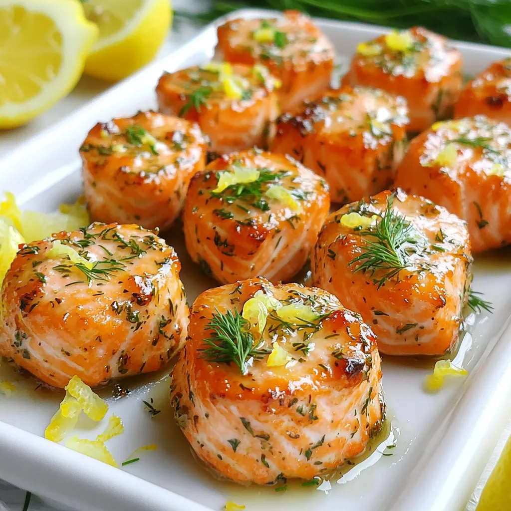 To make Garlic Herb Salmon Bites, you need these main items: - 1 lb salmon fillet, skinless and boneless, cut into bite-sized pieces - 3 cloves garlic, minced - 2 tablespoons fresh parsley, chopped - 1 tablespoon fresh dill, chopped - 1 teaspoon lemon zest - 1 tablespoon olive oil - 1 teaspoon salt - ½ teaspoon black pepper For an extra kick, you can add these optional ingredients: - ½ teaspoon crushed red pepper flakes (for spice) - Lemon wedges (for serving) Gather these tools to make cooking easy: - A large mixing bowl for marinating - An air fryer for cooking - A spatula for flipping the salmon - A cutting board for prep - A sharp knife for cutting the salmon Having everything ready helps the cooking process go smoothly. With these simple ingredients and tools, you will create a tasty dish that impresses everyone! First, gather your ingredients. You need garlic, parsley, dill, lemon zest, olive oil, salt, black pepper, and crushed red pepper flakes. In a large bowl, combine the minced garlic, chopped parsley, chopped dill, lemon zest, olive oil, salt, black pepper, and optional red pepper flakes. Stir these items well to make a flavorful marinade. This mix brings out the best taste in the salmon. Next, cut your salmon fillet into bite-sized pieces. Add these pieces to the bowl with the marinade. Gently toss the salmon to coat each piece evenly. Once coated, let the salmon sit for at least 15 minutes. This step allows the flavors to soak into the fish, making it more delicious. Now, preheat your air fryer to 400°F (200°C). This should take about 3 to 5 minutes. While it heats, arrange the marinated salmon bites in a single layer in the air fryer basket. Avoid crowding the pieces. If they are too close, they won't cook evenly. Cook the salmon bites for 8 to 10 minutes. Flip them halfway through for a nice, even crisp. When done, the salmon should be golden and reach an internal temperature of 145°F (63°C). Once cooked, carefully remove the salmon bites and let them rest for a minute. Serve them hot, garnished with fresh parsley and lemon wedges on the side. Enjoy your delightful dinner! Marinating salmon boosts its flavor. Use fresh ingredients like garlic, parsley, and dill. Start with a large bowl. Mix minced garlic, chopped parsley, dill, lemon zest, olive oil, salt, and black pepper. If you like spice, add crushed red pepper flakes. Toss the salmon pieces in this mixture. Make sure each piece is coated well. Let it sit for at least 15 minutes. This allows the salmon to soak up the flavors. To get golden salmon bites, preheat your air fryer to 400°F (200°C) for 3-5 minutes. Arrange the marinated salmon pieces in a single layer in the basket. Avoid stacking them. This helps them cook evenly. Air fry at 400°F for 8-10 minutes. Flip them halfway through. Check that they reach an internal temperature of 145°F (63°C). This means they are safe to eat and cooked perfectly. For a stunning presentation, use a wooden platter or a stylish plate. Garnish the salmon bites with fresh herbs. Arrange lemon wedges on the side for a pop of color. This not only looks nice but adds a zesty flavor when served. You can also serve these bites with a dipping sauce like garlic aioli or tzatziki for extra taste. Enjoy the meal with friends or family for a delightful dinner. {{image_2}} You can switch up the flavors in your garlic herb salmon bites. Try using thyme or oregano for a different taste. If you love spice, add cumin or smoked paprika. Fresh basil can give a sweet, fresh twist. You can also use dried herbs if fresh ones are not available. Just remember to use less, as dried herbs are stronger. Salmon is great, but you can also use other fish. Try using cod or halibut for a light meal. Tuna works well too, but it cooks faster. Adjust the cooking time based on the fish you use. Each fish has a unique flavor and texture, so experiment to find your favorite! Dipping sauces can take your salmon bites to the next level. A simple garlic aioli pairs well with the bites. For something zesty, try a lemon dill sauce. You can also serve them with a spicy sriracha mayo for a kick. Don’t forget classic options like tartar sauce or a sweet chili sauce. Each sauce adds its own flavor, making your meal even more fun! To store leftover salmon bites, let them cool to room temperature. Place them in an airtight container. Seal the container well to keep out air. Store it in the fridge. They can last for up to three days this way. If you want to keep them longer, freezing is an option. To reheat the salmon bites, you can use the air fryer again. Set it to 350°F (175°C). Place the salmon bites in a single layer. Heat them for about 4-5 minutes. This keeps them crispy. You can also use a microwave. Heat them on medium power for 30 seconds. Check if they are warm enough. If not, heat them in 15-second bursts until ready. For long-term storage, freeze the salmon bites. Wrap them tightly with plastic wrap. Then, place them in a freezer bag. Remove as much air as possible. Label the bag with the date. You can keep them in the freezer for up to three months. When ready to eat, thaw them in the fridge overnight before reheating. Yes, you can use frozen salmon. Just make sure it is fully thawed before cooking. Thaw the salmon in the fridge overnight or under cold water. This ensures even cooking and better flavor. The best temperature is 400°F (200°C). This high heat cooks the salmon quickly and gives it a lovely crisp. Preheat your air fryer for 3-5 minutes before adding the salmon bites for the best results. To make these bites healthier, reduce the olive oil to one teaspoon. You can also skip the crushed red pepper flakes if you prefer less spice. Serve with a side of fresh veggies instead of bread or heavy sides for a lighter meal. In this blog post, we explored how to make delicious Garlic Herb Salmon Bites. We covered the key ingredients, step-by-step cooking in an air fryer, and tips for perfect results. You learned about variations to customize the dish and how to store them for later. Now it's time to cook and enjoy these bites! With the right tools and techniques, you can create a tasty meal that impresses everyone. Dive into your kitchen and have fun experimenting with flavors.