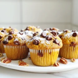 - 1 cup canned pumpkin puree - 1/2 cup brown sugar, packed - 1/2 cup granulated sugar - 2 large eggs - 1 teaspoon vanilla extract These ingredients form the base of your muffins. Canned pumpkin puree gives moisture and flavor. Using both brown and granulated sugar adds depth and sweetness. Eggs bind the mixture, while vanilla extract enhances the taste. - 2 cups all-purpose flour - 1 teaspoon baking powder - 1 teaspoon baking soda - 1 teaspoon ground cinnamon - 1/2 teaspoon ground nutmeg - 1/2 teaspoon salt These dry ingredients create the structure of your muffins. All-purpose flour provides the right texture. Baking powder and baking soda help the muffins rise. Cinnamon and nutmeg add warm, cozy flavors, while salt balances the sweetness. - 1 cup semi-sweet chocolate chips - 1/2 cup pecans or walnuts, chopped (optional) Chocolate chips bring rich sweetness to each bite. Nuts add crunch and a nutty flavor. You can choose to include both or stick with just chocolate for a simpler muffin. 1. Preheat your oven to 350°F (175°C). This helps the muffins bake evenly. 2. Line a 12-cup muffin tin with paper liners. You can also use non-stick spray. This prevents sticking and makes cleanup easy. 1. In a large bowl, whisk together the canned pumpkin puree, vegetable oil, brown sugar, and granulated sugar. Mix until smooth. 2. Add the eggs, one at a time, mixing well after each one. Then stir in the vanilla extract. This adds flavor and richness to the muffins. 1. In a separate bowl, whisk together the all-purpose flour, baking powder, baking soda, ground cinnamon, ground nutmeg, and salt. This ensures even mixing. 2. Gradually add the dry mix to the wet ingredients. Stir gently until just combined. Don’t overmix; this keeps the muffins light and fluffy. 3. Fold in the semi-sweet chocolate chips and nuts if you are using them. This gives a nice crunch and sweet flavor. 1. Divide the batter evenly among the 12 muffin cups. Fill each about 2/3 full. This allows room for rising. 2. Bake in the preheated oven for 18-20 minutes. Check for doneness with a toothpick. It should come out clean when the muffins are ready. Enjoy the process and the wonderful smell that fills your kitchen! To get that perfect bakery-style muffin, focus on mixing. Always mix your wet ingredients until smooth. Then, add the dry ingredients slowly. Stir gently and stop when just combined. This helps keep the muffins light and fluffy. Overmixing can make them dense. Also, check the temperature of your ingredients. Use room-temperature eggs and pumpkin puree. This helps the batter mix better and rise nicely in the oven. Make your muffins look special with a touch of powdered sugar. Just dust it on top before serving. You can also serve them on rustic wooden boards. This gives a cozy, homey feel. If you want a bit more flair, drizzle some melted chocolate over the top. To keep your muffins fresh, store them in an airtight container. This keeps them soft for a few days. If you want to enjoy them later, freeze them. Just wrap each muffin in plastic wrap, then place them in a freezer bag. When you're ready to eat, reheat them in the microwave for a few seconds. This brings back the warm, soft texture. Enjoy your delicious muffins fresh out of the oven! {{image_2}} You can easily switch up the flavors in these muffins. Instead of just cinnamon, try ginger or allspice. These spices add warmth and depth. For a fruity twist, add cranberries or chopped apples. The tartness of cranberries pairs well with pumpkin, making each bite exciting. If you need a gluten-free option, use a 1-to-1 gluten-free flour blend. This keeps the texture light and fluffy. You can also swap sugar for honey or maple syrup for a healthier choice. These options add a unique flavor while reducing refined sugars. Want mini muffins? Just fill the mini muffin tin to about 2/3 full. Bake them for 12-15 minutes instead. For larger muffins, fill the cups more and bake longer, around 22-25 minutes. Adjusting size gives you more serving options for any occasion. Store your muffins at room temperature for the best taste. Keep them in an airtight container. This helps keep the muffins fresh and moist. If you leave them out, they can dry out quickly. Use a container that seals well. A simple plastic or glass container works great. For extra freshness, add a slice of bread. The bread will absorb any extra moisture. If you want to keep your muffins longer, freezing is the way to go. First, let the muffins cool completely. Then, wrap each muffin tightly in plastic wrap. Place the wrapped muffins in a freezer bag or container. This helps keep out air and moisture. You can freeze them for up to three months. To enjoy your muffins, thaw them properly. Leave them at room temperature for a few hours. You can also microwave them for a few seconds. This will help keep their soft texture. Enjoy your muffins warm for the best taste! Yes, you can use fresh pumpkin. To do this, roast fresh pumpkin until soft, then puree it. This gives a nice taste and texture. Just remember to drain excess liquid to avoid a soggy muffin. Canned pumpkin is easier, but fresh can be fun. To check if the muffins are done, insert a toothpick in the center. If it comes out clean or with a few crumbs, they are ready. If there’s wet batter on the toothpick, bake them a bit longer. The tops should be golden brown and spring back when touched. Absolutely! You can make these muffins a day in advance. Just store them in an airtight container at room temperature. They taste great fresh, but they also stay yummy for a day or two. You can warm them up in the microwave for about 10-15 seconds for a fresh taste. If you want to skip eggs, you have options. Use 1/4 cup of unsweetened applesauce for each egg. You can also use 1/4 cup of yogurt or a mashed banana. These swaps keep the muffins moist and tasty. Just remember to adjust the sweetness if needed. In this post, we explored how to make delicious pumpkin muffins. We covered essential and dry ingredients, plus optional add-ins. Detailed steps guided you from prepping your pan to baking the perfect muffins. I shared tips for texture, presentation, and freshness. Remember, you can customize these muffins to suit your taste. Experiment with spices, sizes, and even dietary swaps. Enjoy your baking, and make the best pumpkin muffins!