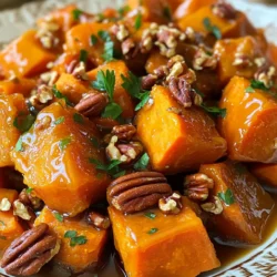 To make Maple Pecan Sweet Potatoes, you need: - 4 medium sweet potatoes, peeled and cubed - 1/2 cup pecans, chopped - 1/4 cup pure maple syrup - 3 tablespoons unsalted butter, melted - 1 teaspoon ground cinnamon - 1/2 teaspoon nutmeg - Salt and pepper to taste - Chopped fresh parsley for garnish (optional) To prepare this dish, gather these tools: - A large pot for boiling - A large mixing bowl - A whisk for mixing - A baking sheet lined with parchment paper - A sharp knife and cutting board Each serving of Maple Pecan Sweet Potatoes has: - Calories: 250 - Protein: 3g - Carbohydrates: 40g - Dietary Fiber: 5g - Sugars: 12g - Fat: 10g - Saturated Fat: 4g - Sodium: 50mg These delicious sweet potatoes give you a tasty and healthy side dish. The maple syrup adds sweetness, while the pecans add crunch. Enjoy this dish at your next meal! Start by peeling and cubing four medium sweet potatoes. Make sure the pieces are even for cooking. Next, bring a large pot of salted water to a boil. Add the sweet potatoes and cook for about 10 to 15 minutes. You want them tender but not mushy. Once done, drain the sweet potatoes and set them aside. In a large mixing bowl, combine 3 tablespoons of melted unsalted butter and 1/4 cup of pure maple syrup. Add in 1 teaspoon of ground cinnamon, 1/2 teaspoon of nutmeg, salt, and pepper to taste. Whisk these ingredients together until they blend well. This mixture will give flavor to the sweet potatoes. Spread the cooked sweet potatoes in a single layer on a parchment-lined baking sheet. Pour the maple mixture over the sweet potatoes. Gently fold to coat them evenly. Now, sprinkle 1/2 cup of chopped pecans on top. Bake in a preheated oven at 400°F for 25 to 30 minutes. Stir the sweet potatoes halfway through to ensure even cooking. They should turn caramelized and golden brown. Once baked, let them cool for a few minutes before serving. Optionally, you can garnish with fresh parsley for a lovely touch. When you choose sweet potatoes, look for ones that are firm and smooth. Avoid those with soft spots or blemishes. The best sweet potatoes have a deep orange color. This means they are sweeter and more flavorful. Size matters too; medium sweet potatoes are ideal for this recipe. To cook sweet potatoes well, boil them in salted water. Cut them into cubes and boil for 10-15 minutes. You want them tender but not mushy. Test by poking with a fork. Once cooked, drain them and let them sit for a few minutes. This step helps them absorb flavors later. Adding spices can boost the taste of your sweet potatoes. Besides cinnamon and nutmeg, try a pinch of ginger for warmth. You can also mix in a splash of orange juice for brightness. For crunch, consider tossing in some chopped walnuts or almonds along with the pecans. Each ingredient adds a new layer of flavor. {{image_2}} You can easily make this dish vegan. Instead of unsalted butter, use coconut oil. This swap keeps the sweet and nutty flavor. Simply melt 3 tablespoons of coconut oil and replace the butter in the recipe. The coconut oil adds a lovely richness. Plus, it pairs well with sweet potatoes and maple syrup. While pecans are classic, you can mix in other nuts. Try walnuts, almonds, or even pumpkin seeds. Each nut adds a unique crunch and flavor. Chop them and sprinkle them over the sweet potatoes just like the pecans. This change gives your dish extra texture and nutrition. You can change the spices to suit your taste. Try adding a pinch of cayenne pepper for heat. Or you can add ground ginger for a warm, spicy flavor. If you like a sweeter touch, add more cinnamon. These simple swaps create new flavor profiles and keep your dish exciting. To store leftover maple pecan sweet potatoes, place them in an airtight container. Make sure they cool first. Keep them in the fridge for up to three days. This helps maintain their flavor and texture. If you have a lot, consider dividing them into smaller containers. This way, you can take out just what you need. Reheat sweet potatoes in the oven for the best results. Preheat your oven to 350°F (175°C). Spread the sweet potatoes on a baking sheet. Cover them with foil to keep them moist. Heat for about 15-20 minutes, or until warmed through. You can also use a microwave. Place them in a microwave-safe dish and cover. Heat in short bursts, checking often, until they are hot. You can freeze these sweet potatoes for later. Allow them to cool completely before freezing. Place them in a freezer-safe container or bag. Make sure to remove as much air as possible. They can last up to three months in the freezer. When ready to eat, thaw them in the fridge overnight. Then, reheat them as described above. Enjoy the same great taste, even after weeks! Yes, you can use canned sweet potatoes. However, fresh sweet potatoes taste best. Canned sweet potatoes are often softer. This can change the texture of your dish. If you choose canned, drain and rinse them first. Then, mix them with the maple pecan coating. Bake them as directed, but reduce cooking time. This will help avoid mushy sweet potatoes. Maple pecan sweet potatoes pair well with many dishes. You can serve them with roasted chicken or turkey. They also go great with glazed ham. For a vegetarian option, try them with stuffed peppers. A fresh green salad balances the sweetness too. Serve these sweet potatoes for holidays or family dinners. They add a lovely touch to any meal. To adjust cooking time, consider the size of your dish. If you double the sweet potatoes, use a larger baking sheet. Make sure they are in a single layer. Larger amounts may need a few extra minutes in the oven. Check for doneness by piercing with a fork. Aim for a golden brown color for the best flavor. This blog post covered how to make delicious maple pecan sweet potatoes. We discussed the key ingredients, kitchen tools, and their nutrition facts. I provided step-by-step instructions, tips for the perfect texture, and ideas for flavor variations. Remember, selecting the best sweet potatoes can boost your dish. Proper storage keeps leftovers fresh. I hope you feel ready to try this recipe and enjoy your meal!