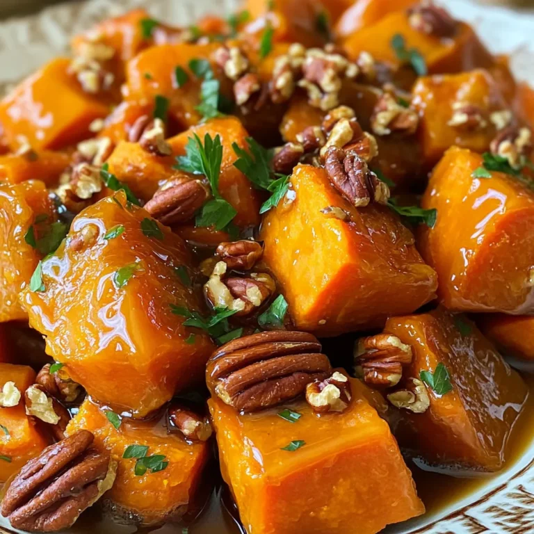 To make Maple Pecan Sweet Potatoes, you need: - 4 medium sweet potatoes, peeled and cubed - 1/2 cup pecans, chopped - 1/4 cup pure maple syrup - 3 tablespoons unsalted butter, melted - 1 teaspoon ground cinnamon - 1/2 teaspoon nutmeg - Salt and pepper to taste - Chopped fresh parsley for garnish (optional) To prepare this dish, gather these tools: - A large pot for boiling - A large mixing bowl - A whisk for mixing - A baking sheet lined with parchment paper - A sharp knife and cutting board Each serving of Maple Pecan Sweet Potatoes has: - Calories: 250 - Protein: 3g - Carbohydrates: 40g - Dietary Fiber: 5g - Sugars: 12g - Fat: 10g - Saturated Fat: 4g - Sodium: 50mg These delicious sweet potatoes give you a tasty and healthy side dish. The maple syrup adds sweetness, while the pecans add crunch. Enjoy this dish at your next meal! Start by peeling and cubing four medium sweet potatoes. Make sure the pieces are even for cooking. Next, bring a large pot of salted water to a boil. Add the sweet potatoes and cook for about 10 to 15 minutes. You want them tender but not mushy. Once done, drain the sweet potatoes and set them aside. In a large mixing bowl, combine 3 tablespoons of melted unsalted butter and 1/4 cup of pure maple syrup. Add in 1 teaspoon of ground cinnamon, 1/2 teaspoon of nutmeg, salt, and pepper to taste. Whisk these ingredients together until they blend well. This mixture will give flavor to the sweet potatoes. Spread the cooked sweet potatoes in a single layer on a parchment-lined baking sheet. Pour the maple mixture over the sweet potatoes. Gently fold to coat them evenly. Now, sprinkle 1/2 cup of chopped pecans on top. Bake in a preheated oven at 400°F for 25 to 30 minutes. Stir the sweet potatoes halfway through to ensure even cooking. They should turn caramelized and golden brown. Once baked, let them cool for a few minutes before serving. Optionally, you can garnish with fresh parsley for a lovely touch. When you choose sweet potatoes, look for ones that are firm and smooth. Avoid those with soft spots or blemishes. The best sweet potatoes have a deep orange color. This means they are sweeter and more flavorful. Size matters too; medium sweet potatoes are ideal for this recipe. To cook sweet potatoes well, boil them in salted water. Cut them into cubes and boil for 10-15 minutes. You want them tender but not mushy. Test by poking with a fork. Once cooked, drain them and let them sit for a few minutes. This step helps them absorb flavors later. Adding spices can boost the taste of your sweet potatoes. Besides cinnamon and nutmeg, try a pinch of ginger for warmth. You can also mix in a splash of orange juice for brightness. For crunch, consider tossing in some chopped walnuts or almonds along with the pecans. Each ingredient adds a new layer of flavor. {{image_2}} You can easily make this dish vegan. Instead of unsalted butter, use coconut oil. This swap keeps the sweet and nutty flavor. Simply melt 3 tablespoons of coconut oil and replace the butter in the recipe. The coconut oil adds a lovely richness. Plus, it pairs well with sweet potatoes and maple syrup. While pecans are classic, you can mix in other nuts. Try walnuts, almonds, or even pumpkin seeds. Each nut adds a unique crunch and flavor. Chop them and sprinkle them over the sweet potatoes just like the pecans. This change gives your dish extra texture and nutrition. You can change the spices to suit your taste. Try adding a pinch of cayenne pepper for heat. Or you can add ground ginger for a warm, spicy flavor. If you like a sweeter touch, add more cinnamon. These simple swaps create new flavor profiles and keep your dish exciting. To store leftover maple pecan sweet potatoes, place them in an airtight container. Make sure they cool first. Keep them in the fridge for up to three days. This helps maintain their flavor and texture. If you have a lot, consider dividing them into smaller containers. This way, you can take out just what you need. Reheat sweet potatoes in the oven for the best results. Preheat your oven to 350°F (175°C). Spread the sweet potatoes on a baking sheet. Cover them with foil to keep them moist. Heat for about 15-20 minutes, or until warmed through. You can also use a microwave. Place them in a microwave-safe dish and cover. Heat in short bursts, checking often, until they are hot. You can freeze these sweet potatoes for later. Allow them to cool completely before freezing. Place them in a freezer-safe container or bag. Make sure to remove as much air as possible. They can last up to three months in the freezer. When ready to eat, thaw them in the fridge overnight. Then, reheat them as described above. Enjoy the same great taste, even after weeks! Yes, you can use canned sweet potatoes. However, fresh sweet potatoes taste best. Canned sweet potatoes are often softer. This can change the texture of your dish. If you choose canned, drain and rinse them first. Then, mix them with the maple pecan coating. Bake them as directed, but reduce cooking time. This will help avoid mushy sweet potatoes. Maple pecan sweet potatoes pair well with many dishes. You can serve them with roasted chicken or turkey. They also go great with glazed ham. For a vegetarian option, try them with stuffed peppers. A fresh green salad balances the sweetness too. Serve these sweet potatoes for holidays or family dinners. They add a lovely touch to any meal. To adjust cooking time, consider the size of your dish. If you double the sweet potatoes, use a larger baking sheet. Make sure they are in a single layer. Larger amounts may need a few extra minutes in the oven. Check for doneness by piercing with a fork. Aim for a golden brown color for the best flavor. This blog post covered how to make delicious maple pecan sweet potatoes. We discussed the key ingredients, kitchen tools, and their nutrition facts. I provided step-by-step instructions, tips for the perfect texture, and ideas for flavor variations. Remember, selecting the best sweet potatoes can boost your dish. Proper storage keeps leftovers fresh. I hope you feel ready to try this recipe and enjoy your meal!