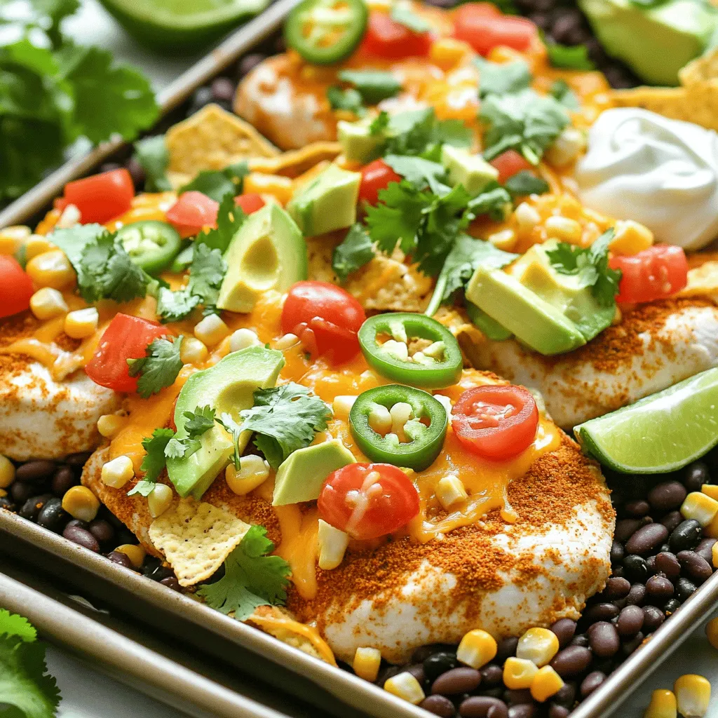 - 4 boneless, skinless chicken breasts - 1 cup black beans, rinsed and drained - 1 cup corn kernels (fresh or frozen) - 2 cups tortilla chips - 1 cup shredded cheddar cheese - 1 cup diced tomatoes - 2 tablespoons olive oil - 1 packet taco seasoning (or homemade mixture) - 1 jalapeño, sliced (optional) - 1/4 cup fresh cilantro, chopped - 1 avocado, sliced - Sour cream and lime wedges for serving The main ingredients create a hearty base for Sheet Pan Nacho Chicken. The chicken breasts offer protein, while the black beans and corn add texture. Tortilla chips provide crunch, and cheddar cheese gives that gooey goodness we all love. Diced tomatoes brighten the dish and add freshness. For seasoning, olive oil helps the spices stick to the chicken. Taco seasoning packs in flavor; feel free to make your own with cumin, chili powder, garlic powder, and oregano. If you like heat, add sliced jalapeños. Garnishing the dish with cilantro and avocado brings color and flavor. Sour cream and lime wedges add a refreshing finish. Each ingredient plays a role in making this dish simple yet delicious. You can mix and match based on your taste, but these ingredients give you a great start. - Preheat the oven to 400°F (200°C). - In a bowl, mix olive oil and taco seasoning. Coat the chicken breasts well. - Line a baking sheet with parchment paper for easy cleanup. - Place the seasoned chicken on one side of the pan. - Spread black beans and corn on the other side. - Bake the chicken for 20 minutes. Make sure it cooks through. - Take the pan out and scatter tortilla chips on top. - Add cheddar cheese and diced tomatoes over everything. - If you like heat, add sliced jalapeños. - Return the pan to the oven for 5-7 minutes. Bake until the cheese melts. To get the best flavor, season your chicken well. Mix olive oil with taco seasoning in a bowl. Make sure each chicken breast gets a good coat. This step is key for juicy and tasty chicken. Always check the internal temperature. Cook the chicken until it hits 165°F (75°C). Use a meat thermometer for accuracy. This ensures it’s safe to eat and not dry. Choosing the right cheese matters. I love using sharp cheddar cheese. It melts well and adds a nice flavor. You can also try pepper jack for some heat. To melt cheese perfectly, add it toward the end of cooking. Keep an eye on it in the oven. You want it to be bubbly and golden, not burnt. For side dishes, I recommend a fresh salad. A simple mix of greens and lime dressing works well. You can also serve rice or refried beans for extra heartiness. For presentation, use a large platter. Arrange the nacho chicken in the center. Top it with avocado slices and cilantro. This makes it look delicious and inviting. Don't forget sour cream and lime wedges on the side for extra flavor! {{image_2}} You can easily switch out the chicken for other proteins. Turkey works well and keeps it lean. If you prefer a plant-based option, try tofu. Just press it to remove water and season it the same way. For the beans, black beans are great, but you can use pinto beans or kidney beans too. If you want to skip the beans, add extra corn instead. You can also swap corn for bell peppers or zucchini for extra veggies. Want to spice things up? Add your favorite spices. Try cayenne or smoked paprika for more heat. A few dashes of hot sauce can also add a kick. Cheese is key in this dish. While cheddar is classic, you can use Monterey Jack or pepper jack for a twist. You can even mix different cheeses for a richer flavor. If you need a gluten-free option, use gluten-free tortilla chips. Always check the label to be sure. Many taco seasonings are gluten-free, but it’s smart to confirm. For a vegan version, replace the chicken with tofu or tempeh. Use vegan cheese or skip the cheese altogether. You can add more veggies for texture and flavor. To store leftovers, place them in an airtight container. Make sure to cool the dish down first. You can keep it in the fridge for up to three days. When you want to reheat, use the oven. Preheat it to 350°F (175°C). Place the chicken on a baking sheet and heat for about 15 minutes. This keeps it juicy and tasty. You can also use the microwave for quick reheating. Just cover the dish to avoid drying out the food. Yes, you can freeze Sheet Pan Nacho Chicken. To freeze, let it cool completely. Then, place the chicken and toppings in a freezer-safe container. Use freezer bags for easy storage. Remove as much air as you can to avoid freezer burn. It can stay in the freezer for up to three months. To thaw, move it to the fridge overnight. For quick thawing, place the sealed bag in cold water. Once thawed, reheat in the oven or microwave until warm. Enjoy your delicious meal later! It takes about 15 minutes to prep. Then, you will cook it for 25 to 27 minutes. The total time is 45 minutes. This meal is quick and easy for busy nights. Yes, you can change many toppings to fit your taste. Try using cooked ground beef or turkey instead of chicken. You can swap black beans for pinto beans or kidney beans. If you like spice, add more jalapeños. For a fresh twist, use fresh avocado or different cheese like pepper jack. You can serve this dish with a side salad or rice. For a refreshing drink, try lemonade or iced tea. These sides will balance the flavors and make your meal complete. This blog post covers a tasty recipe for Sheet Pan Nacho Chicken. You learned about the main ingredients, including chicken, beans, corn, and cheese. I shared step-by-step instructions for easy preparation and baking. Tips helped you perfect your dish with cheese, toppings, and side suggestions. With variations and storage info, you can customize and save leftovers easily. Enjoy your meal creation! This dish is fun, versatile, and perfect for sharing.