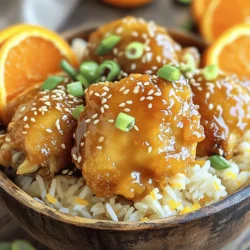 - 1 lb boneless, skinless chicken thighs, cut into bite-sized pieces - 1 cup fresh orange juice (from about 2-3 oranges) - Zest of 1 orange - 1/3 cup brown sugar - 2 tablespoons soy sauce (low-sodium recommended) The chicken thighs give this dish its juicy taste. I love using fresh orange juice and zest. They add a bright flavor that makes everything better. Brown sugar and soy sauce bring a sweet and salty mix. This balance of flavors is what makes this orange chicken better than takeout. - 1/2 cup all-purpose flour - 1/4 cup cornstarch - 1/2 teaspoon salt - 1/2 teaspoon black pepper - 1/2 teaspoon garlic powder - 1/2 teaspoon ginger powder The coating is key for crispiness. I mix flour and cornstarch to get a light texture. The salt and pepper bring out the chicken's flavor. Garlic powder and ginger powder give it a warm taste that pairs well with the orange. - Sesame seeds - Chopped green onions Garnishes make your dish pop. I like to sprinkle sesame seeds on top for crunch. Chopped green onions add a fresh touch. These simple additions make the dish look and taste even better. 1. In a mixing bowl, take 1/2 cup of all-purpose flour. 2. Add 1/4 cup of cornstarch, 1/2 teaspoon of salt, 1/2 teaspoon of black pepper, 1/2 teaspoon of garlic powder, and 1/2 teaspoon of ginger powder. 3. Mix all these dry ingredients well. This blend gives the chicken its tasty coating. 4. Now, take your 1 lb of boneless, skinless chicken thighs cut into bite-sized pieces. 5. Coat each piece in the flour mixture. You want an even layer. Shake off any extra flour before frying. 1. Heat a large skillet or wok over medium-high heat. Add 1/4 cup of vegetable oil. 2. Make sure the oil is hot. You can test it by dropping a small piece of chicken in. If it sizzles, it’s ready. 3. Place the chicken pieces in batches. Fry them for about 6 to 8 minutes, turning them until they are golden brown. 4. When they are crispy, remove them. Place them on a paper towel-lined plate to soak up excess oil. 1. In a separate saucepan, pour in 1 cup of fresh orange juice. You can use juice from about 2 to 3 oranges. 2. Add the zest of 1 orange, 1/3 cup of brown sugar, 2 tablespoons of low-sodium soy sauce, and 1 tablespoon of rice vinegar. 3. Stir this mixture over medium heat. Bring it to a simmer. Keep stirring until the sugar dissolves. 4. Mix 1 tablespoon of cornstarch with 2 tablespoons of water to create a slurry. 5. Stir this slurry into the sauce. Cook for an additional 2 to 3 minutes until the sauce thickens. 1. Take the fried chicken pieces and add them into the orange sauce. 2. Toss the chicken gently until every piece is well coated in the sticky glaze. 3. Serve the orange chicken over steamed jasmine rice or fried rice for a perfect meal. 4. For a beautiful touch, garnish with sesame seeds and chopped green onions before serving. To get that crunchy skin, use a mix of flour and cornstarch. This blend creates a light and airy crust. Make sure your oil is hot before adding the chicken. This helps seal in moisture and keeps the chicken crispy. Fry the chicken in small batches. If you overcrowd the pan, the temperature drops. This leads to soggy chicken. Keep an eye on your chicken while it cooks. You want it golden brown and cooked through. To boost the taste, try adding red pepper flakes or black sesame seeds. These spices add warmth and depth. You can also use a splash of lime juice to balance the sweetness. If the sauce is too sweet, a bit of acidity brightens it up. Adjust flavors to fit your taste. A pinch of salt can also enhance the orange flavor. Serve your orange chicken in a bright bowl. A white plate makes the colors pop. Drizzle extra sauce on top for a glossy look. For garnishing, sprinkle sesame seeds and chopped green onions. You can also add fresh orange slices for a fun touch. This makes the dish look inviting and delicious. {{image_2}} You can use chicken breast instead of thighs for a leaner choice. Chicken breast cooks faster and stays tender if you don’t overcook it. If you want a plant-based option, try tofu. Press and drain the tofu first for the best texture. Cut it into cubes and coat it just like the chicken. This makes a tasty, vegetarian version! If you need a gluten-free meal, swap the all-purpose flour with rice flour or gluten-free flour. For soy sauce, use tamari, which is gluten-free. You can also find gluten-free coatings at your local market. These small changes keep the flavors while making it safe for those with gluten allergies. Want to add a kick? Try chili sauce or sriracha in the orange sauce. Just a little goes a long way to boost the heat. You can also mix in different citrus fruits. Lemon or lime can add a nice twist. Experimenting with flavors helps you find the perfect taste for your orange chicken! To keep your orange chicken fresh, cool it down first. Place it in an airtight container. This helps keep the chicken juicy and prevents it from drying out. I suggest using glass or BPA-free plastic containers. They are safe and easy to clean. Store your leftovers in the fridge for up to three days. To reheat your orange chicken, use an oven or an air fryer. These methods keep the chicken crispy. Preheat the oven to 350°F (175°C). Place the chicken on a baking sheet. Heat for about 10 to 15 minutes. For the sauce, use a small pot on low heat. Stir it often until warm. You can add a splash of water if it thickens too much. If you want to freeze your orange chicken, let it cool first. Place the chicken in a freezer-safe bag. Squeeze out the air before sealing it. You can freeze it for up to three months. When ready to eat, thaw it in the fridge overnight. To reheat, use the oven for the chicken and the pot for the sauce. This helps keep the flavor and texture just right. Yes, you can use chicken breasts. They are leaner and less fatty. However, thighs are juicier and more flavorful. Chicken breasts can dry out if overcooked. If you choose breasts, watch the cooking time closely. Both cuts can work well in this recipe. To thicken the sauce, use cornstarch. Mix 1 tablespoon of cornstarch with 2 tablespoons of water to create a slurry. Stir this into the simmering sauce. Cook for a few minutes until it thickens. If you want it thicker, add a bit more cornstarch slurry. Just be careful not to add too much at once. Orange chicken goes great with rice. I recommend steamed jasmine rice or fried rice. You can also serve it with stir-fried veggies like broccoli or snap peas. These sides balance the sweet and tangy flavors of the dish. To reduce sweetness, cut back on brown sugar. You could use half the amount and taste as you go. Adding more soy sauce can also help balance the flavors. A splash of rice vinegar adds acidity, which can make the dish less sweet too. In this article, I covered how to make orange chicken from start to finish. We discussed the main ingredients and the coating mixture that gives it that tasty crunch. I provided steps for frying and finishing the dish with a flavorful sauce. Tips for crispiness and presentation help elevate your meal. As you explore variations, storage, and reheating, you'll see how easily you can adapt this recipe. This dish is perfect for any table. Enjoy cooking and sharing this tasty meal!