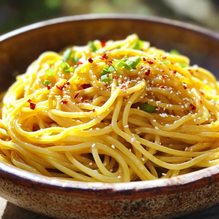 To make Minute Garlic Chili Oil Noodles, you need: - 200g noodles (your choice: wheat, rice, or egg) - 4 tablespoons olive oil - 3 cloves garlic, thinly sliced - 1-2 teaspoons chili flakes (adjust to taste) - 2 tablespoons soy sauce - 1 tablespoon sesame oil - 1 tablespoon rice vinegar - 1 teaspoon sugar - 2 green onions, thinly sliced - Salt, to taste - Toasted sesame seeds, for garnish If you don’t have all the ingredients, here are some swaps you can try: - Noodles: Use any pasta you have on hand. - Olive oil: Can be replaced with vegetable or canola oil. - Soy sauce: Tamari works for a gluten-free option. - Rice vinegar: Use apple cider vinegar if needed. - Sugar: Honey or maple syrup can add sweetness too. When picking noodles, consider these points: - Texture: Choose noodles that hold sauce well, like egg noodles or udon. - Cooking Time: Check the package to match the cooking time with your meal. - Flavor: Some noodles have a strong taste. Pick what you enjoy most. Start by boiling a pot of salted water. This adds flavor to the noodles. Once boiling, add your choice of 200g noodles. Cook them until they are al dente. This usually takes a few minutes, depending on the type of noodle. Drain the noodles and set them aside. Make sure not to rinse them. This keeps the starch that helps the sauce stick. In a small saucepan, pour in 4 tablespoons of olive oil. Heat it over medium heat. Once the oil is hot, add 3 thinly sliced garlic cloves. Then, sprinkle in 1-2 teaspoons of chili flakes. The amount of chili flakes can change based on your spice level. Sauté the mixture for about 2-3 minutes. You want the garlic to turn golden brown but not burnt. Keep an eye on it. Garlic burns quickly, and we want that nice flavor! In a bowl, whisk together 2 tablespoons of soy sauce, 1 tablespoon of sesame oil, 1 tablespoon of rice vinegar, and 1 teaspoon of sugar. Mix until the sugar dissolves. Next, in a large mixing bowl, add the cooked noodles. Pour the garlic chili oil over the noodles, making sure to include the garlic and chili flakes. Add the soy sauce mix too. Toss everything together until the noodles are well coated. Finally, add salt to taste, and toss in 2 thinly sliced green onions. Serve the noodles warm, topped with toasted sesame seeds for that perfect crunch. To get the best chili flavor, adjust the chili flakes. Use 1 teaspoon for a mild taste. If you want it hot, add up to 2 teaspoons. The key lies in the garlic chili oil. Heat the olive oil gently. Add garlic and chili flakes only when the oil is warm. Sauté until the garlic is golden, not brown. This brings out the chili's full flavor. Meal prep can make cooking easy. Cook a larger batch of noodles. Store them in a sealed container. You can also prepare the garlic chili oil in advance. Just keep it in the fridge. Mix the noodles and oil together when you are ready to eat. This can save you time on busy days. One mistake is overcooking the noodles. Always check the package for cooking time. Drain them right away to stop cooking. Another mistake is burning the garlic. Keep an eye on it while sautéing. If it burns, it will taste bitter. Lastly, don’t skip the salt. It enhances all the flavors in the dish. {{image_2}} You can easily add vegetables to your noodles. Broccoli, bell peppers, or snap peas work great. Just chop them into small pieces. Sauté them in the oil mix for a few minutes. This adds color and nutrients. You can also use leafy greens like spinach. They wilt quickly and add a nice touch. Mix and match according to what you have. Adding protein boosts the dish's heartiness. Cooked chicken, shrimp, or tofu are excellent choices. For chicken, grill or pan-fry pieces until golden. For shrimp, sauté until pink and tender. If using tofu, pan-fry cubes until crispy. Toss your protein into the noodles at the end. This keeps everything warm and flavorful. You control the heat level in this dish. If you like spice, add more chili flakes. Start with one teaspoon and taste as you go. For a milder version, reduce the chili flakes. You can also swap out the chili flakes for sweet paprika. This gives flavor without the heat. Always taste and adjust to your liking. Storing leftover Minute Garlic Chili Oil Noodles is simple. First, let the noodles cool down. Then, transfer them to an airtight container. This keeps the noodles fresh and tasty. You can store them in the fridge for up to three days. Be sure to label the container with the date. This helps you remember how long they have been there. When you are ready to eat the leftovers, reheating is key. You can use a microwave or a pan. If using a microwave, place the noodles in a bowl. Add a splash of water to keep them moist. Heat for about one minute, then stir and check. If they are not warm enough, heat in 30-second bursts. If you prefer a pan, heat a small amount of olive oil over low heat. Add the noodles and stir until they are warm. This method keeps the flavor intact. If you want to store the noodles for longer, freezing is a great choice. Make sure the noodles are cool before freezing. Place them in a freezer-safe container or bag. Remove as much air as possible. This helps prevent freezer burn. You can freeze the noodles for up to three months. When you are ready to eat, thaw them in the fridge overnight before reheating. This way, they stay delicious. Yes, you can use any noodles you like. Wheat noodles work well. Rice noodles give a nice twist. Egg noodles add richness. Just follow the cook time on the package. You want them al dente for the best texture. To make it vegetarian, skip the meat and use only veggies. For vegan, use soy sauce instead of any fish sauce. All the other ingredients are already plant-based. You can add tofu for protein if you like. These noodles pair well with many dishes. Try serving them with steamed broccoli or bok choy. Grilled chicken or shrimp also makes a tasty match. A side of spring rolls adds a nice crunch. Enjoy exploring different options! You learned the key ingredients and steps for making Minute Garlic Chili Oil Noodles. We discussed tips for choosing the right noodles and avoiding common mistakes. I shared how to customize your dish with vegetables and proteins, while adjusting the heat to your liking. Storing leftovers and reheating are crucial for enjoying them later. Remember, this dish is flexible and fun to make. Experiment to find your favorite version. Enjoy your cooking journey and make these noodles a staple in your meals.