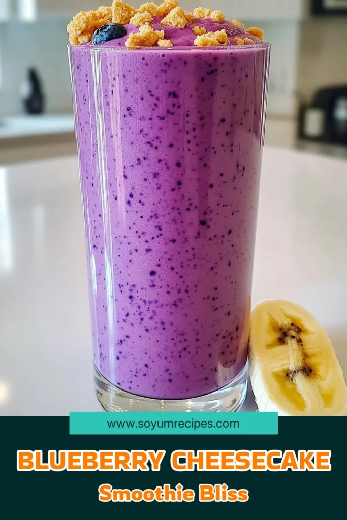 Indulge in a deliciously creamy Blueberry Cheesecake Smoothie packed with protein! This quick recipe combines frozen blueberries, low-fat cream cheese, and a banana for a healthy twist. Perfect as a breakfast or snack, it's easy to make in just 5 minutes. Discover how to create this delightful treat and elevate your smoothie game. Click through for the recipe and enjoy a nutritious boost! #BlueberryCheesecakeSmoothie #HealthyRecipes #ProteinSmoothie #SmoothieRecipes