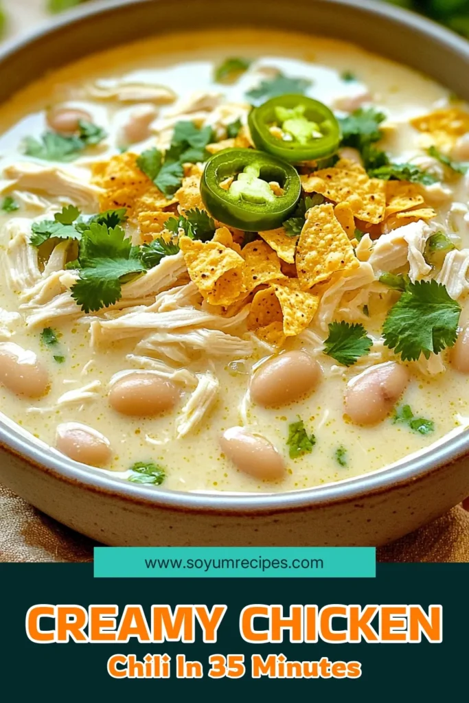 Warm up with this delicious creamy white chicken chili recipe! Perfectly spiced and easy to make, this comforting dish combines shredded chicken, white kidney beans, and a blend of flavorful spices simmered in creamy goodness. Ready in just 35 minutes, it's a perfect weeknight meal that's sure to please. Click through for the full recipe and make your dinner delightful tonight! #WhiteChickenChili #ComfortFood #EasyRecipes #DinnerInspiration