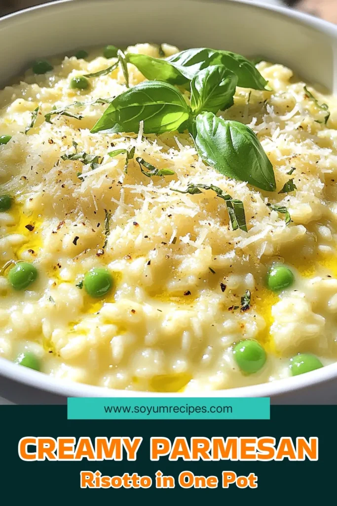 Discover the creamy goodness of One-Pot Creamy Parmesan Risotto with Peas! This easy recipe combines Arborio rice, rich Parmesan, and fresh peas cooked to perfection in just 30 minutes. Perfect for a comforting weeknight dinner or impressing guests, this risotto is simple yet luxurious. Click to explore the full recipe and make this delicious dish today! #CreamyRisotto #OnePotMeals #EasyRecipes #ComfortFood