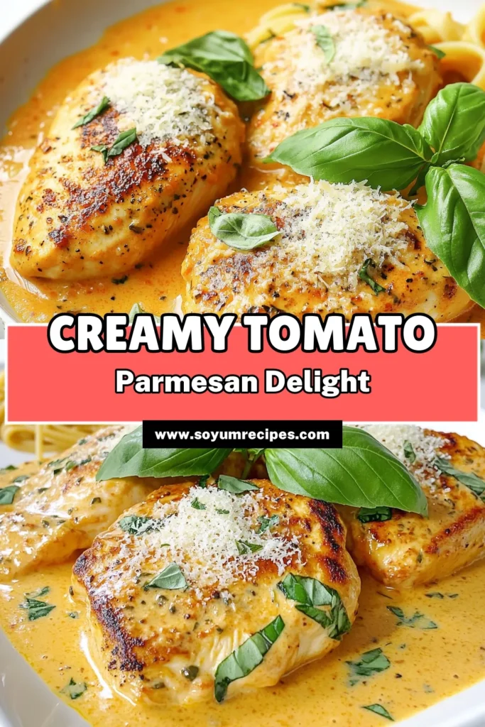 Indulge in this creamy tomato parmesan chicken recipe that will elevate your dinner game! With tender chicken breasts simmered in a luscious tomato cream sauce, it's the perfect blend of flavor and comfort. In just 40 minutes, you can whip up this delicious meal that pairs wonderfully with pasta or a fresh salad. Ready to impress your family? Click through for the full recipe and make your next dinner unforgettable! #CreamyTomatoParmesanChicken #DinnerRecipes #EasyCooking #YummyFood