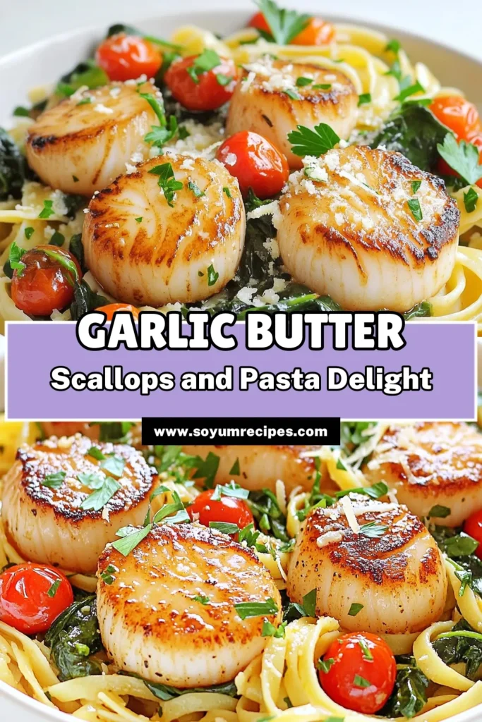 Indulge in a delicious Garlic Butter Scallops with Pasta dish that's sure to impress! This easy recipe combines tender sea scallops, al dente pasta, and a rich garlic butter sauce infused with fresh spinach and cherry tomatoes. Perfect for a romantic dinner or a special occasion, it's ready in just 30 minutes. Click through for the full recipe and elevate your culinary skills tonight! #ScallopsRecipe #PastaDish #GarlicButter #SeafoodCooking