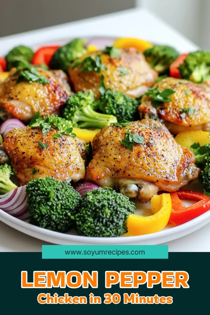 Elevate your dinner game with this Zesty Sheet Pan Lemon Pepper Chicken & Veggies recipe that perfectly balances flavor and ease! Tender chicken thighs marinated in a vibrant mix of lemon and spices, paired with fresh veggies, make for a delicious one-pan meal. Ready in just 50 minutes, this dish is perfect for busy nights. Click through for the full recipe and bring zesty goodness to your table tonight! #LemonPepperChicken #SheetPanRecipes #HealthyDinner #EasyMeals
