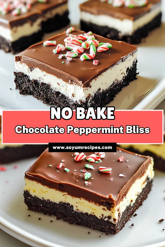 Indulge in the festive delight of No-Bake Chocolate Peppermint Oreo Bars! These easy-to-make treats combine the rich flavors of Oreo cookies, cream cheese, and chocolate, topped with a refreshing crunch of peppermint candies. Perfect for holiday parties or a sweet snack any time. Check out the full recipe for step-by-step instructions and tips for presentation! Don't miss out—click through to create your own delicious batch today! #NoBakeDesserts #PeppermintTreats #OreoDesserts #HolidayRecipes