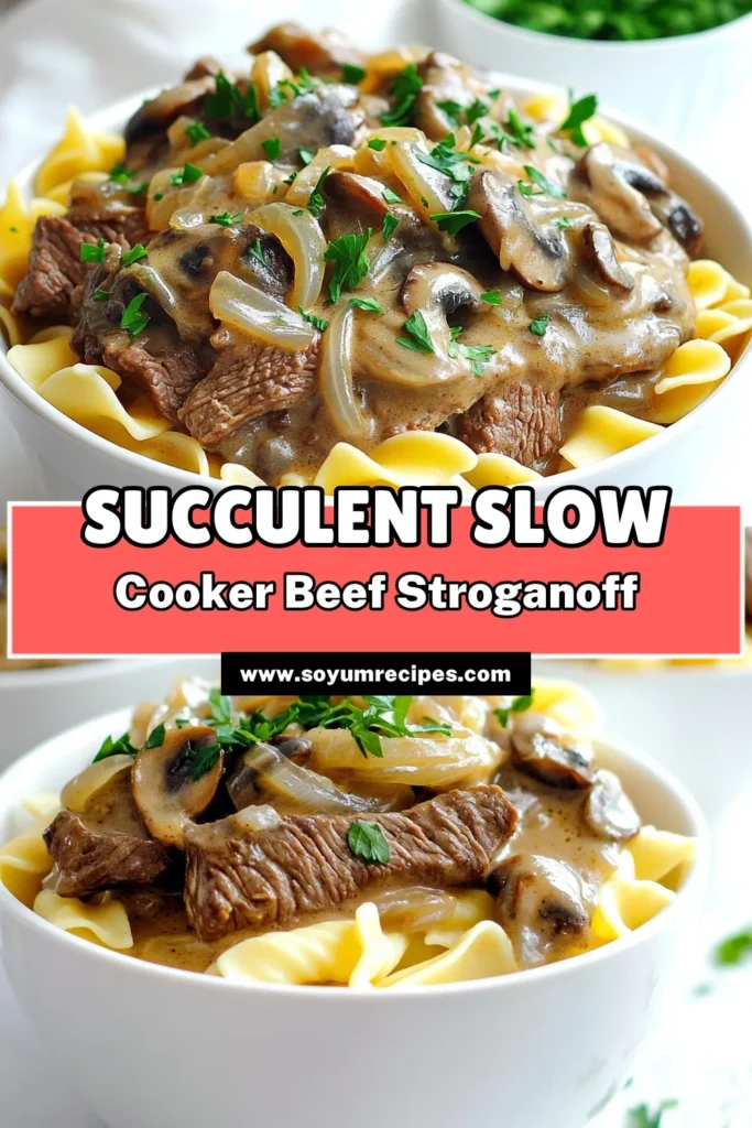 Savor the rich flavors of this Savory Slow Cooker Beef Stroganoff with an easy recipe perfect for any busy weeknight! This tender beef dish, cooked to perfection in your slow cooker, combines hearty ingredients like mushrooms, garlic, and creamy sour cream. Ready in just 8 hours, it's a meal everyone will love. Click through to discover how to make this comforting classic! #SlowCookerRecipes #BeefStroganoff #ComfortFood #EasyRecipes