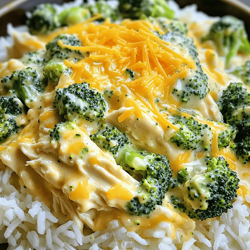 For this dish, use: - 4 boneless, skinless chicken breasts - 2 cups fresh broccoli florets The chicken forms the base of the meal. It's tender and juicy when cooked slowly. Fresh broccoli adds color and crunch. You add it near the end to keep it bright and vibrant. You will need: - 1 cup shredded sharp cheddar cheese - 1 can (10.5 oz) cream of chicken soup - 1/2 cup sour cream Sharp cheddar cheese gives rich flavor. The cream of chicken soup creates a creamy sauce. Sour cream adds a tangy finish that balances the cheese. Gather these seasonings: - 1/2 cup chicken broth - 1 teaspoon garlic powder - 1 teaspoon onion powder - 1/2 teaspoon black pepper - 1/2 teaspoon salt - 1 teaspoon Dijon mustard The chicken broth adds moisture. Garlic and onion powders enhance the flavor. Black pepper and salt bring out the best in all the ingredients. Dijon mustard adds a subtle zing that ties everything together. First, grab your slow cooker. Place four boneless, skinless chicken breasts at the bottom. Make sure they fit well and are not crowded. This helps them cook evenly. I like to use fresh chicken for the best flavor. If you have frozen chicken, just thaw it first. Now, it’s time to make the sauce. In a medium bowl, combine one can of cream of chicken soup and half a cup of chicken broth. Add in one teaspoon of garlic powder, one teaspoon of onion powder, half a teaspoon of black pepper, half a teaspoon of salt, and one teaspoon of Dijon mustard. Mix it all together until smooth. This sauce is where the magic happens! Pour the sauce over the chicken in the slow cooker. Cover the pot and set it to cook on low for about four hours. If you’re in a hurry, you can cook it on high for two hours. Make sure the chicken reaches 165°F for safety. About 30 minutes before the cooking ends, gently add two cups of fresh broccoli florets. Stir them in carefully. Once the chicken is done, shred it using two forks and stir in half a cup of sour cream and one cup of shredded sharp cheddar cheese. This makes the dish creamy and rich. Serve over cooked rice or pasta for a complete meal. Enjoy! To get juicy chicken, use boneless and skinless breasts. Place them at the bottom of the slow cooker. This helps them cook evenly. You want an internal temperature of 165°F. If your chicken is frozen, cook it longer. Check it at the two-hour mark on high or four hours on low. For the best creamy texture, mix the cream of chicken soup, chicken broth, and seasonings in a bowl. Stir until smooth and pour it over the chicken. Adding sour cream and cheddar cheese at the end helps make it rich and smooth. If it looks too thick, add a splash more broth. Serve your dish in shallow bowls. This makes it look great and easy to eat. Top with extra cheddar cheese and a few broccoli florets for color. You can serve it over rice or pasta. This adds more flavor and texture. {{image_2}} You can add more veggies to this dish. Carrots, green beans, or cauliflower work well. Just chop them into small pieces. Add them to the slow cooker with the broccoli. This mix gives you more colors and flavors. It also boosts the nutrients. You can try bell peppers for a sweet touch. Experiment with different veggies to find your favorite combo. Cheddar cheese is a classic choice, but you can switch it up. Try using mozzarella for a stretchy, gooey texture. Parmesan adds a sharp, nutty flavor. Pepper jack brings a bit of spice. Mix and match these cheeses to create your own taste. Just remember to keep the total amount around one cup. This way, the dish stays creamy and rich. If you don’t have a slow cooker, you can still make this meal. Use a stovetop pot instead. Start by cooking the chicken in a pot on medium heat. Once it’s cooked, add your sauce and veggies. Simmer everything together until the broccoli is tender. You can also use an oven-safe dish. Cover it with foil and bake at 350°F for about 30 minutes. This method gives you a nice baked flavor while keeping things simple. Once you finish your meal, let the leftovers cool. Place the creamy broccoli cheddar chicken in an airtight container. This will keep it fresh. Store it in the fridge for up to three days. When you want to enjoy it again, just take it out. You can freeze this dish too! Use a freezer-safe container or bag. Make sure to remove as much air as possible. This helps prevent freezer burn. You can freeze it for up to three months. When you’re ready to eat, thaw it overnight in the fridge. To reheat, you have a few options. The microwave works well for quick meals. Place the chicken in a bowl and cover it. Heat in short bursts, stirring in between. You can also use the stove. Place it in a pot over low heat. Stir often until it warms up. If it looks too thick, add a splash of chicken broth. This will bring the creaminess back. Enjoy your meal! Yes, you can use frozen chicken breasts. Just add an extra hour to the cooking time. Cook on high for about three hours. The chicken will still turn out tender and juicy. Just make sure it reaches 165°F when done. To thicken the sauce, you can add a tablespoon of cornstarch mixed with cold water. Stir this into the slow cooker about 30 minutes before serving. This will help create a nice, thick sauce. You can also add more cheese or sour cream for extra creaminess. You can serve this dish with cooked rice or pasta. Both options soak up the creamy sauce well. For a lighter meal, consider a side salad. Roasted vegetables also pair nicely and add color to your plate. This blog post covered all you need for a tasty Creamy Broccoli Cheddar Chicken. We explored ingredient options, step-by-step cooking methods, and helpful tips. Remember to ensure your chicken cooks well and your sauce stays creamy. Feel free to try different veggies or cheeses to make this dish unique. Store leftovers properly to enjoy later. This dish is easy, fun, and delicious! Get creative and enjoy cooking.