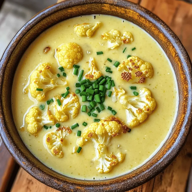 To make this creamy soup, you need these main ingredients: - 1 large head of cauliflower, cut into florets - 2 tablespoons olive oil - 1 medium onion, chopped - 3 cloves garlic, minced - 4 cups vegetable broth - 1 cup coconut milk (or heavy cream) - 1 teaspoon ground cumin - 1 teaspoon smoked paprika - Salt and pepper to taste - Fresh chives or parsley for garnish These ingredients bring out the best flavors. The cauliflower gives a great base. The spices add warmth and depth. Olive oil helps in roasting and adds richness. You can get creative with this soup. Here are some optional ingredients: - Add a splash of lemon juice for brightness. - Use almond milk instead of coconut milk for a nutty flavor. - Try adding nutritional yeast for a cheesy taste. - Swap out the spices for your favorites, like curry powder or thyme. These swaps can change the taste and make it your own. Feel free to experiment with what you have. This soup is not only tasty but also healthy. Here’s a quick look at the nutrition: - Calories: About 250 per serving - Protein: 5g - Fat: 15g - Carbohydrates: 30g - Fiber: 6g The coconut milk gives healthy fats. Cauliflower is low in calories and high in fiber. This soup can be filling and nutritious. Enjoy it guilt-free! To start, take a large head of cauliflower and cut it into florets. Make sure the pieces are roughly the same size. This helps them cook evenly. Next, toss the florets in a bowl with olive oil, salt, and pepper. Coat them well. This adds flavor and helps with roasting. Now, preheat your oven to 425°F (220°C). Spread the cauliflower on a large baking tray in a single layer. Roasting gives the florets a nice, golden color. Roast for 25-30 minutes. Flip them halfway through to ensure they brown evenly. When done, they should be tender and flavorful. While the cauliflower roasts, chop one medium onion and mince three cloves of garlic. In a large pot, heat a splash of olive oil over medium heat. Add the onion and cook until it is soft and clear, about five minutes. Next, add the minced garlic, ground cumin, and smoked paprika. Cook this mix for one to two minutes. The smell will be amazing! Once the cauliflower is ready, add it to the pot with the sautéed mix. This will build a great base for your soup. To make this soup pop, use spices wisely. Ground cumin adds warmth and depth. Smoked paprika brings a lovely, smoky flavor. Try adding a pinch of cayenne for heat. You can also use fresh herbs like thyme or rosemary. These can uplift the taste even more. Always taste as you go. Adjust the spices based on what you like. For a creamy soup, blending is key. Use an immersion blender for easy mixing right in the pot. If you prefer a traditional blender, be careful. Blend in small batches to avoid splatter. Let the soup cool a bit before blending. This helps prevent burns. Aim for a smooth, velvety texture. If it's too thick, add more broth or coconut milk. A few simple mistakes can ruin your soup. First, don’t skip roasting the cauliflower. This step adds essential flavor. Second, don’t rush the cooking time for the onions and garlic. Sautéing them brings out their sweetness. Lastly, be cautious with salt. Start with a little, then adjust to your taste. Too much salt can overpower the soup. Following these tips will help you create a perfect bowl of creamy roasted cauliflower soup. {{image_2}} You can easily make this soup vegan or non-vegan. If you want a vegan soup, use coconut milk. This milk gives the soup a rich taste. For a non-vegan option, swap coconut milk for heavy cream. Both choices make the soup creamy and delicious. You can add fun flavors to the soup. Try fresh herbs like thyme or rosemary. These herbs add a nice touch. You can also mix in nuts, like toasted almonds or cashews, for crunch. If you like spice, add a pinch of cayenne pepper. This will give your soup a nice kick. Garnishing your soup makes it look special. Fresh chives or parsley are great choices. You can also top your soup with roasted seeds or croutons for added texture. A drizzle of olive oil can add shine. Try serving the soup with a slice of crusty bread for a complete meal. To store your creamy roasted cauliflower soup, wait until it cools down. Pour it into an airtight container. Store it in the fridge for up to four days. When you are ready to enjoy it again, check for any odd smells or changes in color before reheating. This method ensures you keep the soup fresh and tasty. You can freeze this soup if you want to keep it longer. Use freezer-safe containers or bags. Make sure to leave some space for expansion when the soup freezes. It can last up to three months in the freezer. To thaw, move it to the fridge overnight before reheating. This keeps the taste and texture intact. When you are ready to eat your soup again, there are simple ways to reheat it. For the best results, use a pot on the stove over medium heat. Stir it often to avoid sticking. You can also use the microwave. Heat in short bursts, stirring in between. Add a splash of water or broth if it seems too thick. Enjoy it hot with your favorite garnish! Yes, you can use frozen cauliflower. Just thaw it first and drain any water. This helps keep the soup from being too watery. Frozen cauliflower may not roast as well, but it still tastes good. The soup will remain creamy and flavorful. To make the soup thicker, add more cauliflower. You can roast extra florets and blend them in. Another way is to add a potato. Cook the potato with the cauliflower, then blend everything. For a creamy texture, use more coconut milk or heavy cream. You can serve this soup with crusty bread. A fresh salad pairs well too. Try adding some cheese or croutons on top for crunch. For a twist, serve it with a grilled cheese sandwich. Each of these options enhances the meal. In this blog post, we explored how to make creamy roasted cauliflower soup. We covered key ingredients, cooking techniques, and offered tips to enhance flavor. You learned about variations to suit your tastes and how to store leftovers properly. Remember, cooking is fun, so try different herbs or spices. Avoid common mistakes and use the right blender for a smooth texture. Enjoy your delicious soup, knowing you can add your twist any time!