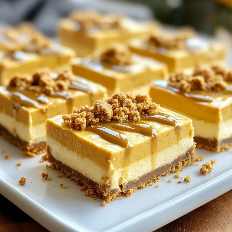 To make these No-Bake Cookie Butter Cheesecake Bars, you need the following ingredients: - 1 ½ cups graham cracker crumbs - ½ cup unsalted butter, melted - 1 cup cookie butter - 1 package (8 oz) cream cheese, softened - 1 cup powdered sugar - 1 teaspoon vanilla extract - 1 cup heavy cream - ½ cup crushed cookies (for topping, optional) These ingredients come together to create a rich and creamy dessert. The graham cracker crumbs form a crunchy base, while the cookie butter adds a sweet, spiced flavor. The cream cheese and heavy cream make the filling smooth and luscious. You can personalize the topping with crushed cookies for extra texture and sweetness. Each component plays a vital role in making these bars a delight for your taste buds. First, grab a medium bowl. Mix 1 ½ cups of graham cracker crumbs with ½ cup of melted butter. Stir until it looks like wet sand. Next, take an 8x8 inch baking dish and line it with parchment paper. Press the crumb mixture firmly into the bottom of the dish. Make sure it’s even. Now, chill the crust in the refrigerator while you make the cheesecake filling. This helps it firm up nicely. In a large bowl, combine 1 package of softened cream cheese, 1 cup of cookie butter, 1 cup of powdered sugar, and 1 teaspoon of vanilla extract. Beat this mixture using an electric mixer until it turns smooth and creamy. You want to ensure there are no lumps. This will create a rich and tasty filling. Now, take another bowl and pour in 1 cup of heavy cream. Use a mixer to whip it until stiff peaks form. This will take a few minutes. Once done, gently fold the whipped cream into the cheesecake mixture. Be careful not to deflate it. This step adds lightness to your cheesecake bars. Pour the cheesecake mixture over the chilled crust. Spread it out evenly with a spatula. For a fun touch, sprinkle ½ cup of crushed cookies on top. This adds a great crunch. Cover the dish and place it in the refrigerator. Let it chill for at least 4 hours, or until it sets. Once it’s firm, you can lift the bars out using the parchment paper. Cut them into squares, and they’re ready to enjoy! To get the best cheesecake bars, mix until smooth. You want no lumps in the filling. When the cream cheese, cookie butter, and sugar blend well, you know it’s ready. This smoothness makes each bite creamy. The chilling time matters too. Let the cheesecake set for at least 4 hours. This helps the bars hold their shape when cut. Serving your cheesecake bars nicely makes them even more fun! Use a white platter to show off the colors. Drizzle some cookie butter on top for extra flavor. You can also add whipped cream on the side. A sprinkle of crushed cookies looks great too. These small touches make your dessert stand out. You don’t need fancy tools for this recipe. Here’s what I suggest: - A medium bowl for mixing the crust - A large bowl for the filling - A hand mixer or stand mixer for whipping - An 8x8 inch square baking dish - Parchment paper to line the dish These tools make the process easy and fun. With the right items, you’ll enjoy making this treat! {{image_2}} You can make these cheesecake bars even more fun by adding flavors. Try mixing in chocolate or peanut butter for a twist. Just blend in ½ cup of your choice when you mix the cream cheese and cookie butter. This step adds depth and richness to the bars. You can also play with different cookie flavors. Instead of cookie butter, use flavors like gingerbread or even oreo. These changes let you create unique bars that suit your taste. If you need a gluten-free option, swap the graham cracker crumbs for almond flour or gluten-free cookies. Mix these with melted butter just like the original recipe. This keeps the crust tasty and safe for those with gluten issues. For a vegan version, use vegan cream cheese and coconut whipped cream. Replace the butter with coconut oil, and you will have a delicious dairy-free treat. Just follow the same steps, and you will get a creamy filling everyone can enjoy. To keep your cheesecake bars fresh, refrigerate them right away. Use an airtight container to prevent drying. You can also cover the dish with plastic wrap if you don’t have a container. Make sure to keep them chilled at all times. They taste best within a week, but they can last up to ten days. Freezing these cheesecake bars is easy and helps you save some for later. First, cut the bars into squares. Then, wrap each piece in plastic wrap. Place the wrapped bars in a freezer-safe bag or container. This helps keep the flavor and texture. When you're ready to enjoy them, thaw the bars in the fridge overnight. Freezing may change the texture slightly, but they will still taste delicious! Yes, you can make these cheesecake bars ahead of time. I recommend preparing them at least one day before serving. This wait allows the flavors to blend well. Plus, the bars set perfectly in the fridge. Just cover them with plastic wrap to keep them fresh. If you want a change from cream cheese, you have some options. You can use Greek yogurt for a lighter choice. Mascarpone cheese also works well and adds a rich flavor. For a dairy-free option, try a vegan cream cheese substitute. Each of these swaps will give you a tasty result. These cheesecake bars can last in the fridge for about five days. Make sure to store them in an airtight container. This keeps them fresh and tasty. If you notice any changes in smell or texture, it's best to discard them. Enjoy them while they're at their best! This no-bake cheesecake is easy and fun to make. You learned how to create a perfect crust, mix a creamy filling, and assemble everything. You also discovered tips for presentation and variations to try. Lastly, you know how to store leftovers and keep them fresh. I encourage you to explore your creativity. Enjoy making these cheesecake bars as a delicious treat for friends and family!