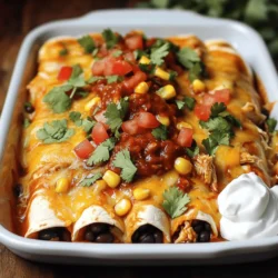 To make Smoky Chipotle Chicken Enchiladas, gather these main ingredients: - 2 cups shredded cooked chicken - 1 cup black beans, drained and rinsed - 1 cup corn kernels (fresh or frozen) - 1 cup smoky chipotle salsa - 8 small corn tortillas - 1 cup shredded Monterey Jack cheese - 1 cup diced tomatoes - 1/2 cup chopped fresh cilantro - 1 tablespoon olive oil - 1 teaspoon cumin - 1 teaspoon garlic powder - Salt and pepper to taste These ingredients create a warm and tasty meal. The smoky chipotle salsa gives the dish its bold flavor. Shredded chicken adds protein and makes it filling. You can customize your enchiladas with these optional ingredients: - Diced onions or bell peppers for crunch - Black olives for a briny touch - Avocado slices for creaminess - Jalapeños for extra heat Feel free to mix and match these ingredients. This way, you can make the enchiladas your own. Toppings and sides can elevate your meal. Here are some ideas: - Sour cream for a cool contrast - Fresh lime wedges for a zesty kick - More diced tomatoes for freshness - A side of Mexican rice or refried beans Adding these will enhance your dining experience. Enjoying your enchiladas with a variety of toppings makes every bite exciting! Start by preheating your oven to 375°F (190°C). In a large mixing bowl, combine 2 cups of shredded cooked chicken, 1 cup of drained black beans, and 1 cup of corn kernels. Add 1/2 cup of smoky chipotle salsa, 1 teaspoon of cumin, 1 teaspoon of garlic powder, and salt and pepper to taste. Mix everything well. Next, heat 1 tablespoon of olive oil in a large skillet over medium heat. Pour in your chicken mixture and cook for about 5-7 minutes. You want everything to get nice and hot. Now, it’s time to roll up those enchiladas! Warm 8 small corn tortillas in a dry skillet for about 30 seconds on each side. This step makes them easier to roll. Take about 1/4 cup of the chicken filling and place it in each tortilla. Roll them up tightly and place them seam-side down in a greased 9x13 inch baking dish. Once all the enchiladas are in the dish, pour the rest of your smoky chipotle salsa over the top. Finally, sprinkle 1 cup of shredded Monterey Jack cheese over everything. Now, pop the baking dish into your preheated oven. Bake for 20-25 minutes. You’ll know they are ready when the cheese is bubbly and golden. After baking, let the enchiladas cool for a couple of minutes. Top them off with diced tomatoes and fresh cilantro. Serve warm with a dollop of sour cream on the side. Enjoy your delicious smoky chipotle chicken enchiladas! When making smoky chipotle chicken enchiladas, you want to avoid a few common errors. First, don’t skip warming the corn tortillas. If you do, they may break when you roll them. Second, be careful not to overfill the tortillas. If you add too much filling, they won’t roll up tight. Lastly, always check the seasoning. A little salt and pepper can make a big difference. To roll your enchiladas perfectly, start with heated tortillas. This makes them soft and easy to handle. Place about 1/4 cup of the filling in the center of each tortilla. Fold the sides over the filling, then roll it up from the bottom. Keep the seam side down in the baking dish. This helps them hold their shape while baking. You can boost the flavor of your enchiladas in several ways. Add a pinch of smoked paprika for extra smokiness. You can also mix in some chopped jalapeños for heat. Fresh lime juice adds brightness to the dish. Experiment with spices like chili powder or oregano. These simple tweaks can take your enchiladas to the next level. {{image_2}} To make Smoky Chipotle Chicken Enchiladas vegetarian, swap the chicken for sautéed vegetables. Use zucchini, bell peppers, and mushrooms for a tasty filling. Black beans and corn add protein and flavor. You can also try cooked quinoa for a hearty bite. This keeps the dish filling while being meat-free. For those who love heat, use a spicier chipotle salsa. You can mix in some diced jalapeños. If you prefer mild flavors, choose a salsa labeled "mild." You can add a bit of sweetness with diced bell peppers. Adjust the spice to match your taste buds. Cheese adds creaminess to the enchiladas. While Monterey Jack is great, try using cheddar or pepper jack for a different taste. For salsa, experiment with fresh pico de gallo or a green salsa. Each choice changes the flavor profile, making it fun to explore! Store your leftover enchiladas in an airtight container. This keeps them fresh and tasty. Place a piece of parchment paper between layers to prevent sticking. You can keep them in the fridge for up to three days. Just remember, the sooner you eat them, the better they taste! To reheat, preheat your oven to 350°F (175°C). Place the enchiladas in a baking dish. Cover them with foil to keep moisture in. Heat for about 15 to 20 minutes. You want them warm all the way through. If you prefer the microwave, heat them on a microwave-safe plate. Start with one minute, then check if they need more time. If you want to freeze your enchiladas, wrap each one in plastic wrap. Then place them in a freezer-safe bag or container. They can stay in the freezer for up to three months. When you are ready to eat, let them thaw in the fridge overnight. Then, reheat them as mentioned above. This way, you have a quick meal ready to go! Yes, you can prepare Smoky Chipotle Chicken Enchiladas ahead of time. First, make the filling and roll the enchiladas. Then, place them in a greased baking dish. Cover the dish tightly with plastic wrap or foil. You can store it in the fridge for up to 24 hours. When you are ready to bake, remove the wrap and pour the salsa on top. Bake as directed. This saves time on busy nights. If you don't have Monterey Jack cheese, you can use other types. Cheddar cheese works well as a substitute. It adds a sharp flavor. Pepper Jack cheese gives a spicy kick. For a milder option, use mozzarella. Each cheese brings its own taste to the dish. Feel free to try different kinds to find your favorite. To make Smoky Chipotle Chicken Enchiladas gluten-free, use corn tortillas. Most corn tortillas are gluten-free. Check the label to be sure. You can also make your own tortillas if you want to control the ingredients. Ensure your chicken and salsa are gluten-free as well. This way, you can enjoy the enchiladas without any worries. Smoky chipotle chicken enchiladas are both easy to make and delicious. We covered the key ingredients and the steps to prepare, assemble, and bake them. I also shared helpful tips to avoid mistakes and enhance flavors. You can customize your dish with different toppings and variations. Incorporating different cheeses or adapting for vegetarian options can spark creativity. Storing leftovers properly ensures you enjoy your enchiladas later. Now, you have all the tips you need to make great enchiladas. Enjoy your cooking adventure!
