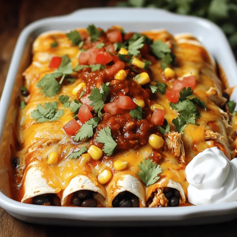 To make Smoky Chipotle Chicken Enchiladas, gather these main ingredients: - 2 cups shredded cooked chicken - 1 cup black beans, drained and rinsed - 1 cup corn kernels (fresh or frozen) - 1 cup smoky chipotle salsa - 8 small corn tortillas - 1 cup shredded Monterey Jack cheese - 1 cup diced tomatoes - 1/2 cup chopped fresh cilantro - 1 tablespoon olive oil - 1 teaspoon cumin - 1 teaspoon garlic powder - Salt and pepper to taste These ingredients create a warm and tasty meal. The smoky chipotle salsa gives the dish its bold flavor. Shredded chicken adds protein and makes it filling. You can customize your enchiladas with these optional ingredients: - Diced onions or bell peppers for crunch - Black olives for a briny touch - Avocado slices for creaminess - Jalapeños for extra heat Feel free to mix and match these ingredients. This way, you can make the enchiladas your own. Toppings and sides can elevate your meal. Here are some ideas: - Sour cream for a cool contrast - Fresh lime wedges for a zesty kick - More diced tomatoes for freshness - A side of Mexican rice or refried beans Adding these will enhance your dining experience. Enjoying your enchiladas with a variety of toppings makes every bite exciting! Start by preheating your oven to 375°F (190°C). In a large mixing bowl, combine 2 cups of shredded cooked chicken, 1 cup of drained black beans, and 1 cup of corn kernels. Add 1/2 cup of smoky chipotle salsa, 1 teaspoon of cumin, 1 teaspoon of garlic powder, and salt and pepper to taste. Mix everything well. Next, heat 1 tablespoon of olive oil in a large skillet over medium heat. Pour in your chicken mixture and cook for about 5-7 minutes. You want everything to get nice and hot. Now, it’s time to roll up those enchiladas! Warm 8 small corn tortillas in a dry skillet for about 30 seconds on each side. This step makes them easier to roll. Take about 1/4 cup of the chicken filling and place it in each tortilla. Roll them up tightly and place them seam-side down in a greased 9x13 inch baking dish. Once all the enchiladas are in the dish, pour the rest of your smoky chipotle salsa over the top. Finally, sprinkle 1 cup of shredded Monterey Jack cheese over everything. Now, pop the baking dish into your preheated oven. Bake for 20-25 minutes. You’ll know they are ready when the cheese is bubbly and golden. After baking, let the enchiladas cool for a couple of minutes. Top them off with diced tomatoes and fresh cilantro. Serve warm with a dollop of sour cream on the side. Enjoy your delicious smoky chipotle chicken enchiladas! When making smoky chipotle chicken enchiladas, you want to avoid a few common errors. First, don’t skip warming the corn tortillas. If you do, they may break when you roll them. Second, be careful not to overfill the tortillas. If you add too much filling, they won’t roll up tight. Lastly, always check the seasoning. A little salt and pepper can make a big difference. To roll your enchiladas perfectly, start with heated tortillas. This makes them soft and easy to handle. Place about 1/4 cup of the filling in the center of each tortilla. Fold the sides over the filling, then roll it up from the bottom. Keep the seam side down in the baking dish. This helps them hold their shape while baking. You can boost the flavor of your enchiladas in several ways. Add a pinch of smoked paprika for extra smokiness. You can also mix in some chopped jalapeños for heat. Fresh lime juice adds brightness to the dish. Experiment with spices like chili powder or oregano. These simple tweaks can take your enchiladas to the next level. {{image_2}} To make Smoky Chipotle Chicken Enchiladas vegetarian, swap the chicken for sautéed vegetables. Use zucchini, bell peppers, and mushrooms for a tasty filling. Black beans and corn add protein and flavor. You can also try cooked quinoa for a hearty bite. This keeps the dish filling while being meat-free. For those who love heat, use a spicier chipotle salsa. You can mix in some diced jalapeños. If you prefer mild flavors, choose a salsa labeled "mild." You can add a bit of sweetness with diced bell peppers. Adjust the spice to match your taste buds. Cheese adds creaminess to the enchiladas. While Monterey Jack is great, try using cheddar or pepper jack for a different taste. For salsa, experiment with fresh pico de gallo or a green salsa. Each choice changes the flavor profile, making it fun to explore! Store your leftover enchiladas in an airtight container. This keeps them fresh and tasty. Place a piece of parchment paper between layers to prevent sticking. You can keep them in the fridge for up to three days. Just remember, the sooner you eat them, the better they taste! To reheat, preheat your oven to 350°F (175°C). Place the enchiladas in a baking dish. Cover them with foil to keep moisture in. Heat for about 15 to 20 minutes. You want them warm all the way through. If you prefer the microwave, heat them on a microwave-safe plate. Start with one minute, then check if they need more time. If you want to freeze your enchiladas, wrap each one in plastic wrap. Then place them in a freezer-safe bag or container. They can stay in the freezer for up to three months. When you are ready to eat, let them thaw in the fridge overnight. Then, reheat them as mentioned above. This way, you have a quick meal ready to go! Yes, you can prepare Smoky Chipotle Chicken Enchiladas ahead of time. First, make the filling and roll the enchiladas. Then, place them in a greased baking dish. Cover the dish tightly with plastic wrap or foil. You can store it in the fridge for up to 24 hours. When you are ready to bake, remove the wrap and pour the salsa on top. Bake as directed. This saves time on busy nights. If you don't have Monterey Jack cheese, you can use other types. Cheddar cheese works well as a substitute. It adds a sharp flavor. Pepper Jack cheese gives a spicy kick. For a milder option, use mozzarella. Each cheese brings its own taste to the dish. Feel free to try different kinds to find your favorite. To make Smoky Chipotle Chicken Enchiladas gluten-free, use corn tortillas. Most corn tortillas are gluten-free. Check the label to be sure. You can also make your own tortillas if you want to control the ingredients. Ensure your chicken and salsa are gluten-free as well. This way, you can enjoy the enchiladas without any worries. Smoky chipotle chicken enchiladas are both easy to make and delicious. We covered the key ingredients and the steps to prepare, assemble, and bake them. I also shared helpful tips to avoid mistakes and enhance flavors. You can customize your dish with different toppings and variations. Incorporating different cheeses or adapting for vegetarian options can spark creativity. Storing leftovers properly ensures you enjoy your enchiladas later. Now, you have all the tips you need to make great enchiladas. Enjoy your cooking adventure!