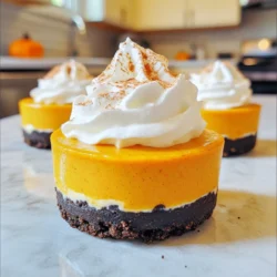 To make the Oreo Pumpkin Cheesecake Cups, you will need the following ingredients: - 1 (15 oz) can pumpkin puree - 8 oz cream cheese, softened - 1/2 cup powdered sugar - 1 teaspoon vanilla extract - 1 teaspoon ground cinnamon - 1/2 teaspoon ground nutmeg - 1/4 teaspoon ground ginger - 1 cup whipped cream (store-bought or homemade) - 16 Oreo cookies (finely crushed) - Pumpkin spice or cocoa powder for garnish Each ingredient plays a key role. The pumpkin puree gives a rich flavor and creamy texture. Cream cheese adds that smoothness we love in desserts. Powdered sugar sweetens the mix and keeps it fluffy. The vanilla extract brings warmth, while spices like cinnamon, nutmeg, and ginger add warmth and depth. Whipped cream is crucial for lightness. The crushed Oreo cookies create a delightful crust that balances the creamy filling. Lastly, the optional toppings like pumpkin spice or cocoa powder enhance the look and taste. These ingredients blend to create a fun and tasty treat that is perfect for fall or any time you crave something sweet. 1. Start by mixing the cream cheese and powdered sugar. Take an 8 oz block of softened cream cheese. Place it in a bowl. Add 1/2 cup of powdered sugar. Use an electric mixer to beat them together. Mix until smooth and creamy. 2. Now, it’s time to incorporate the pumpkin puree and spices. Open a 15 oz can of pumpkin puree. Add it to the cream cheese mixture. Also, add 1 teaspoon of vanilla extract, 1 teaspoon of ground cinnamon, 1/2 teaspoon of nutmeg, and 1/4 teaspoon of ginger. Blend everything until it is well mixed and smooth. 3. Finally, fold in the whipped cream. Use 1 cup of whipped cream, either store-bought or homemade. Gently fold it into the pumpkin mixture with a spatula. Be careful not to deflate the whipped cream. This step adds lightness to the cheesecake. 1. Create the Oreo crust layer. Take 16 Oreo cookies and crush them into fine crumbs. You can use a food processor or place them in a bag and crush with a rolling pin. Place some of the crumbs at the bottom of each cup. This will form a nice crust. 2. Next, add the pumpkin cheesecake filling layers. Spoon a layer of the pumpkin mixture over the Oreo crust. Fill the cups about halfway. 3. Now, finalize the assembly. Add another layer of crushed Oreos on top of the cheesecake filling. Then, add a final layer of the pumpkin cheesecake filling. Leave some space at the top of the cups for garnish. 1. Chilling time is very important. Cover the cups with plastic wrap or lids. Chill them in the refrigerator for at least 2 hours. This helps the layers set properly. 2. For serving, sprinkle some pumpkin spice or cocoa powder on top. This adds a nice touch. You can also add a dollop of whipped cream for extra flair. Enjoy these delightful cups with family and friends! - Ensuring cream cheese is at room temperature: Before you start, let the cream cheese sit out. Softened cream cheese blends better into the mix. This helps create a smooth texture. - How to fold whipped cream properly: When you add whipped cream, use a spatula. Gently lift and fold the mixture. This keeps the fluffiness and lightness of the cream. - Not chilling long enough: Give your cheesecake cups time to chill. Two hours is a must. This helps them set well and taste better. - Overmixing the filling: Mix just until combined. Overmixing can make the filling too dense. A light touch keeps it creamy and delicious. - Other topping options besides pumpkin spice: Try cocoa powder for a chocolate twist. You can also use crushed Oreos for extra crunch. - Presentation tips: Use clear cups to show off the layers. A sprinkle of cinnamon or some chocolate shavings can make it look fancy. {{image_2}} You can change the flavor of your Oreo pumpkin cheesecake cups by using different cookies. Try using chocolate mint Oreos for a fresh twist. You can also use golden Oreos if you want a lighter taste. Each type of cookie gives a new fun flavor. You can also use flavored whipped cream. Think about adding a bit of cinnamon or pumpkin spice to your whipped cream. This small change adds a nice touch to the dessert. You can even use flavored whipped toppings from the store if you want to save time. If you need a gluten-free option, use gluten-free Oreos. They taste great and keep the dessert just as yummy. You can also make this treat vegan. Use vegan cream cheese and coconut whipped cream. The pumpkin puree makes it moist and delicious, just like the original. Pair these cheesecake cups with warm drinks like apple cider or chai tea. They balance the sweet and spicy flavors perfectly. You can also serve them with other desserts, like brownies or cookies, for a fun dessert platter. For seasonal ideas, serve these cups at fall parties or Thanksgiving gatherings. They look great on dessert tables and are easy to grab. The bright colors also add to the fun autumn vibe! To store leftovers, place your Oreo pumpkin cheesecake cups in an airtight container. This keeps them fresh and tasty. If you don't have a container, cover the cups with plastic wrap. Make sure it is tight to avoid air getting in. For refrigeration, glass or plastic containers work well. Choose ones that fit the cups snugly. This helps prevent spills and keeps the layers intact. These cheesecake cups can last in the fridge for about 3 to 5 days. Always check for signs of spoilage. If you see any mold or if they smell off, it's best to toss them. You can freeze these cheesecake cups! To freeze, wrap each cup in plastic wrap and then place them in a freezer-safe bag. This protects them from freezer burn. When you're ready to enjoy them, move the cups to the fridge to thaw overnight. This keeps the texture nice and creamy. Avoid thawing them at room temperature to help maintain their taste and quality. You can use Greek yogurt or mascarpone cheese instead of cream cheese. These options give a creamy texture. Greek yogurt adds a tangy flavor. Mascarpone is rich and smooth. You can also use vegan cream cheese for a dairy-free treat. Just remember to keep the same amount you need in the recipe. Yes, you can use homemade whipped cream! To make it, whip heavy cream until soft peaks form. Add a little sugar and vanilla for sweetness. This will give your cheesecake cups a fresh taste. Just be gentle when folding it into your pumpkin mixture. You want to keep it light and fluffy. You need to chill the cheesecake cups for at least 2 hours. This time helps the layers set and flavors blend. If you can chill them longer, that’s even better! Just make sure they are covered well in the fridge. This way, they stay fresh and tasty for serving. This blog post showed you how to make delicious pumpkin cheesecake cups. We covered the key ingredients, step-by-step instructions, and helpful tips to avoid mistakes. You learned about variations and proper storage methods too. Remember, chilling is key for the best taste. With your new skills, you can impress anyone. Enjoy making these treats for yourself and others!