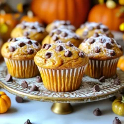 To make these tasty muffins, you will need: - 1 cup canned pumpkin puree - 1/2 cup vegetable oil - 1 cup brown sugar, packed - 1/2 cup granulated sugar - 2 large eggs - 1 teaspoon vanilla extract - 1 1/2 cups all-purpose flour - 1 teaspoon baking soda - 1 teaspoon baking powder - 1 teaspoon ground cinnamon - 1/2 teaspoon ground nutmeg - 1/4 teaspoon ground ginger - 1/4 teaspoon salt - 1 cup semi-sweet chocolate chips - Optional: 1/2 cup chopped walnuts or pecans For the best results, I suggest using well-known brands. Look for: - Libby's for pumpkin puree - Crisco for vegetable oil - Domino for brown and granulated sugar - Ghirardelli for chocolate chips These brands offer quality and flavor that will enhance your muffins. You can swap some ingredients if needed. Here are some ideas: - Use coconut oil instead of vegetable oil for a richer taste. - Replace granulated sugar with maple syrup for a unique flavor. - Try whole wheat flour for a healthier option. - Use dairy-free chocolate chips for a vegan version. These substitutions let you customize the muffins to your taste. To make the best pumpkin chocolate chip muffins, gather your ingredients. You need canned pumpkin puree, sugars, eggs, and spices. Make sure you have chocolate chips too. Preheat your oven to 350°F (175°C). Line your muffin tin with paper liners or grease it lightly. 1. In a large bowl, mix the pumpkin puree, vegetable oil, brown sugar, and granulated sugar. Whisk them until smooth. 2. Add in the eggs and vanilla extract. Continue whisking until everything blends well. 3. In another bowl, combine the flour, baking soda, baking powder, cinnamon, nutmeg, ginger, and salt. Whisk these dry ingredients together thoroughly. 4. Slowly add the dry mix to the wet ingredients. Stir gently until just combined. Don’t overmix. 5. Fold in the semi-sweet chocolate chips and nuts if you decided to use them. Make sure they spread evenly in the batter. 6. Fill each muffin cup about three-quarters full with the batter. 7. Place the muffin tin in the oven. Bake for 18 to 20 minutes. Check with a toothpick to ensure they are done. 8. Once cooked, let the muffins cool in the tin for about five minutes. Then, move them to a wire rack to cool completely. - Use room temperature eggs for better mixing. - Don’t skip greasing the muffin tin or using liners. This helps with easy removal. - Avoid overmixing the batter to keep the muffins light and fluffy. - Keep an eye on the oven. Each oven may bake differently. Test for doneness a few minutes early. One common mistake is overmixing the batter. This can make the muffins tough. Mix just until the dry and wet ingredients combine. Another mistake is not measuring ingredients correctly. Use measuring cups and spoons for accuracy. Be sure to pack the brown sugar tightly in the cup. Lastly, avoid opening the oven too soon. This can cause the muffins to sink. Wait until at least 18 minutes before checking. To keep muffins moist, use canned pumpkin puree. This adds a rich texture and flavor. Adding oil helps too; it keeps the muffins soft. You can also add an extra egg for more moisture. Make sure to measure your ingredients correctly. Don't skip the spices either; they enhance the flavor. Finally, remove the muffins once a toothpick comes out clean but still moist. Let the muffins cool in the pan for about 5 minutes. This helps them hold their shape. After that, transfer them to a wire rack. This allows air to circulate and cool them completely. For serving, dust with powdered sugar or add whipped cream. Serve them warm for the best taste. A decorative platter with mini pumpkins adds a nice touch. Enjoy these treats with a warm drink to complete the fall experience! {{image_2}} You can make these muffins healthier without losing flavor. Use applesauce instead of oil. It cuts fat and adds moisture. You can also swap brown sugar for coconut sugar. This gives sweetness with fewer calories. For a gluten-free version, try almond flour or oat flour. Both work well in this recipe. Add spices to change the taste. Mix in a teaspoon of allspice for warmth. A dash of cloves can add a nice kick. Want crunch? Toss in some chopped walnuts or pecans. They give a lovely texture. You can even use white chocolate chips instead of semi-sweet. This will give a sweeter taste. For egg-free muffins, use flax eggs. Mix one tablespoon of ground flaxseed with three tablespoons of water. Let it sit for a few minutes to thicken. If you need a nut-free recipe, skip the nuts entirely. Use sunflower seed butter instead of nut butter if you want a spread. These changes help everyone enjoy your treats! To keep your pumpkin chocolate chip muffins fresh, store them in an airtight container. This will help keep moisture in and prevent them from drying out. Place a piece of parchment paper in the container to absorb extra moisture. Keep them at room temperature for a few days. If you want them to last longer, consider refrigerating them. You can freeze your muffins for later enjoyment! Let them cool completely before freezing. Wrap each muffin individually in plastic wrap. Then, place them in a freezer-safe bag or container. Make sure to label the bag with the date. Muffins can stay fresh in the freezer for up to three months. To enjoy your muffins warm, you can reheat them easily. For a quick method, pop them in the microwave for about 15-20 seconds. If you prefer a crispy top, use an oven. Preheat it to 350°F (175°C) and heat for about 5-10 minutes. Enjoy them fresh, and they will taste like they just came out of the oven! To make these muffins gluten-free, swap all-purpose flour for a gluten-free blend. Many brands offer a cup-for-cup option. Look for one that contains xanthan gum, as it helps with texture. Make sure your baking powder and baking soda are also gluten-free. This way, you keep the taste while avoiding gluten. Yes, you can use fresh pumpkin. Start by roasting a small pumpkin until tender. Scoop out the flesh and blend it until smooth. You will need about one cup of fresh puree, just like the canned version. Fresh pumpkin gives a nice flavor and adds a homemade touch. These muffins pair well with warm drinks. Consider serving them with coffee, tea, or hot cocoa. They also taste great with a spread of cream cheese or butter. You can even enjoy them with a scoop of vanilla ice cream for a sweet treat. You’ve learned how to make tasty Pumpkin Chocolate Chip Muffins. We covered key ingredients and their brands, plus swaps for your needs. You now have clear steps for baking, along with tips for avoiding common mistakes. Don't forget about variations for health and flavor! Proper storage ensures freshness, while our FAQs handle your concerns. With these insights, you can create muffins that impress and satisfy. Enjoy your baking adventures!