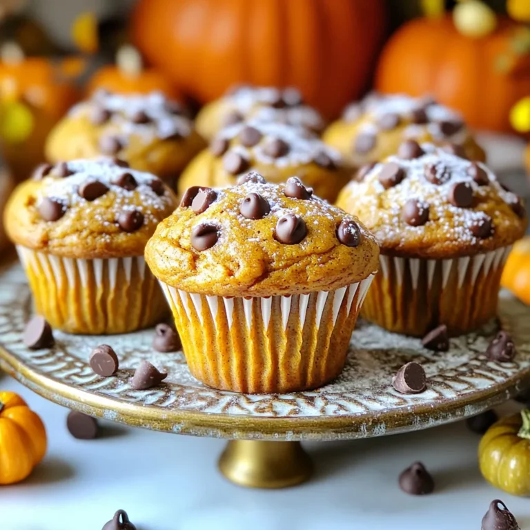 To make these tasty muffins, you will need: - 1 cup canned pumpkin puree - 1/2 cup vegetable oil - 1 cup brown sugar, packed - 1/2 cup granulated sugar - 2 large eggs - 1 teaspoon vanilla extract - 1 1/2 cups all-purpose flour - 1 teaspoon baking soda - 1 teaspoon baking powder - 1 teaspoon ground cinnamon - 1/2 teaspoon ground nutmeg - 1/4 teaspoon ground ginger - 1/4 teaspoon salt - 1 cup semi-sweet chocolate chips - Optional: 1/2 cup chopped walnuts or pecans For the best results, I suggest using well-known brands. Look for: - Libby's for pumpkin puree - Crisco for vegetable oil - Domino for brown and granulated sugar - Ghirardelli for chocolate chips These brands offer quality and flavor that will enhance your muffins. You can swap some ingredients if needed. Here are some ideas: - Use coconut oil instead of vegetable oil for a richer taste. - Replace granulated sugar with maple syrup for a unique flavor. - Try whole wheat flour for a healthier option. - Use dairy-free chocolate chips for a vegan version. These substitutions let you customize the muffins to your taste. To make the best pumpkin chocolate chip muffins, gather your ingredients. You need canned pumpkin puree, sugars, eggs, and spices. Make sure you have chocolate chips too. Preheat your oven to 350°F (175°C). Line your muffin tin with paper liners or grease it lightly. 1. In a large bowl, mix the pumpkin puree, vegetable oil, brown sugar, and granulated sugar. Whisk them until smooth. 2. Add in the eggs and vanilla extract. Continue whisking until everything blends well. 3. In another bowl, combine the flour, baking soda, baking powder, cinnamon, nutmeg, ginger, and salt. Whisk these dry ingredients together thoroughly. 4. Slowly add the dry mix to the wet ingredients. Stir gently until just combined. Don’t overmix. 5. Fold in the semi-sweet chocolate chips and nuts if you decided to use them. Make sure they spread evenly in the batter. 6. Fill each muffin cup about three-quarters full with the batter. 7. Place the muffin tin in the oven. Bake for 18 to 20 minutes. Check with a toothpick to ensure they are done. 8. Once cooked, let the muffins cool in the tin for about five minutes. Then, move them to a wire rack to cool completely. - Use room temperature eggs for better mixing. - Don’t skip greasing the muffin tin or using liners. This helps with easy removal. - Avoid overmixing the batter to keep the muffins light and fluffy. - Keep an eye on the oven. Each oven may bake differently. Test for doneness a few minutes early. One common mistake is overmixing the batter. This can make the muffins tough. Mix just until the dry and wet ingredients combine. Another mistake is not measuring ingredients correctly. Use measuring cups and spoons for accuracy. Be sure to pack the brown sugar tightly in the cup. Lastly, avoid opening the oven too soon. This can cause the muffins to sink. Wait until at least 18 minutes before checking. To keep muffins moist, use canned pumpkin puree. This adds a rich texture and flavor. Adding oil helps too; it keeps the muffins soft. You can also add an extra egg for more moisture. Make sure to measure your ingredients correctly. Don't skip the spices either; they enhance the flavor. Finally, remove the muffins once a toothpick comes out clean but still moist. Let the muffins cool in the pan for about 5 minutes. This helps them hold their shape. After that, transfer them to a wire rack. This allows air to circulate and cool them completely. For serving, dust with powdered sugar or add whipped cream. Serve them warm for the best taste. A decorative platter with mini pumpkins adds a nice touch. Enjoy these treats with a warm drink to complete the fall experience! {{image_2}} You can make these muffins healthier without losing flavor. Use applesauce instead of oil. It cuts fat and adds moisture. You can also swap brown sugar for coconut sugar. This gives sweetness with fewer calories. For a gluten-free version, try almond flour or oat flour. Both work well in this recipe. Add spices to change the taste. Mix in a teaspoon of allspice for warmth. A dash of cloves can add a nice kick. Want crunch? Toss in some chopped walnuts or pecans. They give a lovely texture. You can even use white chocolate chips instead of semi-sweet. This will give a sweeter taste. For egg-free muffins, use flax eggs. Mix one tablespoon of ground flaxseed with three tablespoons of water. Let it sit for a few minutes to thicken. If you need a nut-free recipe, skip the nuts entirely. Use sunflower seed butter instead of nut butter if you want a spread. These changes help everyone enjoy your treats! To keep your pumpkin chocolate chip muffins fresh, store them in an airtight container. This will help keep moisture in and prevent them from drying out. Place a piece of parchment paper in the container to absorb extra moisture. Keep them at room temperature for a few days. If you want them to last longer, consider refrigerating them. You can freeze your muffins for later enjoyment! Let them cool completely before freezing. Wrap each muffin individually in plastic wrap. Then, place them in a freezer-safe bag or container. Make sure to label the bag with the date. Muffins can stay fresh in the freezer for up to three months. To enjoy your muffins warm, you can reheat them easily. For a quick method, pop them in the microwave for about 15-20 seconds. If you prefer a crispy top, use an oven. Preheat it to 350°F (175°C) and heat for about 5-10 minutes. Enjoy them fresh, and they will taste like they just came out of the oven! To make these muffins gluten-free, swap all-purpose flour for a gluten-free blend. Many brands offer a cup-for-cup option. Look for one that contains xanthan gum, as it helps with texture. Make sure your baking powder and baking soda are also gluten-free. This way, you keep the taste while avoiding gluten. Yes, you can use fresh pumpkin. Start by roasting a small pumpkin until tender. Scoop out the flesh and blend it until smooth. You will need about one cup of fresh puree, just like the canned version. Fresh pumpkin gives a nice flavor and adds a homemade touch. These muffins pair well with warm drinks. Consider serving them with coffee, tea, or hot cocoa. They also taste great with a spread of cream cheese or butter. You can even enjoy them with a scoop of vanilla ice cream for a sweet treat. You’ve learned how to make tasty Pumpkin Chocolate Chip Muffins. We covered key ingredients and their brands, plus swaps for your needs. You now have clear steps for baking, along with tips for avoiding common mistakes. Don't forget about variations for health and flavor! Proper storage ensures freshness, while our FAQs handle your concerns. With these insights, you can create muffins that impress and satisfy. Enjoy your baking adventures!