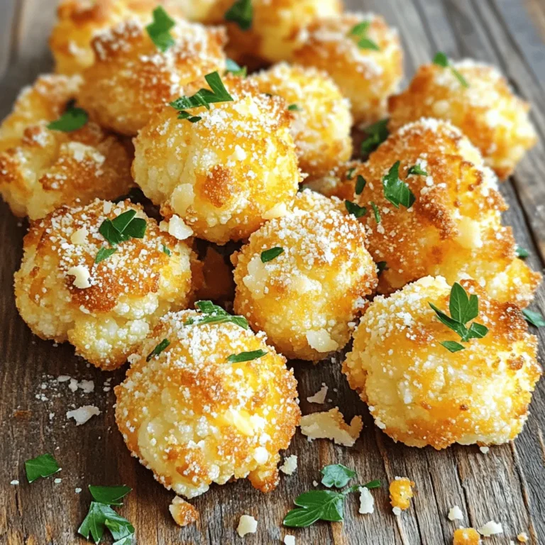 To make crispy Parmesan cauliflower bites, you will need: - 1 medium head of cauliflower, cut into bite-sized florets - 1 cup grated Parmesan cheese - 1/2 cup almond flour - 2 large eggs - 1 teaspoon garlic powder - 1 teaspoon onion powder - 1/2 teaspoon paprika - Salt and pepper to taste - Fresh parsley, chopped (for garnish) Each serving of Parmesan cauliflower bites offers a tasty and healthy snack. Here’s what you get in one serving: - Calories: 150 - Protein: 10g - Fat: 10g - Carbohydrates: 8g - Fiber: 3g These bites are low in carbs and high in flavor, making them a great choice for many diets. You can customize this recipe to fit your needs. Here are some easy swaps: - Cauliflower: Try broccoli or Brussels sprouts instead. - Parmesan cheese: Use Pecorino or nutritional yeast for a vegan option. - Almond flour: Swap for coconut flour or regular flour if you prefer. - Eggs: Use flax eggs (mix 1 tablespoon of flaxseed meal with 3 tablespoons of water) for a vegan choice. - Spices: Feel free to mix in your favorite spices like chili powder or Italian herbs. These substitutions can help you adapt the recipe to your taste or dietary needs. 1. Start with one medium head of cauliflower. Cut it into bite-sized florets. 2. Grab a large mixing bowl. Combine 1 cup of grated Parmesan cheese, 1/2 cup of almond flour, 1 teaspoon of garlic powder, 1 teaspoon of onion powder, and 1/2 teaspoon of paprika. Add salt and pepper to taste. Mix well. 3. In another bowl, beat 2 large eggs until they are fully mixed. 4. Toss the cauliflower florets in the egg mixture. Make sure every piece is coated. 5. Next, move the coated cauliflower into the Parmesan bowl. Mix until every floret is covered with the cheesy goodness. 1. Preheat your air fryer to 400°F (200°C). This takes about 3-5 minutes. 2. Place the cauliflower bites in the air fryer basket in a single layer. Leave some space between each piece. This helps them cook evenly. 3. Cook the bites for 12-15 minutes. Shake the basket halfway through. This ensures even browning. - Check the color of the bites. They should be golden brown and crispy when done. - You can poke a piece with a fork. It should be tender inside. - If you want them crispier, add a few more minutes to the cooking time. Just watch closely to avoid burning. To get your Parmesan cauliflower bites super crispy, follow these steps. First, make sure to dry the cauliflower well after washing. Remove any excess moisture. Next, coat each floret evenly with the cheese mixture. The almond flour helps absorb moisture and adds to the crunch. When placing the bites in the air fryer, leave space between each piece. This allows hot air to circulate and crisp them up perfectly. Finally, shake the basket halfway through cooking. This ensures all sides get that golden-brown color. I see some common errors when making these bites. One mistake is overcrowding the air fryer basket. This leads to uneven cooking and soggy bites. Another mistake is not mixing the dry ingredients well. If you skip this, some bites may taste bland. Also, don’t skip the egg step! It helps the coating stick to the cauliflower. Lastly, keep an eye on the time. Cooking too long can burn them, while cooking too little leaves them soft. You can boost the flavor of your Parmesan cauliflower bites easily. Try adding a pinch of cayenne pepper for heat. If you like herbs, mix in some Italian seasoning. Lemon zest also adds a fresh kick. For a smoky flavor, smoked paprika works wonders. You can even swap the garlic powder for fresh minced garlic. Just remember to adjust the amounts to your taste. With these spices, you can create your own unique version of this tasty snack. {{image_2}} You can switch up the cheese for fun! Try using cheddar for a sharper taste. Mozzarella gives a gooey texture, while feta adds a nice tang. These options all work well with the cauliflower. Just remember to adjust the amount based on your cheese choice. If you want to mix it up, use other veggies. Broccoli florets can replace cauliflower for a different bite. Zucchini slices or bell pepper strips also work great. Just ensure they are cut to similar sizes for even cooking. Each veggie brings its own flavor and texture. Serving your bites with dips makes them even better. A tangy ranch or creamy garlic dip pairs well. You can also try spicy sriracha mayo for a kick. Fresh salsa adds brightness, too. Serve on a platter with fresh herbs for a nice touch. To store leftover cauliflower bites, first let them cool completely. This step keeps them crispy. Place the bites in an airtight container. You can keep them in the fridge for up to three days. If you want them to stay fresh, do not stack them. Layer some paper towels between layers to absorb moisture. When ready to eat the leftovers, reheat them in the air fryer. This keeps them crispy. Set the air fryer to 350°F (175°C). Heat for about 5-7 minutes. Check them often to avoid burning. You can also use an oven, but the air fryer works best for that crunch. For long-term storage, freeze the cauliflower bites. Place them on a baking sheet in a single layer. Freeze them for about an hour until firm. Then, transfer them to a freezer bag or container. Label the bag with the date. They can last up to three months in the freezer. When ready to eat, no need to thaw. Just cook them straight from the freezer in the air fryer. Yes, you can prepare Parmesan Cauliflower Bites ahead of time. I recommend making the mixture and coating the cauliflower florets. Once coated, you can store them in the fridge for up to two days. When you’re ready to cook, just pop them in the air fryer. This way, you save time and still enjoy a fresh snack. To make these bites gluten-free, swap the almond flour with gluten-free breadcrumbs. You can also use ground oats as an alternative. Both options work well to keep the bites crispy and tasty. Just ensure any additional ingredients you use are certified gluten-free. Yes, these air fryer bites are perfect for meal prep. They store well and reheat nicely. You can prepare a big batch and enjoy them throughout the week. Just follow my storage tips to keep them fresh longer. You will have a healthy snack ready whenever you need it! In this post, I shared a complete guide on making delicious Parmesan Cauliflower Bites. You learned about the essential ingredients, step-by-step cooking directions, and tips for perfect bites. I also explored flavor variations, storage methods, and answered common questions. These bites are easy to make and great for snacks or meals. With the right techniques, you can enjoy a tasty dish that suits your needs. Give these tips a try, and enjoy every crunchy bite!