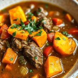 - 2 lbs beef chuck - 2 large sweet potatoes - 1 onion - 3 cloves garlic - Dried thyme - Smoked paprika - Bay leaf - Salt and pepper - Olive oil - Beef broth - Carrots - Red bell pepper - Fresh parsley for garnish The stars of this stew are the beef and sweet potatoes. The beef chuck gives rich flavor, while sweet potatoes add sweetness. The onion and garlic bring a savory depth. For seasonings, I love using dried thyme and smoked paprika. They add warmth and a little smokiness. The bay leaf gives a lovely aroma. Salt and pepper finish the flavor. You need olive oil to brown the beef. Beef broth makes the base rich. Carrots and red bell pepper add color and nutrition. Fresh parsley is perfect for garnish. With these ingredients, you create a hearty and tasty stew. Each bite will be full of flavor and comfort. - Heat 2 tablespoons of olive oil in a large skillet over medium-high heat. - Sear 2 lbs of beef chuck until browned on all sides, about 5-7 minutes. - Once browned, transfer the beef to your slow cooker. - In the same skillet, add 1 diced onion and 3 minced garlic cloves. - Cook for 2-3 minutes until the onion is soft and fragrant. - Add this mix to the slow cooker on top of the beef. - Layer in 2 large cubed sweet potatoes, 2 chopped carrots, and 1 chopped red bell pepper. - Pour in 4 cups of beef broth. - Sprinkle in 1 teaspoon of dried thyme, 1 teaspoon of smoked paprika, salt, and pepper to taste. - Add 1 bay leaf for extra flavor. - Gently mix all ingredients, ensuring they are well combined. - Cover the slow cooker and set it on low heat. - Cook for 6-8 hours until the beef is tender and the sweet potatoes are soft. - Check the stew occasionally to ensure it’s cooking well. - After cooking, taste the stew and adjust the seasoning if needed. - Remove the bay leaf before serving. - Ladle the stew into bowls and garnish with chopped fresh parsley for a beautiful finish. To make your stew shine, use fresh herbs and spices. I love adding dried thyme and smoked paprika. They give the stew a rich taste. You can also use high-quality beef broth. This adds depth to the flavor. Always taste and adjust the seasoning as you go. Slow cooking is key for tender beef. The long cooking time breaks down tough fibers. Check your stew after 6 hours. The beef should be fork-tender. If it needs more time, let it cook longer. Every slow cooker is a bit different. Don’t forget about the veggies! Sweet potatoes and carrots need time to soften. Cut them into even pieces to ensure they cook evenly. Add them to the pot at the right time. This way, they stay tender but not mushy. Choose firm vegetables for the best texture. Bell peppers and onions add a nice crunch to each bite. {{image_2}} You can change the beef chuck for other proteins. Chicken works well and cooks faster. Pork also adds a nice twist to the dish. Swap sweet potatoes for regular potatoes if you prefer. You can also add peas or corn for extra color and nutrition. If you need a gluten-free option, use gluten-free beef broth. Most of the ingredients are naturally gluten-free. You can also lower the salt by using low-sodium broth. This keeps it tasty without too much sodium. Want to add some heat? Try adding a pinch of cayenne pepper. For a unique taste, mix in some black beans. They add protein and a creamy texture. Fresh herbs like cilantro can brighten the stew, too. To store your beef and sweet potato stew properly, let it cool first. Use airtight containers to keep it fresh. It can last in the fridge for about 3 to 4 days. Always check for any off smells or changes in color before eating. If you want to freeze the stew, portion it into freezer-safe bags or containers. Leave some space for expansion. The stew can stay good in the freezer for up to 3 months. When you’re ready to eat, thaw it overnight in the fridge. When reheating, you want to keep the flavor and texture right. The stovetop method works best. Heat it slowly on low, stirring often. If you use the microwave, do it in short bursts. Stir in between to heat evenly. Always taste before serving to adjust seasoning if needed. Yes, you can! You can use a pot on the stove or an oven. Here’s how: - Stovetop Method: After searing the beef, add all ingredients to a large pot. Bring to a boil, then reduce heat. Cover and simmer for about 2 to 3 hours. Stir occasionally. - Oven Method: After searing, transfer everything to a Dutch oven. Cover and cook in the oven at 325°F for 2 to 3 hours. Both methods will give you a tasty stew. Thickening your stew is easy. Here are a few options: - Cornstarch Slurry: Mix 1 tablespoon of cornstarch with 2 tablespoons of cold water. Stir into the stew and cook until thick. - Flour: Sprinkle 1-2 tablespoons of flour directly in the pot. Stir well and let it simmer until thickened. - Mashed Sweet Potatoes: Mash a portion of the sweet potatoes directly in the stew. This adds thickness and flavor. Choose any method that fits your taste! Side dishes can enhance your meal. Here are some great options: - Crusty Bread: Perfect for dipping into the stew. - Green Salad: A fresh salad adds crunch and balance. - Steamed Vegetables: Broccoli or green beans complement the stew well. - Rice or Quinoa: These grains can soak up the delicious broth. These sides will create a complete and satisfying meal. Checking beef doneness is key to your stew. Look for these signs: - Tenderness: The beef should be fork-tender. If you can easily shred it, it's done. - Color: The meat should be dark brown and not pink. - Cooking Time: For slow cooking, aim for 6-8 hours on low heat. Using these indicators will ensure you have perfectly cooked beef in your stew. This blog post shared a great beef and sweet potato stew recipe. You learned the key ingredients and the step-by-step cooking process. I also provided tips for perfect flavor and texture. You saw ways to adapt the recipe for dietary needs and variations. Now you feel ready to make this hearty dish. Remember to enjoy the slow cooking and flavor building. Your kitchen will soon be filled with delicious aromas!