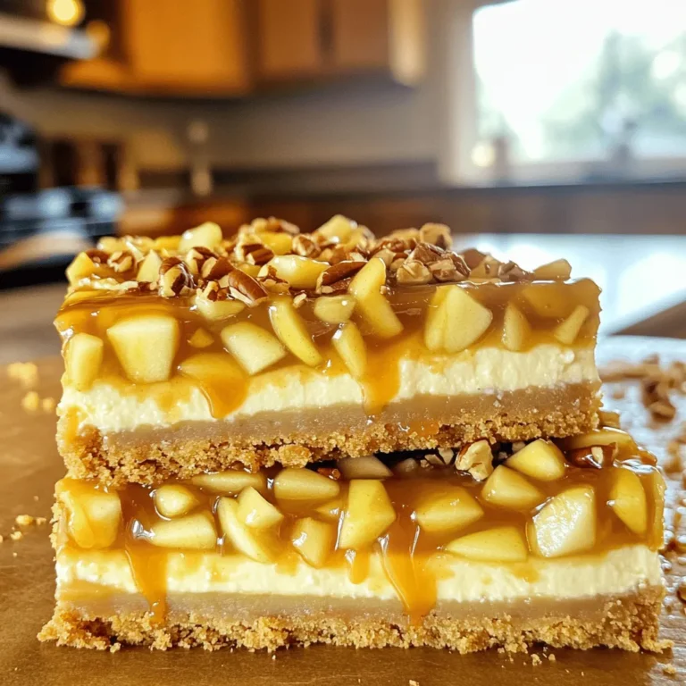 For these bars, you need: - 1 ¾ cups graham cracker crumbs - ½ cup unsalted butter, melted - 2 tablespoons sugar - 2 (8 oz) packages cream cheese, softened - 1 cup granulated sugar - 2 large eggs - 1 teaspoon vanilla extract - 1 teaspoon cinnamon - 2 cups peeled and diced apples (Granny Smith or Honeycrisp work well) - ½ cup caramel sauce (plus more for drizzling) - ¼ cup chopped pecans (optional) These ingredients create the perfect blend of sweet and tart flavors. The apples add a fresh crunch, while the caramel brings a rich sweetness. You can add chopped pecans on top for extra crunch. They give a nice nutty flavor and pair well with caramel and apples. If you want more spice, consider adding a pinch of nutmeg or allspice. A little lemon juice can brighten the apple flavor, too. If you don't have graham crackers, use crushed cookies like vanilla wafers or digestive biscuits. For a dairy-free option, swap cream cheese with vegan cream cheese. You can also replace butter with coconut oil for a dairy-free crust. If you need a low-sugar version, try using a sugar substitute like erythritol or stevia. To start, preheat your oven to 325°F (163°C). Grab a 9x13 inch baking dish. You can grease it or line it with parchment paper. This will help with easy removal later. In a medium bowl, mix together 1 ¾ cups of graham cracker crumbs, ½ cup of melted unsalted butter, and 2 tablespoons of sugar. Stir until the crumbs feel moist. Press this mixture evenly into the bottom of your prepared dish. Bake it for about 10 minutes until it’s lightly golden. Once done, take it out and let it cool slightly. While the crust cools, you can make the cheesecake filling. In a large mixing bowl, beat together 2 packages of softened cream cheese and 1 cup of granulated sugar. Mix until the mixture is smooth and creamy. Next, add 2 large eggs, one at a time, mixing well after each. Stir in 1 teaspoon of vanilla extract and 1 teaspoon of cinnamon. Mix until everything is well combined. Finally, gently fold in 2 cups of peeled and diced apples and ½ cup of caramel sauce. Make sure the apples get coated in the cream cheese batter. Now it's time to assemble! Pour the cheesecake filling over the cooled crust. Spread it out evenly. If you like, sprinkle ¼ cup of chopped pecans on top. Bake the whole dish in your preheated oven for 30 to 35 minutes. You will know it’s done when the center is set and the edges turn lightly golden. After baking, let the bars cool at room temperature for about 30 minutes. Then, refrigerate them for at least 2 hours. This will help them firm up before slicing. When you are ready to serve, cut the bars into squares. Drizzle them with extra caramel sauce for a special touch. Enjoy these delicious treats with friends or family! Baking can be tricky. Here are some common mistakes to watch for: - Overmixing the batter: This can make the cheesecake tough. Mix just until smooth. - Skipping the cooling time: Let the crust cool before adding the filling. This helps keep layers separate. - Not checking oven temperature: Ovens can be off. Use an oven thermometer to ensure accuracy. A creamy cheesecake is the goal. Follow these tips for the best texture: - Use room temperature cream cheese: Cold cream cheese can lead to lumps. - Add eggs one at a time: This helps keep the batter smooth and airy. - Don’t overbake: The center should be slightly jiggly when you take it out. It will firm up as it cools. Choosing the right apples makes a big difference. I recommend: - Granny Smith: These apples are tart and hold their shape well. - Honeycrisp: They add a nice sweetness and crisp texture. - Avoid soft apples, like Red Delicious, as they can turn mushy in the cheesecake. {{image_2}} You can change the fruit in these bars to make new flavors. Try pears for a sweet twist. Berries like blueberries or raspberries add a tart kick. For tropical vibes, use diced mango or pineapple. Each fruit brings its own taste and texture to the bars. To make these bars vegan, swap cream cheese for a dairy-free version. Use cashew cream or coconut cream for a rich base. Replace eggs with flaxseed meal or applesauce to bind the mixture. Use plant-based butter for the crust. These swaps keep the taste delicious while fitting a vegan diet. You can spice things up by adding nutmeg, ginger, or allspice. These spices pair well with apples and caramel. For toppings, consider crushed cookies, toasted coconut, or chocolate chips. You can also drizzle chocolate or add whipped coconut cream for extra flair. Personalize your bars to match your taste! To keep your Caramel Apple Cheesecake Bars tasty, store them in an airtight container. Place a layer of parchment paper between the bars to prevent sticking. Keep them in the fridge for up to five days. Make sure to cover them well to avoid drying out. If you want to save some bars for later, freezing works well. Cut the bars into squares and wrap each piece in plastic wrap. Then, place them in a freezer-safe bag or container. They can last up to three months in the freezer. Just remember to label the bag with the date! When you’re ready to enjoy your frozen bars, let them thaw in the fridge overnight. If you want to warm them, place them on a microwave-safe plate. Heat in short bursts of 10-15 seconds until just warm. Drizzle with extra caramel sauce before serving for added sweetness. Caramel Apple Cheesecake Bars can last up to five days in the fridge. Store them in an airtight container to keep them fresh. If you notice any changes in texture or smell, it’s best to toss them. Yes, you can make these cheesecake bars a day or two ahead of time. This helps the flavors blend well. Just remember to chill them in the fridge after baking. If you don’t have caramel sauce, you can use melted chocolate or a fruit sauce instead. Honey or maple syrup can also work in a pinch, adding a sweet touch to your bars. Absolutely! You can swap regular graham cracker crumbs for gluten-free ones. Look for brands that use rice or almond flour. This way, everyone can enjoy these tasty treats. In this post, we explored how to make delicious Caramel Apple Cheesecake Bars. We covered essential ingredients, step-by-step instructions, and handy tips for great results. You learned about fun variations and proper storage methods. The right ingredients and processes make this treat special. Don’t forget to experiment with flavors and enjoy it fresh. Trust your skills; each bar is a sweet delight worth sharing!