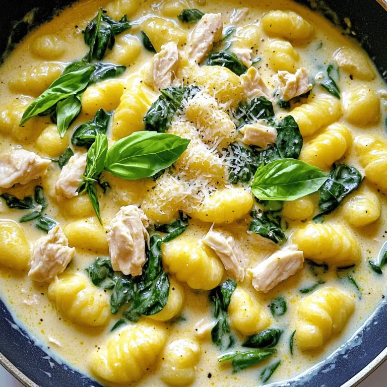 - 1 pound chicken breast, diced - 1 package (16 oz) gnocchi - 2 cups fresh spinach, chopped - 1 cup heavy cream - 1 cup chicken broth - 1/2 cup grated Parmesan cheese - 2 cloves garlic, minced - 1 tablespoon olive oil - Salt and pepper to taste - 1/2 teaspoon Italian seasoning This dish starts with simple yet fresh ingredients. The chicken breast serves as the main protein, giving a hearty bite. Gnocchi adds a unique texture. I love using fresh spinach for its vibrant color and nutrients. Next, the creamy sauce comes together with heavy cream and chicken broth. The Parmesan cheese adds richness and depth. Garlic, olive oil, salt, pepper, and Italian seasoning bring out all the flavors. These aromatics make the kitchen smell amazing while cooking. Use good quality ingredients for the best taste. This recipe makes a delightful dinner. It’s perfect for cozy nights at home or impressing guests. Enjoy every creamy, cheesy bite! Cooking the chicken First, heat 1 tablespoon of olive oil in a large skillet over medium heat. Once the oil is hot, add 1 pound of diced chicken breast. Cook the chicken for about 6-8 minutes. Stir it often. Look for a nice brown color and ensure it is cooked through. Seasoning tips Season the chicken with salt, pepper, and 1/2 teaspoon of Italian seasoning. This will give your chicken great flavor. Remember to taste it as you go. Adjust the seasoning if needed. Once cooked, take the chicken out of the skillet and set it aside. Sautéing garlic In the same skillet, add 2 cloves of minced garlic. Sauté the garlic for about 1 minute. Keep an eye on it so it doesn’t burn. You want to bring out the garlic’s rich flavor. Combining broth and cream Next, pour in 1 cup of chicken broth. Bring it to a simmer. Let it reduce slightly for about 2-3 minutes. Then, stir in 1 cup of heavy cream. Slowly bring this mixture to a gentle simmer. Gradually add 1/2 cup of grated Parmesan cheese while stirring. Keep stirring until the cheese melts and the sauce is smooth. Adding spinach and chicken Now, it's time to add the chopped spinach and the cooked chicken back into the skillet. Stir everything together until the spinach wilts. This should take just a minute or two. Cooking and adding gnocchi In a separate pot, cook 1 package of gnocchi according to package instructions. Usually, gnocchi will float when done, which takes about 2-3 minutes. Drain the gnocchi and add it to the skillet. Toss everything to coat the gnocchi with the creamy sauce. If the sauce is too thick, add a splash of chicken broth to loosen it up. To make sure the chicken is tender, start with diced chicken breast. Cook it in a hot skillet with olive oil. Season with salt, pepper, and Italian seasoning. Cook it for 6-8 minutes. This will keep the chicken juicy. Now, let’s perfect the creamy sauce. After cooking the chicken, sauté minced garlic in the same skillet. This adds a nice flavor. Pour in chicken broth and let it simmer for 2-3 minutes. Then, add heavy cream and gradually stir in grated Parmesan cheese. This creates a smooth sauce. For side dishes, serve with a fresh salad or garlic bread. These pair well with the creamy chicken spinach gnocchi. You can also add roasted vegetables for a healthy touch. When it comes to garnishing, fresh basil leaves brighten the dish. You can sprinkle some extra Parmesan on top for added flavor. To enhance flavor, consider adding spices like red pepper flakes for heat. Fresh herbs like thyme or rosemary can also boost taste. They add a nice aroma to the dish. If you want to try different cheeses, use mozzarella or goat cheese. Each cheese brings its own unique flavor to the creamy sauce. {{image_2}} You can change the protein in this dish easily. Try shrimp or turkey for a new twist. You can even use tofu for a vegetarian option. It takes on flavors well and keeps the dish hearty. Adding lemon zest brightens the sauce and adds a fresh taste. You can also use different cheeses. Goat cheese or mozzarella can give a unique flavor. These swaps keep things fun and interesting. You can choose between homemade and store-bought gnocchi. Homemade gnocchi tastes fresh and light. It can take more time, but it’s worth it. Store-bought gnocchi is quick and easy. It cooks in just a few minutes and still tastes great! To store leftovers, let the dish cool down first. Use an airtight container. Place it in the fridge. This keeps it fresh for up to three days. When reheating, use a skillet on low heat. Add a splash of chicken broth to help it warm evenly. Stir often to avoid burning. You can also use a microwave. Heat in short bursts, stirring in between. You can freeze the dish if you want to keep it longer. To do this, let it cool completely first. Then, place it in a freezer-safe container. It can last up to three months in the freezer. To thaw, place it in the fridge overnight. When ready to eat, reheat in a skillet. Again, add a splash of chicken broth to help with the sauce. Stir until hot and enjoy. For best taste, eat the dish within three days if stored in the fridge. If frozen, it’s best to consume it within three months. This way, you keep the flavors and textures just right. Gnocchi is a soft pasta made from potato, flour, and sometimes egg. This mix gives it a light and fluffy texture. The dough forms small dumplings, which cook quickly in boiling water. Gnocchi pairs well with many sauces, making it versatile and fun to use in dishes. Yes, you can use frozen spinach! It saves time and keeps well. Just make sure to thaw and drain it before adding it to your dish. Frozen spinach can have a slightly different texture, but it works great in creamy sauces like this one. To lighten this dish, you can swap heavy cream for half-and-half or milk. You can also use less cheese or a low-fat version. Another option is to add more veggies, like mushrooms or bell peppers, which adds flavor without many calories. Enjoy a lighter version while keeping it tasty! This blog covered a delicious dish with chicken, gnocchi, and fresh spinach. You learned how to make a creamy sauce and assemble the final dish. I shared tips for cooking tender chicken and enhancing flavors. We also discussed ingredient swaps and storage options to keep your leftovers fresh. With these insights, you can enjoy a tasty, satisfying meal. Experiment and make it your own! Cooking should be fun, so let your creativity shine.
