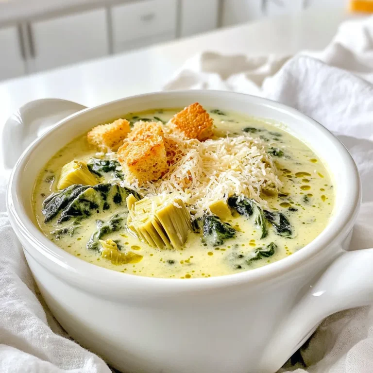 - 1 can (14 oz) artichoke hearts, drained and chopped - 4 cups fresh spinach, chopped - 1 medium onion, diced - 3 cloves garlic, minced - 4 cups vegetable broth - 1 cup heavy cream - 1 cup cream cheese, softened - 1 cup grated Parmesan cheese - 1 teaspoon dried oregano - 1 teaspoon dried thyme - Salt and pepper to taste - Croutons and extra Parmesan for garnish (optional) This recipe brings together fresh and rich flavors. First, we start with artichoke hearts, which add a lovely texture. Fresh spinach gives the soup a bright color and healthy benefits. The onion and garlic create a solid base, adding depth. For liquids, vegetable broth is perfect. It brings a savory note without overpowering the other tastes. Heavy cream and cream cheese make it extra smooth and creamy. This combination creates that comforting feel in every bite. Seasonings play a key role in this soup. Dried oregano and thyme add warmth and earthiness. Don't forget to season with salt and pepper to enhance the flavors. Croutons and extra Parmesan make great toppings. They add crunch and richness to each bowl. Gather these ingredients, and you're set for a delightful cooking experience. - Combine artichoke hearts, spinach, onion, and garlic in the slow cooker. - Pour in vegetable broth and stir the mixture. When you start, you want to layer in the flavors. First, take that can of artichoke hearts. Drain them and chop them up. Next, grab your fresh spinach. Chop it into smaller pieces. Then, dice one medium onion and mince three cloves of garlic. Toss all these ingredients into your slow cooker. Now, pour in four cups of vegetable broth. This adds a rich base to your soup. Stir well to mix everything together. This step is key for blending the flavors early on. - Add dried oregano, thyme, salt, and pepper, then cover the slow cooker. - Set the cooker on low for 4 hours or high for 2 hours. Next, it’s time to season your soup. Add one teaspoon of dried oregano and one teaspoon of dried thyme. Sprinkle in salt and pepper to taste. Stir again to combine. Cover your slow cooker and set it on low heat for four hours or high heat for two hours. The longer cooking time helps flavors develop beautifully. - Mix in cream cheese and heavy cream, then stir until combined. - Gradually add grated Parmesan cheese until melted and soup thickens. - Adjust seasoning to taste before serving. After the cooking time is up, it’s time to make your soup creamy. Add one cup of softened cream cheese and one cup of heavy cream. Stir until both ingredients blend smoothly into the soup. Now, for that cheesy goodness! Gradually stir in one cup of grated Parmesan cheese. Keep stirring until it melts and the soup thickens. This is where the magic happens! Before serving, taste your soup. Adjust the seasoning with more salt or pepper if needed. Your creamy spinach artichoke soup is now ready to enjoy! To make your Slow Cooker Creamy Spinach Artichoke Soup even better, try adding fresh herbs. Basil or parsley can add a nice touch. You can also use spices like paprika or cayenne for a kick. If you want to change the soup for dietary needs, swap heavy cream for coconut milk. For a vegan option, use cashew cream instead of cream cheese. These simple swaps can keep the flavor while meeting your needs. For a smoother soup, blend it with an immersion blender. This tool makes it easy to achieve that creamy texture. If you find the soup too thick, add more vegetable broth. Start with a half cup and mix well. Keep adding until you reach your desired thickness. Remember, the soup will thicken as it cools. So, adjust right before serving. This soup pairs well with crusty bread or a fresh salad. A nice baguette is perfect for dipping. Serve the soup hot for the best flavor. You can add croutons and extra Parmesan on top for a nice finish. For a lovely presentation, use a bowl that shows off the soup's creamy color. A sprinkle of fresh herbs on top can make it look even more inviting. {{image_2}} You can easily tweak this soup for different diets. For a vegan or dairy-free version, swap the cream cheese and heavy cream for coconut milk or cashew cream. These options give a nice creaminess without dairy. Use vegetable broth, which is already vegan. If you need gluten-free options, just check your broth brand. Many brands are gluten-free. This soup can be a great fit for those with gluten sensitivity. Get creative with the soup! You can add other veggies like carrots, celery, or bell peppers. These will add color and flavor. For protein, consider adding cooked chicken, shrimp, or white beans. Each option makes the soup heartier. To change up the flavors, try different cheeses. A bit of mozzarella or gouda can add a fun twist. You can also mix in spices like paprika or cayenne for a hint of heat. Garnishing makes your soup look special. Top it with fresh herbs like parsley or basil for a pop of color. A drizzle of olive oil can add a nice touch too. Instead of just croutons, consider crispy bacon bits or sautéed mushrooms. You can also add a dollop of sour cream or a sprinkle of chili flakes for extra flavor. Each choice can give a new look and taste to this creamy soup. Store leftovers in an airtight container. This keeps the soup fresh. You can enjoy it for up to four days in the fridge. Make sure to let it cool before sealing. This helps prevent excess moisture buildup. To freeze the soup, let it cool completely. Then, pour it into freezer-safe containers. Leave some space at the top for expansion. The soup can last for about three months in the freezer. When you're ready to eat, thaw it in the fridge overnight. You can also use the microwave for quicker thawing. Reheat the soup on the stove over low heat. Stir it often to keep it smooth. You can also use the microwave, but check it every minute. If the flavor seems dull, add a splash of cream or broth. This refreshes the taste nicely. Enjoy your warm bowl of creamy goodness! Yes, you can use frozen spinach. It offers convenience and saves prep time. Frozen spinach is often picked at peak freshness. However, it may have more water content, which can dilute the soup. To use frozen spinach, thaw and drain it well before adding it to the slow cooker. This keeps the soup creamy. To add some heat, try these options: - Add red pepper flakes for a subtle kick. - Stir in chopped jalapeños for more heat. - Use a spicy cheese instead of Parmesan. - Add a dash of hot sauce before serving. These changes can elevate the flavor and give it a nice punch. This soup pairs well with many sides. Here are some ideas: - Crispy garlic bread for dipping. - A fresh salad with a tangy vinaigrette. - Cheese quesadillas for a fun twist. - Crackers or breadsticks to complement the soup's creaminess. These pairings enhance the meal and make it satisfying. This blog post showed how to make a tasty Spinach Artichoke Soup. We covered the main ingredients, liquids, dairy, seasonings, and garnishes. The step-by-step instructions will help you through cooking it in a slow cooker. I shared tips for flavor, texture, and serving suggestions. You can also adjust the recipe for dietary needs or try new garnishes. Storing guidelines and FAQs help you manage leftovers well. Now, you can enjoy a rich, creamy soup that warms both body and soul. Dive in and make this delicious dish today!
