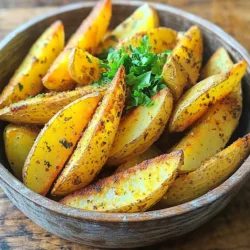 To make crispy air fryer potato wedges, you will need: - 4 large russet potatoes, scrubbed and cut into wedges - 3 tablespoons olive oil - 1 tablespoon garlic powder - 1 tablespoon paprika (smoked or regular) - 1 teaspoon onion powder - 1 teaspoon dried oregano - Salt and pepper to taste - Fresh parsley, chopped (for garnish) I recommend using russet potatoes for the best results. They have a high starch content, which helps create a crisp outer layer. Other good choices are Yukon Gold and red potatoes. These types hold their shape and cook well in the air fryer. Using fresh ingredients makes a big difference. Fresh potatoes taste better and have more nutrients. Fresh herbs, like parsley, add bright flavor and color. Always choose high-quality olive oil for the best taste. When you pick fresh items, your air fryer potato wedges will shine with flavor! First, set your air fryer to 400°F (200°C). Let it heat up for about 5 minutes. Preheating helps the potato wedges cook evenly. I like to think of it as getting the air fryer ready for action. A hot air fryer makes a big difference in crispiness. Next, take 4 large russet potatoes. Scrub them clean and cut them into wedges. In a large bowl, combine the potato wedges with 3 tablespoons of olive oil. Add 1 tablespoon of garlic powder, 1 tablespoon of paprika, 1 teaspoon of onion powder, and 1 teaspoon of dried oregano. Don’t forget to sprinkle in salt and pepper to taste. Toss the wedges well until they are evenly coated. This step is key to getting great flavor in every bite. Now, place the seasoned potato wedges in a single layer in the air fryer basket. If your basket is small, cook in batches. Avoid overcrowding for the best results. Air fry the wedges for about 15 to 20 minutes. Shake the basket halfway through to ensure even crisping. When they're done, they should be golden brown and crispy outside. After cooking, let the wedges cool slightly. Top them with freshly chopped parsley for a pop of color and taste. To get your potato wedges extra crispy, I have some great tips. First, soak the cut wedges in water for 30 minutes. This step helps remove excess starch. After soaking, dry them well with a clean towel. The less moisture, the crispier they will be. Also, make sure to coat them evenly with olive oil. A light layer helps them crisp up nicely. Lastly, avoid overcrowding the basket. Cook in batches if needed to allow air to circulate. Seasoning is key for tasty potato wedges. My favorite combo includes garlic powder, paprika, and dried oregano. These spices give a warm, savory flavor. You can also try adding some chili powder for heat or Parmesan cheese for a cheesy twist. Don’t forget salt and pepper! Adjust the amounts to fit your taste. You can even mix in fresh herbs like rosemary or thyme for a fresh taste. There are a few common mistakes to watch out for. One is not preheating the air fryer. Preheating helps the wedges cook evenly and get crispy. Another mistake is using wet potatoes. Always dry the wedges well after soaking. It’s also easy to skip tossing them in oil. Don’t skip this step, as it helps with crispiness! Finally, avoid cooking too many wedges at once. This will lead to soggy potatoes. Keep these tips in mind for the best results! {{image_2}} You can spice up your potato wedges in many ways. Try adding different seasonings for fun flavors. For a BBQ twist, mix in some BBQ seasoning. This gives a smoky taste that pairs well with the potatoes. For something cheesy, sprinkle Parmesan cheese and Italian herbs on top. This adds a rich, savory layer to your wedges. You can also experiment with chili powder or even ranch seasoning for a zesty kick. Get creative and make the flavors your own! Dips and sauces can enhance your potato wedges. Classic ketchup is always a winner. If you want something richer, try ranch dressing. It adds a creamy touch that complements the crispy texture. For a spicy option, go for sriracha mayo. Mix sriracha with mayo for a tangy and hot dip. You can also serve your wedges with guacamole for a fresh and creamy taste. Pairing dips makes the meal even more enjoyable. You can make your potato wedges healthier by using less oil. Instead of three tablespoons of olive oil, use just one. This still gives flavor but cuts calories. You can also skip the oil entirely and use an oil spray. This way, you coat the wedges lightly without excess fat. Another option is to use sweet potatoes instead of russet potatoes. Sweet potatoes have more nutrients and a natural sweetness. This way, you get a tasty and healthy snack! To keep your leftover potato wedges fresh, store them in an airtight container. Make sure the wedges cool first. Place a paper towel in the container to absorb moisture. This will help keep them crispy. Store them in the fridge for up to three days. To reheat your potato wedges, use the air fryer again. Set it to 350°F (175°C). Place the wedges in a single layer. Heat them for about 5 to 10 minutes. This method gives them a nice crisp. You can also use an oven, but the air fryer works best. You can freeze potato wedges if you have lots left. Let them cool completely. Place them in a single layer on a baking sheet. Freeze them for about 1-2 hours until firm. After that, move them to a freezer bag. They can last up to three months in the freezer. When you’re ready to eat, no need to thaw. Just air fry them straight from the freezer! Air fryer potato wedges last about 3 to 5 days in the fridge. Store them in an airtight container. Make sure they cool before you put them away. This keeps them fresh longer. If you want them crisp again, just reheat in the air fryer for a few minutes. Yes, you can make potato wedges without oil. Use a little water or broth instead. This helps the seasonings stick to the wedges. They might not be as crispy, but they will still taste good. You can experiment with different spices to add flavor without oil. Air fryer potato wedges go great with many dishes. You can serve them with burgers or grilled chicken. They are also perfect with a side of ranch or ketchup. Try pairing them with a fresh salad for a complete meal. Don't forget to add some dips for extra flavor! In this post, we explored how to make delicious air-fried potato wedges. We covered the best ingredients, step-by-step cooking, and useful tips. Fresh ingredients and the right potatoes make a big difference in taste. Remember to avoid common mistakes and try new flavors for fun. Proper storage helps keep leftovers tasty. With these tips, you can enjoy crispy, flavorful wedges any time. You can impress family and friends with this easy recipe. Enjoy your cooking!