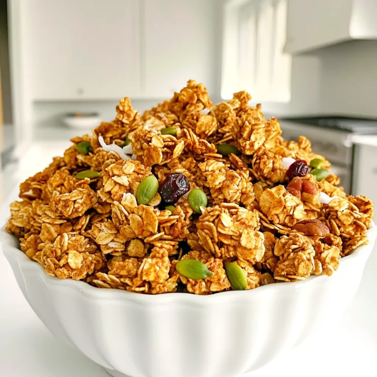 For our pumpkin spice granola clusters, you will need the following: - 3 cups rolled oats - 1 cup pumpkin seeds - 1/2 cup chopped pecans - 1/2 cup almond butter (or peanut butter) - 1/2 cup honey or maple syrup - 1 teaspoon vanilla extract - 2 teaspoons pumpkin pie spice - 1/2 teaspoon salt - 1/2 cup dried cranberries (optional) - 1/4 cup unsweetened coconut flakes (optional) You can add some fun extras to your granola. Here are a few ideas: - Chopped nuts like walnuts or almonds - Chocolate chips for a sweet touch - Seeds like sunflower or chia for extra nutrition - Other dried fruits like raisins or apricots If you don’t have something on hand, don’t worry! Here are some swaps: - Use sunflower seed butter instead of almond butter. - Substitute agave nectar for honey or maple syrup. - Replace pumpkin seeds with sunflower seeds if needed. - Use quick oats instead of rolled oats for a different texture. These ingredients work together to make a tasty and healthy snack. Feel free to mix and match to suit your taste! Start by greasing your slow cooker. Use a bit of coconut oil or cooking spray. This step helps prevent sticking. It makes removing the granola easier later. In a large bowl, mix the dry ingredients. Add 3 cups of rolled oats, 1 cup of pumpkin seeds, and 1/2 cup of chopped pecans. Then, stir in 2 teaspoons of pumpkin pie spice and 1/2 teaspoon of salt. Make sure everything is well mixed. This step ensures each bite is flavorful. In another bowl, whisk together 1/2 cup of almond butter and 1/2 cup of honey. You can also use maple syrup if you prefer. Add in 1 teaspoon of vanilla extract. Whisk until the mixture is smooth. This will add sweetness and depth to your granola. Pour the wet mixture over the dry ingredients. Use a spatula to mix everything together. Make sure all the oats and seeds are coated well. This helps the flavors blend perfectly. Transfer the mixture into the slow cooker. Spread it out evenly. Cover the cooker with the lid. Set it to low and cook for 2-3 hours. Stir the granola every 30 minutes. This keeps it cooking evenly. When it turns golden brown and smells great, it's done. Let it cool with the lid slightly open. This step helps it crisp up nicely. To make the best pumpkin spice granola clusters, you need to focus on the wet and dry mix. Make sure you mix the wet ingredients well. This helps the oats and seeds stick together. When you spread the mixture in the slow cooker, press it down gently. This helps form nice clusters. Stir every 30 minutes while cooking to ensure even heat. When it's golden brown, take it out to cool. The cooling step is key for great clusters. Let it sit with the lid ajar to let moisture escape. You can boost the flavor in your granola. Try adding a pinch of cinnamon or nutmeg for warmth. If you love a sweeter touch, add more honey or maple syrup. You can also mix in some chocolate chips after cooking. This makes a delicious treat! If you like fruit, toss in dried cranberries or apples for extra flavor. Coconut flakes add a nice crunch, too. Each of these adds a different layer of taste to your granola. To keep your granola fresh, store it in airtight containers. This helps keep it crunchy. It can last for up to two weeks on your kitchen shelf. If you want it to last longer, freeze it in small batches. Just thaw what you need when you want a snack. This way, your pumpkin spice granola clusters will always taste fresh and delicious! {{image_2}} If you need a nut-free version of pumpkin spice granola clusters, you can swap out pecans. Use sunflower seeds or pumpkin seeds only. These seeds add great crunch and flavor. You can also add some extra oats to replace the nut volume. This keeps the texture light and tasty without nuts. You have many sweetener choices for this recipe. Honey is a popular choice, but maple syrup works just as well. If you prefer a lower-calorie option, try agave syrup or coconut sugar. Both give a sweet touch without overpowering the pumpkin spice flavor. Adjust the amount to fit your taste. Make your granola special by adding seasonal ingredients. In fall, mix in chopped apples or pears for fresh flavor. In winter, dried figs or dates add natural sweetness. Even a bit of grated ginger can spice up your mix. These add-ins keep your granola exciting and fun throughout the year. To keep your pumpkin spice granola fresh, use airtight containers. Glass jars or plastic bins work well. Avoid leaving them in open bags. Store the granola in a cool, dry place. This will help maintain its crunch and flavor. You can freeze granola too! Just place it in freezer-safe bags. Remove as much air as possible before sealing. Label the bags with the date. When you want to eat it, let it thaw in the fridge overnight. When stored properly, your granola can last about two weeks. If you freeze it, it can stay fresh for up to three months. Always check for any signs of spoilage before enjoying. This way, you can savor your delicious pumpkin spice granola clusters longer! Yes, you can use quick oats. However, quick oats may make your granola less chunky. They cook faster and absorb moisture differently. For best results, stick to rolled oats for nice, big clusters. To make this recipe vegan, substitute honey with maple syrup. Use the same amount, and your granola will still taste great. Almond butter is vegan too, so you are all set there! If you don't have almond butter, try peanut butter or sunflower seed butter. These options work well too. They add flavor and help bind the granola together. Yes, you can! Spread the mixture on a baking sheet. Bake at 300°F for about 25-30 minutes. Stir halfway through. This method gives you a crispy texture and great flavor. To make crunchy granola, cook it longer in the slow cooker. Let it cool with the lid slightly open. This step helps it crisp up nicely. You can also add a bit more almond butter or sweetener for extra crunch. This blog post covered how to make tasty granola step by step. We looked at the key ingredients and how to store them. You learned helpful tips for perfecting your granola and adding fun twists. Remember, you can swap ingredients and make it your own. With these easy methods, you can create a snack that suits your taste. Enjoy your granola and share it with friends or family!