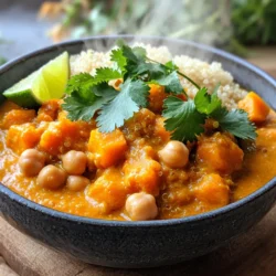- 1 medium pumpkin (about 3-4 pounds), peeled and diced - 1 can (15 oz) chickpeas, rinsed and drained - 1 medium onion, chopped - 3 cloves garlic, minced - 1 inch piece of ginger, grated - 1 can (14 oz) coconut milk - 1 cup vegetable broth - 2 tablespoons red curry paste - 1 tablespoon peanut butter - 1 teaspoon ground cumin - 1 teaspoon ground coriander - 1 teaspoon turmeric - 1 teaspoon salt - 1 tablespoon lime juice - Fresh cilantro for garnish - Cooked rice or quinoa for serving If you can't find pumpkin, use butternut squash. It has a similar taste and texture. For coconut milk, you can try almond milk, but it will change the flavor. If you're looking for a nut-free option, skip the peanut butter. You can replace it with sunflower seed butter or tahini. For a different protein, use lentils instead of chickpeas. I love adding fresh cilantro on top for a burst of flavor. If you want more herbs, try fresh basil or mint. For dried herbs, you can use dried basil, thyme, or even curry leaves. Each of these adds a unique twist to the dish and enhances the overall flavor. 1. Start by peeling the pumpkin. Cut it in half and scoop out the seeds. 2. Dice the pumpkin into 1-inch cubes. This helps it cook evenly. 3. In your slow cooker, add the diced pumpkin. 4. Rinse one can of chickpeas and drain well. Add them to the cooker. 5. Chop one medium onion and add it to the pot. 6. Mince three cloves of garlic and add that too. 7. Grate one inch of fresh ginger and toss it in. 8. In a bowl, mix one can of coconut milk with one cup of vegetable broth. 9. Add two tablespoons of red curry paste and one tablespoon of peanut butter to the bowl. 10. Sprinkle in one teaspoon of ground cumin, one teaspoon of ground coriander, one teaspoon of turmeric, and one teaspoon of salt. 11. Whisk everything together until it is smooth. 12. Pour this mixture over the pumpkin and chickpeas in the slow cooker. 13. Stir to make sure all the ingredients blend well. 14. Cover the slow cooker with the lid. 15. Set it to cook on low for 6-8 hours or on high for 3-4 hours. - Prep Time: This recipe takes about 15 minutes to prepare. - Cooking Time: Let it cook for 6-8 hours on low or 3-4 hours on high. - Total Time: You will spend around 6 hours and 15 minutes to 8 hours and 15 minutes from start to finish. - Make sure to cut the pumpkin into even pieces. This helps it cook at the same rate. - If you want softer pumpkin, cook it on low heat. - Check the pumpkin at the 6-hour mark. If it is not tender, cook it longer. - Stir the curry halfway through cooking. This helps distribute the heat and flavors. - Adding lime juice at the end brightens the taste and enhances the pumpkin's flavor. To boost the flavor of your pumpkin curry, start with spices. You can adjust the red curry paste to your taste. If you like it spicier, add more. Try adding a pinch of cayenne pepper for heat. You can also swap peanut butter for almond butter if you prefer. For a different taste, replace cumin with garam masala. This adds warmth and depth. Fresh herbs like basil or mint can also add a nice touch. Using a slow cooker is simple and fun. First, layer your ingredients correctly. Place dense items like pumpkin at the bottom. This helps them cook evenly. Always make sure the lid is on tight. This keeps the steam in for tender veggies. Avoid opening the lid too often, as this lets heat escape. Stick to the cooking times for the best results. For a creamy curry, coconut milk is key. If your curry is too thick, add more vegetable broth. If it’s too thin, remove the lid for the last hour of cooking. This helps the liquid evaporate. Stirring gently in the middle of cooking can also help mix the flavors. Adding lime juice at the end brightens the dish and balances the richness. {{image_2}} This pumpkin curry is already vegan and gluten-free! You can feel great about serving it to everyone. If you want to make it even more special, use fresh pumpkin. Just peel and cube it as your base. This adds a nice, fresh taste. You can also swap out the peanut butter for almond butter if you prefer. It keeps your curry creamy and rich. Chickpeas are a star in this dish, but you can add other proteins too. Try lentils for a different texture. They cook well in the slow cooker and soak up the flavors. You can also use tofu. Just cut it into cubes and toss it in with the other ingredients. If you eat meat, chicken or shrimp can work too. Add them halfway through cooking for the best results. To make your curry even tastier, think about adding more flavors. A splash of soy sauce or tamari gives a nice umami kick. If you like heat, toss in some red pepper flakes or sliced chili peppers. You can also add vegetables like spinach or bell peppers. They add color and extra nutrition. Experiment with fresh herbs too. Basil or mint can bring a fresh twist. To store leftover pumpkin curry, let it cool down. Once cool, place it in an airtight container. It can stay in the fridge for up to five days. Make sure to seal it well. This keeps the flavors fresh and prevents spills. When you're ready to eat, take out the curry. You can reheat it on the stove or in the microwave. For the stove, place it in a pot over low heat. Stir it often to keep it from sticking. If using a microwave, heat it in short bursts. Stir between each burst to heat evenly. This helps the spices blend well again. You can freeze pumpkin curry if you make a big batch. Use a freezer-safe container. Leave some space at the top; the curry will expand. It can last for up to three months in the freezer. To thaw, move it to the fridge overnight. You can also use the microwave for a quick thaw. After thawing, reheat it until hot. Enjoy your delicious curry anytime! Yes, you can use fresh pumpkin. Fresh pumpkin gives a rich flavor. Peel, seed, and chop it into small cubes. You need about 3-4 pounds of fresh pumpkin for this recipe. This will make your curry taste fresh and bright. To add spice, you have a few options. You can add more red curry paste. Start with one extra tablespoon and taste as you go. You can also add chopped fresh chili peppers. Jalapeños or Thai chilies work well. If you want a different flavor, try adding cayenne pepper. I recommend serving this curry over cooked rice or quinoa. Both absorb the sauce well. You can also pair it with naan bread for a nice touch. Fresh cilantro on top adds color and flavor. A lime wedge on the side gives a zesty kick. This blog post covers how to make a tasty slow cooker pumpkin curry with chickpeas. We explored key ingredients, substitutions, and herbs for added flavor. I detailed each cooking step, including tips to achieve tender pumpkin. You learned about spice adjustments and storage for your leftovers. Consider trying variations like vegan options or protein additions for more fun. In conclusion, this recipe is simple and flexible. Enjoy experimenting with it, and savor the delicious results!