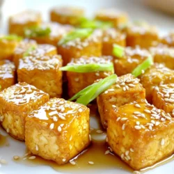 - 14 oz firm tofu, pressed and cubed - 3 tablespoons honey (or agave for a vegan option) - 2 tablespoons soy sauce - 2 cloves garlic, minced - 1 tablespoon fresh ginger, grated - 1 tablespoon sesame oil - 1 tablespoon cornstarch - 1 teaspoon sesame seeds (for garnish) - 2 green onions, sliced (for garnish) To make honey garlic tofu bites, you need firm tofu. Press it first to remove moisture. This step helps the tofu soak up the marinade better. Next, gather the marinade components: honey (or agave for vegan), soy sauce, minced garlic, grated ginger, and sesame oil. These flavors blend to create a sweet and savory sauce. You’ll also need cornstarch. This ingredient gives the tofu its crispy texture when air-frying. Finally, for garnish, prepare sesame seeds and sliced green onions. They add a nice touch to the dish. Each ingredient plays a role in making this dish flavorful and fun to eat. Pressing the Tofu Start with firm tofu. Wrap it in a clean kitchen towel. Place something heavy on top. Let it sit for at least 15 minutes. This helps remove extra water, making it crispier. Cutting Tofu into Cubes After pressing, take the tofu out of the towel. Cut it into bite-sized cubes. Aim for about 1-inch pieces. This size cooks well in the air fryer. Mixing Honey and Soy Sauce In a mixing bowl, add 3 tablespoons of honey and 2 tablespoons of soy sauce. Whisk them together until they blend well. This mix gives a sweet and salty flavor. Adding Garlic and Ginger Next, add 2 cloves of minced garlic and 1 tablespoon of grated ginger. Stir until everything mixes evenly. The garlic and ginger add a tasty kick to the marinade. Coating Tofu with Marinade Now, add the cubed tofu to the bowl. Gently toss the tofu in the marinade. Make sure each piece gets coated. This step is key for flavor. Marination Time Tips Let the tofu sit in the marinade for about 20 minutes. Stir it occasionally. This helps the flavors soak into the tofu for a better taste. Preheating the Air Fryer Preheat your air fryer to 380°F (193°C). This step is important for crispy results. Cooking Time and Technique Arrange the marinated tofu cubes in a single layer in the basket. Don't overcrowd it. Cook for 15-20 minutes. Shake the basket halfway through. This ensures even cooking. Tips for Shaking the Basket Shaking the basket helps the tofu cook evenly. It also promotes crispiness. Keep an eye on the time for the best results. When golden brown, your tofu bites are ready! To get that perfect crunch, cornstarch is key. After marinating the tofu, sprinkle cornstarch over it. Gently toss the cubes to coat them evenly. This coating helps create a crispy texture in the air fryer. Avoid overcrowding the air fryer basket. If you add too much tofu at once, it may steam instead of fry. Cook in batches if needed. This ensures every bite stays crispy and delicious. You can adjust the sweetness of the dish with agave. If you want a vegan option, agave works well instead of honey. It gives a similar flavor and keeps the dish plant-based. If you like some heat, add chili flakes to the marinade. Just a pinch can transform the dish. It adds a nice kick without overpowering the honey garlic taste. You can always adjust the amount to fit your taste. {{image_2}} Substituting Honey If you want this dish vegan, use agave nectar instead of honey. Agave works well and gives a sweet taste. It blends perfectly with the soy sauce and garlic. You won’t miss the honey at all! Other Marinade Suggestions You can try different flavors in your marinade. For a fruity twist, add orange juice or pineapple juice. You can also use maple syrup for a unique sweetness. Experiment with spices like cumin or paprika for more depth. Using Different Proteins Tofu is great, but you can swap it out for other proteins. Tempeh is a nice choice. It has a firmer texture and absorbs flavor well. You can also use chicken or shrimp if you prefer meat. Incorporating Vegetables Don’t stop at tofu! Add vegetables for more color and taste. Bell peppers, broccoli, or snap peas work well. Cut them into bite-sized pieces and toss them in the marinade too. They will cook nicely in the air fryer with the tofu. To keep your honey garlic tofu bites fresh, store them in the fridge. Place them in an airtight container. This helps prevent moisture loss and keeps them tasty. You can store them for up to three days. When you want to reheat, use your air fryer for the best results. Set the air fryer to 350°F (175°C). Heat the tofu bites for about 5-7 minutes. This keeps them crispy and delicious. You can also use a microwave, but they may lose some crunch. If you want to save some tofu bites for later, freezing is a great option. First, let the cooked tofu cool completely. Then, place the bites in a single layer on a baking sheet. Freeze them for about an hour. This prevents them from sticking together. Once frozen, transfer them to a freezer-safe bag or container. Be sure to remove as much air as possible. You can keep them frozen for up to three months. To reheat, cook them straight from the freezer in the air fryer for about 10-12 minutes at 375°F (190°C). This will help maintain their crispy texture. Yes, you can use extra-firm tofu. It has less moisture than firm tofu. This means it holds its shape better. Extra-firm tofu gives a chewier texture. Best tofu types for air frying are firm or extra-firm. They crisp up nicely and absorb flavors well. Soft or silken tofu won’t work well here. To add spice, try red pepper flakes. You can also use sriracha for a kick. Both options enhance the flavor without overpowering it. Recommended add-ins include chopped jalapeños or hot sauce. Mix them in the marinade for a fiery twist. Adjust the amount based on your heat preference. Pair these bites with steamed rice or quinoa. They balance the sweet and savory taste of the tofu. Fresh veggies like broccoli or bell peppers also work well. Serving ideas for a full meal include a side salad. You could add a tangy dressing to complement the honey garlic flavor. Enjoy your meal with friends or family for a tasty experience! We explored how to make delicious honey garlic tofu bites step by step. From gathering ingredients to air frying, every part matters. Remember, pressing the tofu and marinating it well helps enhance the flavor. Don’t shy away from trying variations or adjustments to make it yours. Store leftovers properly and enjoy this dish later. With the right tips, you can create crispy, flavorful bites every time. Dive into the world of tofu, and impress your friends and family with your skills!