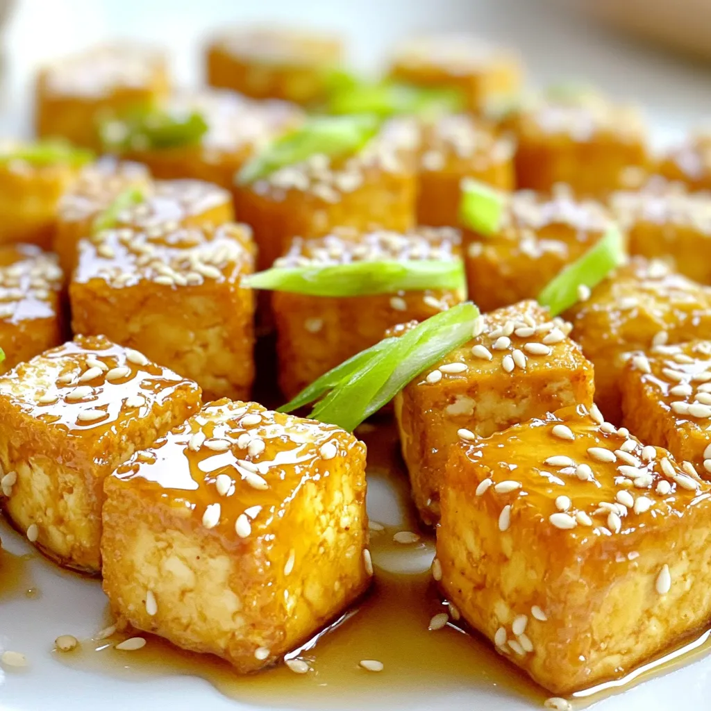 - 14 oz firm tofu, pressed and cubed - 3 tablespoons honey (or agave for a vegan option) - 2 tablespoons soy sauce - 2 cloves garlic, minced - 1 tablespoon fresh ginger, grated - 1 tablespoon sesame oil - 1 tablespoon cornstarch - 1 teaspoon sesame seeds (for garnish) - 2 green onions, sliced (for garnish) To make honey garlic tofu bites, you need firm tofu. Press it first to remove moisture. This step helps the tofu soak up the marinade better. Next, gather the marinade components: honey (or agave for vegan), soy sauce, minced garlic, grated ginger, and sesame oil. These flavors blend to create a sweet and savory sauce. You’ll also need cornstarch. This ingredient gives the tofu its crispy texture when air-frying. Finally, for garnish, prepare sesame seeds and sliced green onions. They add a nice touch to the dish. Each ingredient plays a role in making this dish flavorful and fun to eat. Pressing the Tofu Start with firm tofu. Wrap it in a clean kitchen towel. Place something heavy on top. Let it sit for at least 15 minutes. This helps remove extra water, making it crispier. Cutting Tofu into Cubes After pressing, take the tofu out of the towel. Cut it into bite-sized cubes. Aim for about 1-inch pieces. This size cooks well in the air fryer. Mixing Honey and Soy Sauce In a mixing bowl, add 3 tablespoons of honey and 2 tablespoons of soy sauce. Whisk them together until they blend well. This mix gives a sweet and salty flavor. Adding Garlic and Ginger Next, add 2 cloves of minced garlic and 1 tablespoon of grated ginger. Stir until everything mixes evenly. The garlic and ginger add a tasty kick to the marinade. Coating Tofu with Marinade Now, add the cubed tofu to the bowl. Gently toss the tofu in the marinade. Make sure each piece gets coated. This step is key for flavor. Marination Time Tips Let the tofu sit in the marinade for about 20 minutes. Stir it occasionally. This helps the flavors soak into the tofu for a better taste. Preheating the Air Fryer Preheat your air fryer to 380°F (193°C). This step is important for crispy results. Cooking Time and Technique Arrange the marinated tofu cubes in a single layer in the basket. Don't overcrowd it. Cook for 15-20 minutes. Shake the basket halfway through. This ensures even cooking. Tips for Shaking the Basket Shaking the basket helps the tofu cook evenly. It also promotes crispiness. Keep an eye on the time for the best results. When golden brown, your tofu bites are ready! To get that perfect crunch, cornstarch is key. After marinating the tofu, sprinkle cornstarch over it. Gently toss the cubes to coat them evenly. This coating helps create a crispy texture in the air fryer. Avoid overcrowding the air fryer basket. If you add too much tofu at once, it may steam instead of fry. Cook in batches if needed. This ensures every bite stays crispy and delicious. You can adjust the sweetness of the dish with agave. If you want a vegan option, agave works well instead of honey. It gives a similar flavor and keeps the dish plant-based. If you like some heat, add chili flakes to the marinade. Just a pinch can transform the dish. It adds a nice kick without overpowering the honey garlic taste. You can always adjust the amount to fit your taste. {{image_2}} Substituting Honey If you want this dish vegan, use agave nectar instead of honey. Agave works well and gives a sweet taste. It blends perfectly with the soy sauce and garlic. You won’t miss the honey at all! Other Marinade Suggestions You can try different flavors in your marinade. For a fruity twist, add orange juice or pineapple juice. You can also use maple syrup for a unique sweetness. Experiment with spices like cumin or paprika for more depth. Using Different Proteins Tofu is great, but you can swap it out for other proteins. Tempeh is a nice choice. It has a firmer texture and absorbs flavor well. You can also use chicken or shrimp if you prefer meat. Incorporating Vegetables Don’t stop at tofu! Add vegetables for more color and taste. Bell peppers, broccoli, or snap peas work well. Cut them into bite-sized pieces and toss them in the marinade too. They will cook nicely in the air fryer with the tofu. To keep your honey garlic tofu bites fresh, store them in the fridge. Place them in an airtight container. This helps prevent moisture loss and keeps them tasty. You can store them for up to three days. When you want to reheat, use your air fryer for the best results. Set the air fryer to 350°F (175°C). Heat the tofu bites for about 5-7 minutes. This keeps them crispy and delicious. You can also use a microwave, but they may lose some crunch. If you want to save some tofu bites for later, freezing is a great option. First, let the cooked tofu cool completely. Then, place the bites in a single layer on a baking sheet. Freeze them for about an hour. This prevents them from sticking together. Once frozen, transfer them to a freezer-safe bag or container. Be sure to remove as much air as possible. You can keep them frozen for up to three months. To reheat, cook them straight from the freezer in the air fryer for about 10-12 minutes at 375°F (190°C). This will help maintain their crispy texture. Yes, you can use extra-firm tofu. It has less moisture than firm tofu. This means it holds its shape better. Extra-firm tofu gives a chewier texture. Best tofu types for air frying are firm or extra-firm. They crisp up nicely and absorb flavors well. Soft or silken tofu won’t work well here. To add spice, try red pepper flakes. You can also use sriracha for a kick. Both options enhance the flavor without overpowering it. Recommended add-ins include chopped jalapeños or hot sauce. Mix them in the marinade for a fiery twist. Adjust the amount based on your heat preference. Pair these bites with steamed rice or quinoa. They balance the sweet and savory taste of the tofu. Fresh veggies like broccoli or bell peppers also work well. Serving ideas for a full meal include a side salad. You could add a tangy dressing to complement the honey garlic flavor. Enjoy your meal with friends or family for a tasty experience! We explored how to make delicious honey garlic tofu bites step by step. From gathering ingredients to air frying, every part matters. Remember, pressing the tofu and marinating it well helps enhance the flavor. Don’t shy away from trying variations or adjustments to make it yours. Store leftovers properly and enjoy this dish later. With the right tips, you can create crispy, flavorful bites every time. Dive into the world of tofu, and impress your friends and family with your skills!