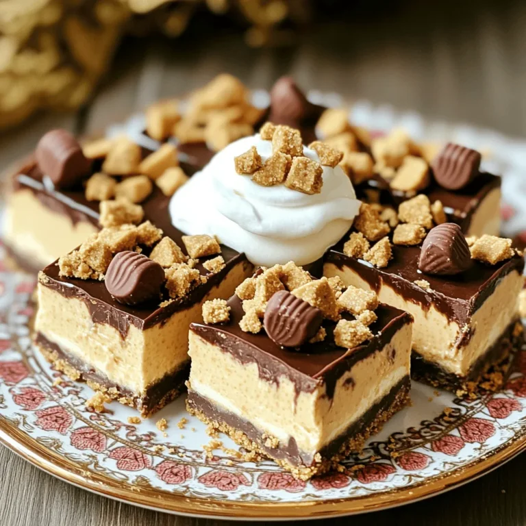 - 1 ½ cups graham cracker crumbs - ½ cup unsalted butter, melted - 1 tablespoon sugar - 8 oz cream cheese, softened - ¾ cup creamy peanut butter - ½ cup powdered sugar - 1 cup whipped topping (like Cool Whip) - ½ cup mini chocolate chips - 4-5 mini peanut butter cups, chopped Using quality ingredients makes a big difference. For the graham crackers, choose a brand that is fresh. Stale crumbs can ruin the crust. Make sure the cream cheese is at room temperature. This helps it blend smoothly. Creamy peanut butter adds richness. Check for no added sugar or oils for a pure taste. The whipped topping should be light and fluffy. This keeps the cheesecake airy. If you need a gluten-free option, use gluten-free graham crackers. For a lower sugar version, you can use a sugar substitute in the crust and filling. To make this vegan, swap cream cheese for a plant-based cream cheese. Use coconut cream in place of whipped topping. You can also find peanut butter that is nut-free for those with allergies. Start by gathering your ingredients. You need graham cracker crumbs, melted butter, and sugar. In a medium bowl, mix the graham cracker crumbs, melted butter, and sugar. Stir until it looks like wet sand. Press this mix firmly into the bottom of an 8x8 inch baking dish. Use the back of a measuring cup to make it even. This crust holds everything together. Now, let’s make the filling! In a large bowl, beat the softened cream cheese and creamy peanut butter. Mix until it is smooth and creamy. Gradually add the powdered sugar while mixing. This helps sweeten your filling. Next, gently fold in the whipped topping. Make sure no white streaks remain. Finally, add the mini chocolate chips and chopped peanut butter cups. Set aside a few for later. Spread the creamy peanut butter filling over the crust. Use a spatula to make it even. After that, cover the dish with plastic wrap. Chill in the fridge for at least 4 hours. This helps the bars set well. Once they are firm, cut them into squares. Top with your reserved chopped peanut butter cups. For extra flair, you can drizzle melted chocolate on top. Enjoy these tasty bars! To get the right texture, use softened cream cheese. Cold cream cheese makes mixing hard. Beat the cream cheese with the peanut butter until it's smooth. This helps create a creamy filling. Gently fold in the whipped topping to keep it light. Don't stir too hard, or you might lose the fluffiness. Cutting the bars can be tricky. First, chill the cheesecake for at least four hours. This makes it firm and easier to cut. Use a sharp knife for clean edges. Dip the knife in hot water, then dry it before each cut. This helps the knife glide through the bars smoothly. For a beautiful presentation, serve your cheesecake bars on a nice plate. Add a dollop of whipped topping on top. Sprinkle crushed graham crackers around them for texture. You can also drizzle melted chocolate over the bars. Finish with a few mini peanut butter cups on top. This makes each piece look special and tasty! {{image_2}} You can make these bars healthier. To reduce sugar, use a sugar substitute. Stevia or erythritol works well. For a gluten-free option, swap graham cracker crumbs with gluten-free ones. Almond flour or coconut flour is great too. These changes keep the taste yummy while fitting dietary needs. Want to mix things up? Add some fun flavors! You can stir in chocolate syrup for extra richness. Caramel sauce also pairs well with peanut butter. Just drizzle it in the filling or on top. You can even use flavored peanut butter, like chocolate or honey. Each option adds a new twist to your bars. Toppings make your bars look great and taste even better. Try adding crushed nuts on top for crunch. You can also sprinkle cocoa powder for a chocolate kick. Fresh fruit like sliced bananas or strawberries adds a fresh touch. If you love whipped cream, a dollop on each bar makes it extra special. These simple changes can elevate your dessert! To keep your No-Bake Peanut Butter Cup Cheesecake Bars fresh, wrap them tightly. Use plastic wrap or place them in an airtight container. This helps avoid drying out or absorbing other fridge smells. I like to keep a layer of parchment paper between the bars and the lid. This way, they remain intact and easy to serve. These cheesecake bars stay fresh in the fridge for about 5 days. If you want to keep them longer, freeze them. They can last up to 2 months in the freezer. Just make sure to wrap them well. When you are ready to eat, thaw them in the fridge overnight. You don’t need to reheat these bars. They taste best when chilled. Enjoy them straight from the fridge. If you want a warm treat, consider warming mini peanut butter cups in the microwave for a few seconds. Then, drizzle them over the bars for a warm twist. Yes, you can make these bars a day ahead. This allows the flavors to mix well. Just store them in the fridge. Cover them tightly with plastic wrap. This keeps them fresh and tasty for when you serve them. If you want a substitute for cream cheese, use Greek yogurt. It gives a similar texture and taste. You can also try silken tofu for a dairy-free option. Blend it until smooth for best results. To help the bars set, chill them for at least four hours. This lets the filling firm up. Make sure you press the crust tightly into the dish. This keeps everything together when you cut the bars. Yes, you can make this recipe vegan. Use dairy-free cream cheese and whipped topping. Look for a vegan butter substitute for the crust. You can also use maple syrup instead of powdered sugar for sweetness. We covered how to make delicious peanut butter cheesecake bars. I shared key ingredients, step-by-step instructions, and helpful tips. You learned about tasty variations and storage advice, too. These bars are perfect for any occasion, and you can easily tailor them to fit your needs. Enjoy experimenting with flavors and methods. Your baking journey is just starting, and these bars are a great way to impress others.