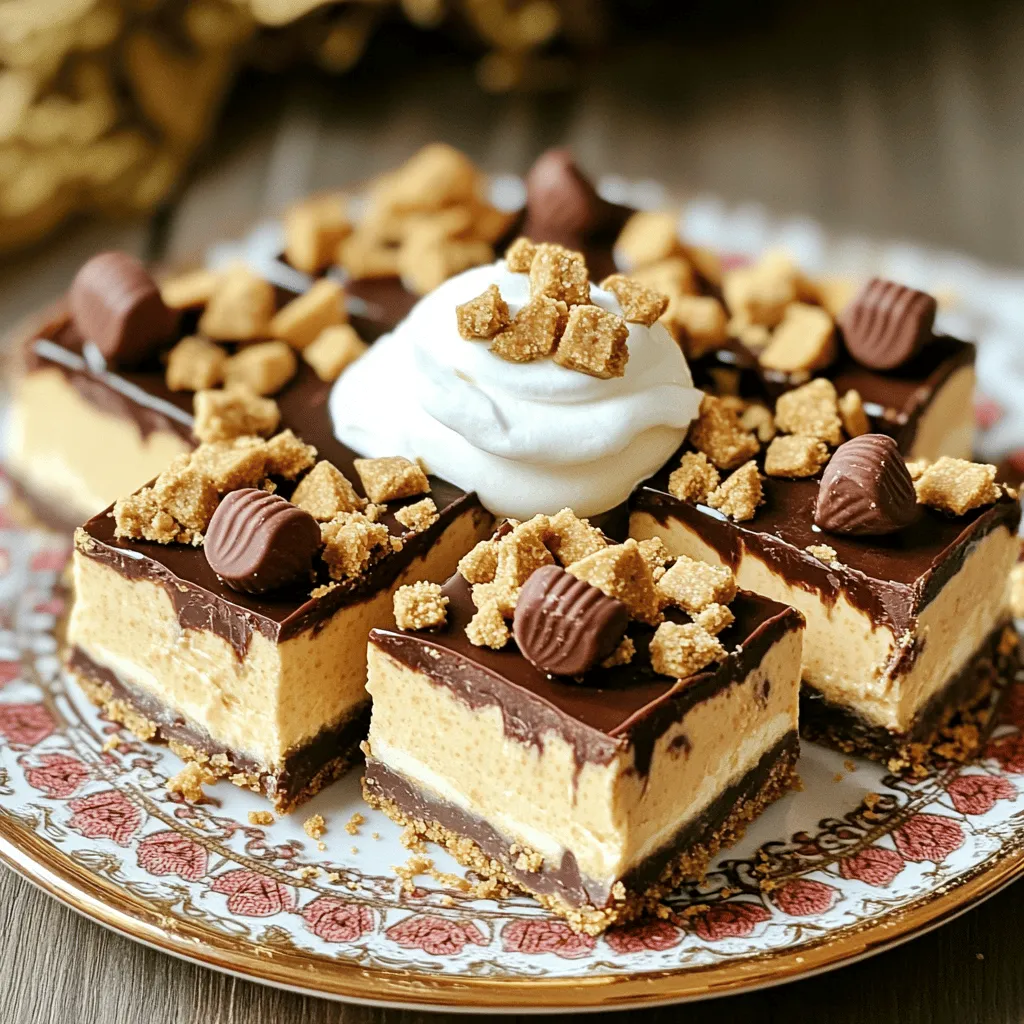 - 1 ½ cups graham cracker crumbs - ½ cup unsalted butter, melted - 1 tablespoon sugar - 8 oz cream cheese, softened - ¾ cup creamy peanut butter - ½ cup powdered sugar - 1 cup whipped topping (like Cool Whip) - ½ cup mini chocolate chips - 4-5 mini peanut butter cups, chopped Using quality ingredients makes a big difference. For the graham crackers, choose a brand that is fresh. Stale crumbs can ruin the crust. Make sure the cream cheese is at room temperature. This helps it blend smoothly. Creamy peanut butter adds richness. Check for no added sugar or oils for a pure taste. The whipped topping should be light and fluffy. This keeps the cheesecake airy. If you need a gluten-free option, use gluten-free graham crackers. For a lower sugar version, you can use a sugar substitute in the crust and filling. To make this vegan, swap cream cheese for a plant-based cream cheese. Use coconut cream in place of whipped topping. You can also find peanut butter that is nut-free for those with allergies. Start by gathering your ingredients. You need graham cracker crumbs, melted butter, and sugar. In a medium bowl, mix the graham cracker crumbs, melted butter, and sugar. Stir until it looks like wet sand. Press this mix firmly into the bottom of an 8x8 inch baking dish. Use the back of a measuring cup to make it even. This crust holds everything together. Now, let’s make the filling! In a large bowl, beat the softened cream cheese and creamy peanut butter. Mix until it is smooth and creamy. Gradually add the powdered sugar while mixing. This helps sweeten your filling. Next, gently fold in the whipped topping. Make sure no white streaks remain. Finally, add the mini chocolate chips and chopped peanut butter cups. Set aside a few for later. Spread the creamy peanut butter filling over the crust. Use a spatula to make it even. After that, cover the dish with plastic wrap. Chill in the fridge for at least 4 hours. This helps the bars set well. Once they are firm, cut them into squares. Top with your reserved chopped peanut butter cups. For extra flair, you can drizzle melted chocolate on top. Enjoy these tasty bars! To get the right texture, use softened cream cheese. Cold cream cheese makes mixing hard. Beat the cream cheese with the peanut butter until it's smooth. This helps create a creamy filling. Gently fold in the whipped topping to keep it light. Don't stir too hard, or you might lose the fluffiness. Cutting the bars can be tricky. First, chill the cheesecake for at least four hours. This makes it firm and easier to cut. Use a sharp knife for clean edges. Dip the knife in hot water, then dry it before each cut. This helps the knife glide through the bars smoothly. For a beautiful presentation, serve your cheesecake bars on a nice plate. Add a dollop of whipped topping on top. Sprinkle crushed graham crackers around them for texture. You can also drizzle melted chocolate over the bars. Finish with a few mini peanut butter cups on top. This makes each piece look special and tasty! {{image_2}} You can make these bars healthier. To reduce sugar, use a sugar substitute. Stevia or erythritol works well. For a gluten-free option, swap graham cracker crumbs with gluten-free ones. Almond flour or coconut flour is great too. These changes keep the taste yummy while fitting dietary needs. Want to mix things up? Add some fun flavors! You can stir in chocolate syrup for extra richness. Caramel sauce also pairs well with peanut butter. Just drizzle it in the filling or on top. You can even use flavored peanut butter, like chocolate or honey. Each option adds a new twist to your bars. Toppings make your bars look great and taste even better. Try adding crushed nuts on top for crunch. You can also sprinkle cocoa powder for a chocolate kick. Fresh fruit like sliced bananas or strawberries adds a fresh touch. If you love whipped cream, a dollop on each bar makes it extra special. These simple changes can elevate your dessert! To keep your No-Bake Peanut Butter Cup Cheesecake Bars fresh, wrap them tightly. Use plastic wrap or place them in an airtight container. This helps avoid drying out or absorbing other fridge smells. I like to keep a layer of parchment paper between the bars and the lid. This way, they remain intact and easy to serve. These cheesecake bars stay fresh in the fridge for about 5 days. If you want to keep them longer, freeze them. They can last up to 2 months in the freezer. Just make sure to wrap them well. When you are ready to eat, thaw them in the fridge overnight. You don’t need to reheat these bars. They taste best when chilled. Enjoy them straight from the fridge. If you want a warm treat, consider warming mini peanut butter cups in the microwave for a few seconds. Then, drizzle them over the bars for a warm twist. Yes, you can make these bars a day ahead. This allows the flavors to mix well. Just store them in the fridge. Cover them tightly with plastic wrap. This keeps them fresh and tasty for when you serve them. If you want a substitute for cream cheese, use Greek yogurt. It gives a similar texture and taste. You can also try silken tofu for a dairy-free option. Blend it until smooth for best results. To help the bars set, chill them for at least four hours. This lets the filling firm up. Make sure you press the crust tightly into the dish. This keeps everything together when you cut the bars. Yes, you can make this recipe vegan. Use dairy-free cream cheese and whipped topping. Look for a vegan butter substitute for the crust. You can also use maple syrup instead of powdered sugar for sweetness. We covered how to make delicious peanut butter cheesecake bars. I shared key ingredients, step-by-step instructions, and helpful tips. You learned about tasty variations and storage advice, too. These bars are perfect for any occasion, and you can easily tailor them to fit your needs. Enjoy experimenting with flavors and methods. Your baking journey is just starting, and these bars are a great way to impress others.