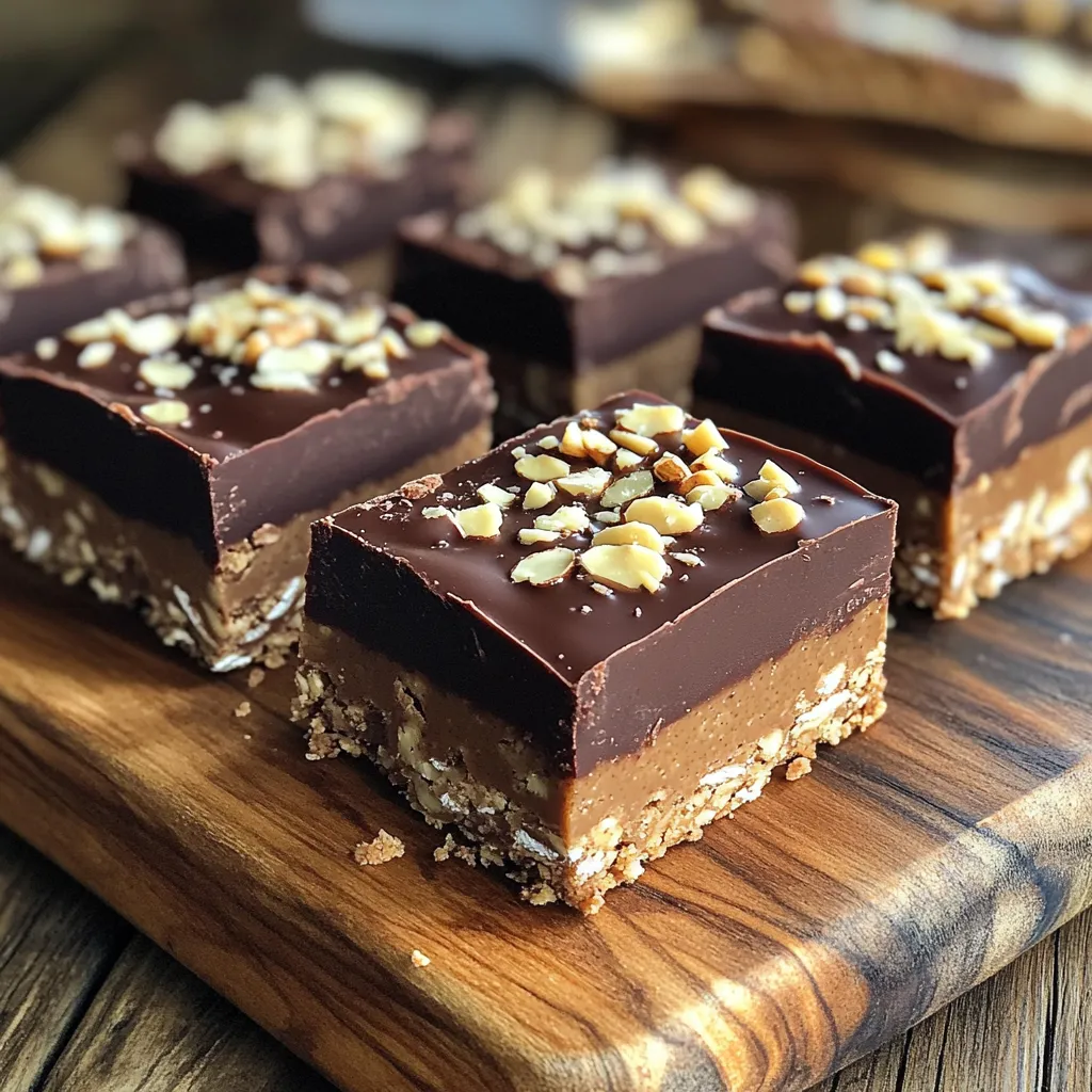 The key to making delicious Chocolate Almond Butter Bars lies in the right ingredients. Each one plays a role in flavor and texture. Here’s what you need: - 1 cup almond butter - 1/2 cup honey or maple syrup - 1/4 cup coconut oil, melted - 1/2 cup cocoa powder - 1 teaspoon vanilla extract - 1/2 teaspoon sea salt - 1 cup rolled oats - 1/2 cup dark chocolate chips - Optional: chopped almonds for topping Let’s break down why these ingredients matter. Almond butter gives the bars creaminess and a nutty taste. Honey or maple syrup adds sweetness and binds everything together. Coconut oil helps with texture and adds a light coconut flavor. Cocoa powder brings rich chocolate notes, making these bars a true treat. The vanilla extract enhances all the flavors, while sea salt balances the sweetness. Rolled oats add chewiness and nutrition, making the bars filling. Dark chocolate chips are the cherry on top, adding extra chocolate goodness. If you want a crunch, sprinkle chopped almonds on the top! This combination creates a rich, decadent treat you will love. 1. In a mixing bowl, combine the almond butter, honey, and melted coconut oil. Stir until smooth. This creates a rich base for our bars. 2. Next, add in the cocoa powder, vanilla extract, and sea salt. Mix well until the mixture is creamy and uniform. This step adds depth and flavor. 3. Now, stir in the rolled oats. Make sure each oat is coated with the chocolate mixture. This gives the bars a nice chewy texture. 4. Finally, fold in the dark chocolate chips. They will melt slightly, adding delightful pockets of chocolate throughout the bars. 1. Line an 8x8 inch baking pan with parchment paper. Leave some overhang for easy removal later. This makes it simple to lift the bars out. 2. Pour the chocolate almond butter mixture into the prepared pan. Press down firmly to create an even layer. This helps the bars hold their shape when cut. 1. Place the pan in the refrigerator for at least 2 hours. This allows the bars to set firmly. You can also leave them overnight for best results. 2. Once set, lift the bars out using the parchment overhang. Cut into squares or rectangles for serving. Each piece is a rich treat to enjoy! To make your bars smooth, mix the wet ingredients well. Start by combining the almond butter, honey (or maple syrup), and melted coconut oil. Stir until everything blends perfectly. This smooth base helps the bars feel creamy. Adjust sweetness to your taste. If you like a sweeter bar, add more honey or maple syrup. Start with a little extra, then taste and mix. You can always add more, but you can't take it out! To evenly distribute toppings, sprinkle chopped almonds on the mixture. Then, gently press them in. This helps keep them from sliding off later. When you pour the mixture into the pan, press down evenly. Use a spatula or your hands to flatten the top. This makes sure every bite has the same great taste. Avoid over-mixing the batter. Too much mixing can make the bars tough. Mix just until the oats and chocolate chips are well combined. Letting the bars set is key. If you skip the chilling time, your bars may fall apart. Refrigerate for at least 2 hours. This helps them hold their shape when you cut them. {{image_2}} You can spice up your chocolate almond butter bars easily. Try using different nut butters, like cashew or peanut butter. Each nut brings a new taste and texture. You may also add dried fruits, like cranberries or raisins. These fruits add natural sweetness and chewiness. Seeds, such as chia or sunflower, can also give a nice crunch. If you're looking for vegan options, swap honey for maple syrup. Maple syrup gives the bars a great taste and keeps them plant-based. For gluten-free needs, use gluten-free oats instead of regular oats. This way, everyone can enjoy these yummy treats without worry. Serve your bars with yogurt or fresh fruit for a tasty snack. The creaminess of yogurt pairs well with the chocolate flavor. You can also drizzle extra melted chocolate on top for a rich touch. This makes each bite even more decadent and fun! To keep your chocolate almond butter bars fresh, store them in an airtight container. They will last up to a week in the refrigerator. Make sure to place a piece of parchment paper between layers if you stack them. This helps prevent sticking. Keep them in a cool, dark spot. Avoid direct sunlight or heat, as this can change the texture. Freezing is a great option if you want to keep these bars longer. Wrap each bar in plastic wrap or foil before placing them in a freezer-safe container. They can last for up to three months in the freezer. When you want to eat one, take it out and let it thaw in the refrigerator for a few hours. You can also leave it out at room temperature for about 30 minutes. It’s easy to tell if your bars have gone bad. Look for any mold or off smells. If they feel sticky or have an unusual texture, it’s best to throw them away. Always trust your senses when it comes to food safety. Enjoy your treats while they are fresh! These chocolate almond butter bars last about a week in an airtight container. Store them in the fridge to keep them fresh. You can also freeze them for longer storage. They can last up to three months in the freezer. Just remember to wrap them well! Yes, you can use different sweeteners. Honey and maple syrup work well, but you can try agave or brown rice syrup. Just keep the amount the same. Each sweetener may change the taste a bit, but they will all be tasty! Absolutely! These bars are great for kids. They are packed with healthy ingredients and taste like a treat. They have a rich chocolate flavor that kids love. Plus, they are easy to make together, making it a fun kitchen activity! If you need a substitute for almond butter, you can use peanut butter or sunflower seed butter. Each will give a different flavor, but they work well. Just make sure the substitute is smooth for the best texture. Yes, you can make these bars nut-free! Use sunflower seed butter instead of almond butter. Make sure to check other ingredients too, like chocolate chips. Look for nut-free options to keep it safe for everyone. You now know how to make chocolate almond butter bars from scratch. We covered the ingredients, preparation steps, and essential tips for the best results. You learned about variations to fit different diets and preferences. Storing your bars properly ensures they stay fresh longer. Remember, making these treats is fun and easy. Enjoy experimenting, and share your creations! Happy snacking!
